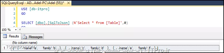 با سلام
همان طور که دوست عزیزمون راهنماییتون کردن در sql server 2016 مطابق راهنمای خود میکروسافت می تونید از جداولتون خروجی json بگیرید : 
این عکس و بنده از سایت خود مایکروسافت گرفتم :
<center>
||https://dba.tosinso.com/files/get/034552a8-8700-4936-9e81-88b1087689ed||
<center>
---------------------
اما برای نسخه های قبل از 2016 باید چیکار کرد :
استفاده از CLR : توابعی که به زبان های مبتنی بر دات نت نوشته میشن بعد به صورت اسمبلی به sql معرفی میشن
خوب برای تبدیل خروجی جداولتون به خروجی JSON :
سه تا اسمبلی باید توی sql ایجاد کنید با دسترسی Unrestricted : این نوع دسترسی دسترسی کامل است به گونه ایی که به این توابع دسترسی کامل به فایل ها و فولدرهای سرور خودتون هم می دید
ابتدا برای اینکه بتونید همچین اجازه ایی به خودتون بدین که اصلا همچین توابعی تعریف کنید ابتدا باید خاصیت TRUSTWORTHY پایگاه داده مربوطه on باشد همون طور که از معنی کلمه پیدا است با فعال کردن این گزینه بانک اطلاعاتی شما به صورت قابل اعتماد می تونه اسمبلی هایی رو به صورت Unrestricted تعریف کنه .
<center>
||https://dba.tosinso.com/files/get/d39626f2-cc93-4654-a927-ebaf552dbbd1||
<center>
بعد از اینکه TRUSTWORTHY رو فعال کردیم : بروی بانک اطلاعاتیمون راست کلیک می کنیم و در بخش Option از فغال شدن آن اطمینان حاصل می کنیم :
<center>
||https://dba.tosinso.com/files/get/cad6298e-40d3-4233-afc8-3e7609c0d5b5||
<center>
بعد از این کار باید clr_option که اجازه میده اسمبلی های ما به توابع .net دسترسی داشته باشن و فعال کنیم :
ابتدا یک کوئری جدید میسازیم و اجراش می کنیم :
<center>
||https://dba.tosinso.com/files/get/563a304b-eac7-4106-9ad3-f85663321074||
<center>
خوب حالا وقتش رسیده که سه تا اسمبلی رو به Sql سرورمون اضافه کنیم :
سپس فایل های DLL رو به ترتیب پایین اضافه می کنیم به بخش اسمبلی ها :
<center>
||https://dba.tosinso.com/files/get/f6a02f05-713c-469a-ae5b-1dd523848842||
<center>
این سه فایل از آخر همین پست قابل دانلود هستن .
خوب حالا هر سه فایل رو باید در بخش اسمبلی ثبت کنیم یا اصطلاحا Register کنیم :
برای این کار طبق تصاویر پایین مراحل رو پیش میریم :
<center>
||https://dba.tosinso.com/files/get/ec6d45fd-7d77-4172-95b5-ca989667878e||
<center>
بعد از پنجره ی ظاهر شده بروی Browse کلیک کرده و آدرس فایل DLL رو بهش می دیم :
<center>
||https://dba.tosinso.com/files/get/550d220a-9cbd-42fb-bbd7-38bc94608f8d||
<center>
در اخر قبل از اینکه بروی ok کلیک کنیم باید Permission رو بروی Unrestricted بزاریم :
<center>
||https://dba.tosinso.com/files/get/08a18a7d-848c-4e4a-ad4d-72c3087ff265||
<center>
خوب سه تا فایل DLL رو به همون ترتیبی که در عکس واستون مشخص کردم در بخش اسمبلی تعریف می کنید :
<center>
||https://dba.tosinso.com/files/get/f1ef830f-8db3-40c2-8e6f-8e606e502ece||
<center>
خوب حالا پس از اضافه کردن سه اسمبلی باید از تابعی که داخل اون برای تبدیل خروجی جداول SQL به Json استفاده کنیم :
اسم اسمبلی هست : JSON.SQL
اسم کلاسمون هست : StoredProceduresAndFunctions
اسم فانکشن یا تابع ما هست : xf_JSON_Query
به سه تا پارامتر بالا جهت استفاده از اسمبلی نیاز داریم :
خوب حالا باید یک فانکشن توی Sql ایجاد کنیم و بگیم که از اسمبلی با نام فلان و کلاس فلان و تابع فلان استفاده کن :
<center>
||https://dba.tosinso.com/files/get/94150bcd-db98-4ca0-b8c3-321dc1a2c5e1||
<center>
خوب همون طور که میبینید پارامتر اول این تابع دستور SQL ی هست که قرار خروجی اون دستور تبدیل به JSON بشه و پارامتر دوم هم تعیین کننده ی این است که در پارامتر اول از تک کوت یا دابل کوت استفاده کردیم که باید 0 باشه .
<center>
||https://dba.tosinso.com/files/get/a6f04bfc-551a-415b-a845-e63876a2fc61||
<center>
خوب حالا باید تابعمون و تستش کنیم :
اینم نتیجه ی نهایی :
<center>
||https://dba.tosinso.com/files/get/e5afc3b6-1cb0-4fd6-b136-df24062e25f7||
<center>
اطلاعات جدلمون این بوده که خروجی JSon ش شده این :
<center>
||https://dba.tosinso.com/files/get/cfde8873-82e6-4abf-bbfd-c3c528b9cb37||
<center>
|دانلود فایل های DLL مورد نیاز::https://www.mediafire.com/?p8s1cc41mrm3yxc|