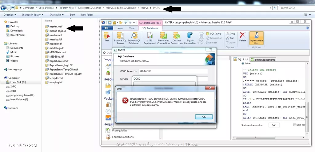 باتشکر از راهنماییتون.من بانک رو از مسیر درایو C برداشتم و باکمی تغییر کوئری رو در SQL اجرا کردم، بانک رو با تمام جداول و داده ها ایجاد کرد.بانک تازه ایجاد شده رو هم از درایوC برداشتم و کوئری درست رو در advanced installer اجرا کردم.بانک رو در مسیر ایجاد میکنه با جداولش ولی خطای زیر رو هم میده:
||https://programming.tosinso.com/files/get/e5ef3a5e-0248-40f7-8d35-de8be3f9bfef||

خودش بانک رو میسازه، خودش هم خطای تکراری بودن نام رو میده. باید چیکار کنم؟
ممنون