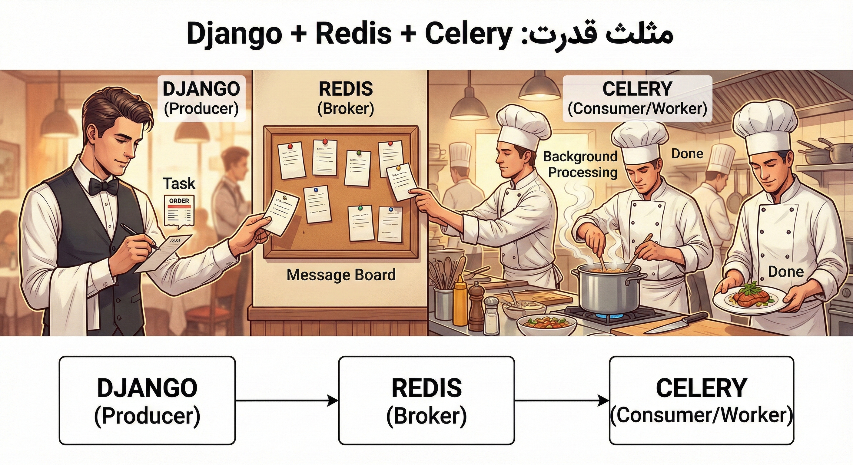 مثلث قدرت: Django + Redis + Celery