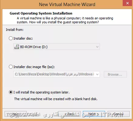 در این آموزش قصد دارم نحوه راه اندازی و استفاده از نرم افزار Net Support School رو بر روی VMware به صورت شماتیک توضیح بدم گرچه این روش در عمل کاربردی نداره ولی یک روش تمرینی خوب برای یاد گرفتن این نرم افزار کاربردی است. قسمت اول این اموزش مربوط به راه اندازی ماشین مجازی هست (اگر اشنایی دارید به بخش دوم مراجعه کنید) و بخش دوم استفاده از نرم افزار Net Support  ، در این مطلب آموزشی بر اساس یک سناریو نصب و راه اندازی VMWare و اتصال آنها به اینترنت و ایجاد یک شبکه داخلی و سپس راه اندازی نرم افزار کاربردی Net Support بر روی 3 ماشین VMWare که یکی از آنها به عنوان دستگاه معلم (Tutor) و 2 دستگاه دیگر به عنوان دانشجو (Student) شبیه سازی میشود.بر طبق این سناریو به ترتیب زیر 3 ماشین VMWare ایجاد میشود.
قدم اول : ایجاد یک ماشین مجازی جدید به ترتیب زیر:
||http://tosinso.com/files/get/c422d8d5-5359-4b5d-90c2-fcb1334963ef||
قدم دوم : یکی از دو حالت Typical یا Custom را انتخاب کرده و Next را میزنیم.
||http://tosinso.com/files/get/823e8f27-f990-4c0b-aecc-6d8c7c62d77e||
قدم سوم : در این مرحله میتوانیم محل فایل ایزوی ویندوز 8 را مشخص کرده و یا ان را به بعد موکول کنیم.
||http://tosinso.com/files/get/e76fa852-0add-402d-bf8f-fbc98eacfa0f||
قدم چهارم : در این مرحله نوع سیستم عامل و ورژن محصول را انتخاب میکنیم.
||http://tosinso.com/files/get/cf51fbad-5deb-4a73-a59a-382aec627b84||
قدم پنجم : نام ماشین مجازی را مشخص میکنیم.
||http://tosinso.com/files/get/3e1aa1aa-a0ca-4a3f-a1b6-4395d6e32c1f||
قدم پنجم : سپس با زدن Customize Hardware میتوانیم تنظیمات سخت افزاری ماشین مجازی را به دلخواه خود انجام دهیم.
||http://tosinso.com/files/get/25545a3a-c7b0-4914-b95c-03aed588ef1b||
قدم ششم : در این مرجله مقدار RAM ماشین مجازی را از طریق اسکرول تعبیه شده در سمت راست تعیین میکنیم
||http://tosinso.com/files/get/da09ec39-1df7-4d9b-aac9-fd883305fda9||
قدم هفتم : سپس تعداد پردازنده ها را مشخص میکنیم.
||http://tosinso.com/files/get/1d0edb30-b02e-40c6-85c2-5574c6e1d227||
قدم هشتم : در این مرحله حالت کارت شبکه خود را تعیین میکنیم. با توجه به شکل زیر 5حالت کارت شبکه مجازی در Vmware در نطر گرفته شده است که با توجه به سناریو NAT میتواند بهترین گزینه باشد.(نیاز به انصال هر ماشین به اینترنت بوده و ماشین ها باید به یکدیگر متصل شده و همدیگر را ببینند.)
||http://tosinso.com/files/get/f8e997b9-4baa-4268-86ad-4f2e0f0222f0||
قدم نهم : سپس مسیر فایل ایزوی سیستم عامل را تعیین میکینم.(در این سناریو هر 3 ماشین VM ویندوز 8.1)
||http://tosinso.com/files/get/87f047ce-6fe4-4f63-b3d0-e83871c302d7||
قدم دهم : سپس ویندوز 8 را نصب میکینم.
||http://tosinso.com/files/get/216fe59a-573e-4caa-ab1b-b3cd65d782ed||
قدم یازدهم : بعد از نصب هر VM میبایست برای هر ماشین VM Tools را هم برای راحتی کار و همچنین انتقال فایل نصب نرم افزار net support به ترتیب زیر نصب میکنیم
||http://tosinso.com/files/get/63d756e9-0dce-49e3-9133-8748cf1b65d6||
 قدم دوازدهم : همانطور که در شکل زیر میبینیم درایو مجازی VM Tools بر روی ماشین مجازی Mount شده و به راحتی کار نصب را انجام میدهیم.
||http://tosinso.com/files/get/e50fa9fe-5369-4f2f-9595-7865d66f7ae8||
قدم سیزدهم : فایل نصب نرم افزار Net Support را از سایت www.netsupportschool.com دانلود کرده و با توجه به نصب VM Tools فایل setup را به راحتی بر روی هر 3 ماشین کپی میکنیم.
||http://tosinso.com/files/get/3a7ac53b-a43d-4d6b-a562-f58857315000||
قدم چهاردهم : سپس بر روی ماشین Tutor فایل setup نرم افزار net support را اجرا کرده و آن را نصب میکنیم. و مراحل زیر را تا نصب کامل نرم افزار طی میکنیم.
||http://tosinso.com/files/get/1649c9b5-40b6-4119-87ab-30d4c5267f1f||
||http://tosinso.com/files/get/458a6a5a-586b-49d4-8109-ecc8097e1ae5||||http://tosinso.com/files/get/96eafb8c-56d5-477e-81ed-88eac296b9d5||
قدم پانزدهم : در این مرحله نوع کاربری net support را مشخص کرده که بر طبق سناریو برای یک ماشین Tutor و برای 2 ماشین student را نصب میکنیم.
||http://tosinso.com/files/get/36d33d42-ebea-40f2-980b-3f4f6ae16b1b||
||http://tosinso.com/files/get/db9bcd32-9c35-4e83-a9dd-cdb9e4ef1133||
قدم شانزدهم : بعد از اتمام نصب net support بر روی 3 ماشین مجازی در صورتی که هر 3 ماشین دسترسی به اینترنت نداشته باشند مراحل زیر را انجام میدهیم. ابتدا از منوی Edit گزینه Virtual Network Editor  را انتخاب کرده.
||http://tosinso.com/files/get/c7dc2761-ebdd-41a8-81d8-69dc5c804b73||
قدم هفدهم : با توجه به سناریوی تعیین شده برای هر 3 ماشین کارت شبکه در حالت NAT قرار داده شده در Virtual Network Editor بر روی VMnet 8 کلیک کرده تا تنطیمات NAT برای ماشین مجازی را انجام دهیم. همینطور که مشخص است کارت شبکه  در حالت NAT که بر روی سیستم عامل کامپیوتر میزبان ایجاد شده دارای محدوده IP : 192.168.113.0 بوده و بنابراین به منطور ایجاد ارتباط بین 3 ماشین مجازی این 3 ماشین هم باید از همین range ای پی اختصاص داده شود. به این منظور باید تیک use local DHCP service to distribute ip address to VMS را زده تا به هر سه ماشین از رنج IP مورد نطر به صورت اتوماتیک داده شود.(با این کار هم دسترسی به اینترنت برای 3 ماشین فراهم شده و هم هر 3 ماشین همدیگر را دیده و میتوانند با یکدیگر ارتباط درون شبکه ای داشته باشند.
||http://tosinso.com/files/get/3424910e-2f2b-4255-866e-2e8218e5e0ae||
بعد از این کار بر روی ماشین Tutor  آی پی های 2 ماشین دیگر را ping کرده تا از داشتن ارتباط اطمینان حاصل کنیم. بدین صورت هر 3 ماشین مجازی آماده برقراری ارتباط از طریق net support را داشته و میتوانیم محیط آموزشی net support را استفاده کنیم.
1- ایجاد یک room مجازی در ماشین Tutor: با اجرای نرم افزار net support پنجره زیر باز شده و استاد باید فیلدهای مربوطه را به ترتیب زیر پر کرده و سپس اتاق مجازی آموزشی را ایجاد کند.
||http://tosinso.com/files/get/20e36747-eb63-4f1c-9b77-ff19a8514c73||
2- بعد از کلیک کردن بر روی دکمه new پنجره زیر باز شده و استاد باید یکی از حالتهای زیر را به عنوان شروع کننده کلاس انتخاب کند. مورد اول Room Mode میباشد که این حالت به شما اجازه میدهد که کامپیوترهای داخل یک کلاس را گروه بندی کرده و دانشجویان میتوانند به این اتاق اموزشی برای شروع کلاس بپیوندند. حالت دوم  PC Mode میباشد که به شما اجازه میدهد که یک تعدادی کامپیوتر را که با هم در یک اتاق در اتصال هستند از طریق کابل را به هم متصل کرده و یک کلاس مجازی آموزشی تشکیل دهید. حالت سوم User Mode میباشد که به شما اجازه میدهد یک تعداد دانشجو را با استفاده از پروفایل های انها به کلاس اضافه کنید. حالت چهارم یک حالت ساده بوده که در ان شما به سادگی میتوانید شبکه موجود را جستجو کرده و همه دانشجویان را به کلاس مورد نظر اضافه کنید.
در این سناریو ما از حالت دوم استفاده میکنیم.
||http://tosinso.com/files/get/6b6cc5f8-5dcb-4fc8-8146-14b1744ccfa2||
3- در این مرحله پنجره Create Class باز شده و در این مرحله باید PC های دانشجویان کلاس را ابتدا جستجو کرده و سپس همه انها رو به کلاس اضافه کنیم.
||http://tosinso.com/files/get/be28d2da-cf20-4773-b06f-c3fdb16da00a||
||http://tosinso.com/files/get/7661349e-a09e-4f09-92e9-af40f2774d9b||
4-دبعد از ایجاد کلاس پنجره اصلی نرم افزار به صورت زیر میباشد و دانشجویان اضافه شده قابل روئیت میباشند.
||http://tosinso.com/files/get/4b4fd644-7999-4cf0-a5d8-3299d62a5923||
5- تب دوم این اجازه را به استاد داده تا نمایی از desktop های دانشجویان حاضر در کلاس را روئیت کرده و به نوعی انها را کنترل کند. علاوه بر ان استاد قادر است با کلیک کردن بر روی هر کدام از پنجره های پیش نمایش دسکتاپ دانشجویان به صورت remote به کامپیوتر دانشجوی مورد نظز دسترسی پیدا کند.
||http://tosinso.com/files/get/ace1446a-e122-460d-9987-f9b463cb2894||
6- در تب سوم که با ایکون های هد ست مشخص شده است استاد قادر است با کلیک بر روی Announce نوعی اطلاع رسانی را به دانشجویان ارسال کند. علاوه بر این استاد قادر بوده که با برداشتن تیک های بلندگو و میکروفون انها را از در کامپیوترهای دانشجویان از کار بیندازد.
||http://tosinso.com/files/get/9f032a1c-4787-4699-b565-85d2642adce8||
||http://tosinso.com/files/get/0379be7c-1a46-4d1c-b867-a36e50371cf6||
7-  در تب بعدی استاد قادر بوده که انواع سوالات را برای کل کلاس یا بخشی از کلاس مطرح کرده و جواب را هم از سوی دانشجویان دریافت کند.
||http://tosinso.com/files/get/c43fd40a-56a3-4579-afa2-0d3c41e151c3||
اولین مدل از سوالات First to answer میباشد که استاد با مطرح کردن یک سوال در کلاس گزینه مورد نظر را کلیک کرده و دانشجویان بر روی کامپیوترشان با پیغام زیر مواجه شده و اولین دانشویی که بر روی answer کلیک کند قادر خواهد بود تا سوال را جواب دهد.
||http://tosinso.com/files/get/95439e52-493b-4c49-9402-0a32e6e1f655||
||http://tosinso.com/files/get/38b943ed-8471-4716-adaf-fb8c6d71ded0||
بعد از پاسخ دادن به سوال بر روی پروفایل دانشجوی مورد نطر به شکا زیر 2 گزینه تیک و ضربدر در اختیار استاد قرار گرفته و صحیح یا نا درست بودن پاسخ دانشجوی مورد نظر را میتواند تعیین کند. 
||http://tosinso.com/files/get/a7d4b650-28eb-4d96-9b8f-c848ea3d257f||
در صورت درست بودن پاسخ دانشجوی مورد نظر یک ستاره به عنوان جایزه دریافت میکند.
||http://tosinso.com/files/get/fe29b122-7d8d-4d88-9c36-c5a5c5ab42fc||
نوع دوم سوال Enter an answer میباشد .
||http://tosinso.com/files/get/f0be3aa6-ecc8-4a26-83aa-4baf570f662d||
در این حالت استاد پاسخ صحیح را در کادر مورد نظر وارد کرده و بعد از مطرح کردن سوال بر روی Go کلیک کرده .
||http://tosinso.com/files/get/fea2b766-7725-41c2-952c-fadb8d7d2639||
همانطور که در شکل زیر نشان داده شده به محض کلیک کردن Go توسط استاد پنجره ای به شکل زیر در PC های دانشجویان ظاهر شده است
||http://tosinso.com/files/get/4e008f76-53c9-4d19-a40e-2e7d0117e3c1||
 و بعد از اتمام زمان تفکر دانشجویان قادر به پاسخگویی خواهند بود.
||http://tosinso.com/files/get/386151ee-a2eb-4cea-b35f-49f6fdb431e1||
بعد از پاسخگویی به سوال دانشجویان به شکل زیر از پاسخ دیگر دانشجویان مطلع میشوند و میتوانند خود را نسبت به کلاس ارزیابی کنند.
||http://tosinso.com/files/get/b9086a56-03ff-4c51-8ccd-47b4fdc36cd7||
همچنین استاد بعد از پاسخگوی دانشجویان به شکل زیر از پاسخ انها مطلع خواهد شد که رنگ قرمز نشان دهنده پاسخ اشتباه و رنگ سبز نشان دهنده دانشجویانی است که پاسخ صحیح را وارد کرده اند.
||http://tosinso.com/files/get/9ea7cab7-6aa7-4e01-9c4e-94cbfab24849||
در تب بعدی استاد قادر خواهد بود تا نوعی محدودیت برای دانشجویان کلاس از لحاظ دسترسی به  وب سایت های مختلف تعیین کندو ستون سمت راست برای وب سایت های ممنوعه بوده که استاد با کلیک بر روی علامت مثبت (سبز رنگ) وب سایت های ممنوعه را تعیین کند و در اینصورت دانشجویان قادر نخواهند بود به وب سایت های مذکور دسترسی پیدا کنند.
||http://tosinso.com/files/get/d8048463-751d-4453-ae99-dcd5a8c7405b||
از ستون چپ نیز استاد قادر بوده تا وب سایت های مورد تایید را اضافه کند و اجازه دسترسی را به دانشجویان داخل کلاس به وب سایت های مذکور بدهد.
||http://tosinso.com/files/get/589718f6-fc60-49b9-9985-800e2d2eb8f8||
علاوه بر این استاد قادر بوده با استفاده از دکمه های پایین صفحه  همه وب سایت ها را بلاک کند.
||http://tosinso.com/files/get/0f56aec7-c81f-4ee3-80c6-c9c1d1f93930||
در تب بعدی استاد قادر خواهد بود نوعی همه پرسی از کلاس انجام داده تا به نتیجه مورد نظر با استفاده از جواب ها برسد.
||http://tosinso.com/files/get/111fb50a-c772-4a68-85c9-6a3786756ebd||
در این تب ابتدا استاد سوال رو مطرح کرده و نوع پاسخ را از نوار کیک کشویی زیر response انتخاب کرده و سپس بر روی send کلیک کرده و ان را برای همه دانشجویان ارسال کند.
||http://tosinso.com/files/get/fe6c9156-519e-43a2-8ef5-b14047da890c||
به محض ارسال سوال پنجره زیر برای همه دانشجویان باز شده و میتوانند به سوال پاسخ دهند.
||http://tosinso.com/files/get/4700ffba-1dec-4e2f-a5f6-e13b72993e86||
بعد از پاسخ دادن همه دانشجویان استاد قادر خواهد بود تا از ستون سمت راست درصدی از پاسخ های تعیین شده را مشاهده کرده و ارزیابی مورد نظر را از سوال خود انجام دهد.
||http://tosinso.com/files/get/3371a176-c0f2-44e0-b907-2437197d2d3f||
تب بعدی دسترسی پرینتر به دانشجویان میباشد که استاد با استفاده از دکمه های پایین پنجره میتواند عملیات پرینت را متوقف و بلاک و یا برای همه دانشجویان آزاد کند.
||http://tosinso.com/files/get/6efcb071-3ec3-4396-858e-73aa8fe0ab01||
در تب بعدی استاد قادر خواهد بود تا فرایند مانیتورینگ فعالیت های دانشجویان را با کلیک بر روی Monitor Activity فعال یا غیر فعال کند و علاوه بر ان از این تب استاد قادر است دانشجویان را بلاک کند. 
||http://tosinso.com/files/get/2b3ac1f5-48b6-4860-8f14-02fe9e29cc53||
در تب بعدی استاد میتواند سطح دسترسی دانشجویان را به CD/DVD و USB تعیین کند.
||http://tosinso.com/files/get/f2d8851f-a280-4c91-b15f-781145d9dd4a||
آخرین تب یکی از پر کاربردترین تب ها بوده که استاد قادر است با ایجاد یک صفحه White Board تدریس را انجام دهد. برای نمایش White board برای همه دانشجویان استاد بر روی Show کلیک کرده که به محض کلیک صفحه White Board بر روی مانیتور دانشجویان ظاهر میشود. در این صفحه ابزارهای زیادی برای تدریس همچون ایجاد متن و استفاده از قلم و خطوط و اشکال مختلف به تدریس بپردازد. علاوه بر ان استاد میتواند رنگ قام و ضخامت ان و همچنین فونت متن ها را تغییر دهد و در نهایت میتواند صفحه کذکور را ذخیره و صفحه جدیدی ایجاد کند.
||http://tosinso.com/files/get/ada000e7-0f9b-43af-9c34-a189be039f81||
یکی از منوهای کاربردی در این نرم افزار استاد میتواند تکالیف مورد نظرش را برای دانشجویان به طریقه زیر ارسال کند.
||http://tosinso.com/files/get/2896704a-8fdd-4dae-9f3b-b79a39014eeb||
بعد از انتخاب Send Work پنجره زیر باز شده و استاد میتواند تکلیف کورد نظر را که در قالب یک فایل text ذخیره کرده است را انتخاب کرده و همچنین تایین کند که فایل مورد نظر در چه مکانی از PC های دانشجویان کپی شود.
||http://tosinso.com/files/get/c0e03536-c30b-4855-bab8-66fbb6028b8f||
 سپس با کلیک بر روس send فایل text بر روی PC دانشجویان کپی میشود .
||http://tosinso.com/files/get/57210fb5-f5ce-4204-8db9-cffb9c23b4b9||
و دانشجویان قادر خواهند بود که فایل مورد نطر را باز کنند و محتویات تکلیف تایین شده از طرف استاد را ببینند.
||http://tosinso.com/files/get/b123fd5a-c981-4f8e-93a2-6f8b19764f49||
از دیگر منوهای کاربردی برای استاد ایکون های Lock , Unlock می باشد که استاد در صورتی که نیاز داشته باشد از دیدن صفحه نمایش خود برای دانشجویان جلوگیری کند بر روی Lock کلید کند.
||http://tosinso.com/files/get/7cd4174b-5e72-4557-8829-a89cd38b499d||
به محض کلیک استاد بر روی Lock صفحه نمایش PC های دانشجویان به وضع زیر خواهد درامد.
||http://tosinso.com/files/get/824e86cf-bae2-4893-b83f-98eee194ff4d||
از منوی show استادی میتواند صفحه نمایش خود را به حالتهای مختلف برای دانشجویان برای انجام تدریس در بیاورد.
||http://tosinso.com/files/get/dab9a896-a5ad-43d2-ab1c-3dfaa806d6c6||
نحوه حضور و غیاب با استفاده از نرم افزار Net Support به شکل زیر بوده و استاد با کلیک بر روی منوی Student register انها را در کلاس ثبت نام کند. 
||http://tosinso.com/files/get/3c183ee7-76e8-4582-b18d-21d93a276350||
به محض کلیک استاد بر روی register پنجره ای به شکل زیر بر روی صفحه نمایش دانشجویان ظاهر شده که دانشجویان موظف به پر کردن فیلدهای خالی بوده و ان را تایید کنند.
||http://tosinso.com/files/get/9ada9676-2aec-4af3-a76a-2d1cd9668e05||
بعد از انجام حضور و غیاب استاد میتواند یک گزارش از ان را در قالب یک فایل با پسوند .csv ذخیره کند.
||http://tosinso.com/files/get/360717e1-6f4f-4c6f-b18d-85197b6afa0f||
همچنین استاد میتواند با کلیک بر روی registration report کلیک کند.
||http://tosinso.com/files/get/773a472f-124e-4362-b5ee-6a18a228ae53||
به محض کلیک بر روی registration report میتواند گزارشی از دانشجویان حاظر در کلاس و فعالیت های انها مشاهده کند.
||http://tosinso.com/files/get/c499c1b6-048b-4abb-a841-0fa9fb9c26cf||
از دیگر قابلیت های این نرم افزار chat , ارسال پیغام خصوصی از طرف استاد به دانشجویان میباشد.
||http://tosinso.com/files/get/e14a8f27-cb16-4a9f-aa1a-b020b050abd5||
در شکل زیر نمونه ای از محیط chat باز شده توسط استاد با یک دانشجو میباشد.
||http://tosinso.com/files/get/d3ee9b19-2dcb-45cf-add0-d4c87dba65cc||
در پایان استاد میتواند کلاس را به طرز زیر به پایان برساند.
||http://tosinso.com/files/get/13c9666a-fb77-4b8b-bddd-d6aedc050515||


نویسنده : رضا حاج فرج 
منبع : |جزیره مجازی سازی وب سایت توسینسو::https://tosinso.com/virtualization|
هر گونه کپی برداری بدون ذکر منبع غیر اخلاقی است. 
