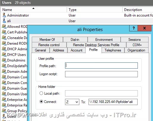 برای این کار روش های مختلفی وجود دارد (این روشی که توضیح میدم من خودم ازش استفاده میکنم )در این روش کاربران به صورت عادی فولدر خودشان را به صورت map drive  مشاهده میکنند و در صورت لزوم میتوانند به صورت ftp به همان فولدر دسترسی داشته باشند 
ابتدا ftp  را نصب می کنید
||http://network.tosinso.com/files/get/ecc3b85d-1291-4a35-b05e-78d8bbd86bf3||
فولدر مورد نظر را share کرده و permission لازم را تنظیم نمایید
(من کاربرانی را که میخواهند از ftp  استفاده کنن را داخل یک گروه جدید اضافه کردم با نام ftp )
 در قسمت FTP Authorization به این گروه دسترسی خواندن و نوشتن بدهید (می تواند فقط دسترسی خواندن داشته باشد)
||http://network.tosinso.com/files/get/3fed031d-31a3-4b80-9660-0a49f596c5e6||
در قسمت  USER ISOLATION یک یوزر ست میکنیم (می توانید داخل اکتیو دایرکتوری یک یوزر برای همین قسمت ایجاد کنید)
||http://network.tosinso.com/files/get/28dc94e2-7f58-41f8-be7c-19545b33efc9||
داخل اکتیو دایرکتوری برای کاربران Home folder ایجاد میکنید (همان مسیر فولدر ftp)
||http://network.tosinso.com/files/get/e7aaaaa2-37ed-4252-820a-5150c4c39636||
با ابزار ADSI edit  خصوصیات مربوط به ftp  کاربران را تنظیم کنید( خصوصیات ftp  را میتوانید از طریق Powershell هم تنظیم کنید)
||http://network.tosinso.com/files/get/089a5d1e-b8b2-4bd4-8476-16233d47f906||
||http://network.tosinso.com/files/get/50833653-fb99-4ac5-9933-bf06b5344541||
با زدن آدرس ftp  مورد نظر و وارد کردن نام کاربری و کلمه عبور هر کاربر وارد فولدر مربوط به خودش خواهد شد
||http://network.tosinso.com/files/get/9572facc-bfdc-45fc-86f0-f95e035a30b9||