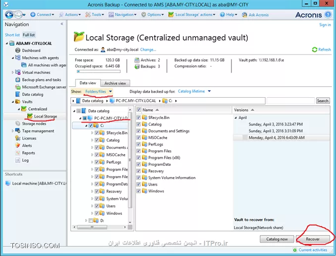 وقتی نوبت به ریکاوری می رسد باید برسی کنید چگونه اینکار را انجام دهید:
به Managed Machine وصل شویم؟
یا از طریق ایجاد یک Recovery Task؟
اگر Managed Machine قادر نیست Boot کند باید از طریق Bootable Media آن را بوت کرد و بصورت Bare metal آن را ریکاوری کرد.
Acronis قادر است یک سیستم عامل را از Bios-based به UEFI منتقل کند. 
یا می توانید یک Full Backup را بر روی یک سخت افزار متفاوت ریستور کنید. اگر در دو حالت سیستم بعد از ریکاوری قادر به Boot شدن نبود می توانید بوسیله Universal Restore tool سرویس و درایورهای ماشین جدید را نصب و مشکل را برطرف کرد.
ممکن است شما در حین پروسه ریکاوری مجبور شوید Disk ماشین مقصد را تعقیر دهید که Acronis یک ابزار Disk Management برای این منظور ایجاد کرده که حین بوت ماشین می توانید تعقیرات لازم را انجام دهید.
تمام موارد بالا را اگر خدا بخواهد یاد خواهیم گرفت.
!! Creating a recovery task
--
اولین قدم در این راستا ایجاد یک Recovery Task می باشد. 
اجازه بدید ببینیم چه گذینه های در Recovery Task وجود دارد و آنها را یاد بگیریم.
||http://tosinso.com/files/get/49db0388-8847-40f6-8b34-72407db85253||
||http://tosinso.com/files/get/2ecfd9a1-63c7-4e9c-b962-d14af2370894||
# در این قسمت شما باید اطلاعاتی که قرار Recover کنید را انتخاب کنید.
# در این قسمت باید Client/Serverی که این اطلاعات باید بر روی آن ریستور شود را انتخاب کنید. که بصورت اتومات انتخاب می شود.
# در این قسمت مقصد اطلاعاتی که قراره Recover بشه تعیین می شود.
# تنظیمات رو نویسی اطلاعات که سادس و نیاز به توضیح خاصی ندارد.
# کی عملیات Recover شروع شود؟ که می توانیم در اینجا تعیین کنیم.
# در این قسمت یک نام برای این Task و تنظیمات پیش فرض آن و مجوزی که این Task بوسیله آن اجرا شود. 
نکته: User قسمت Task credentials باید عضو گروه Administrators and Backup Operators سیستم مقصد باشد. 
چون ما در یک محیط متمرکز و مدیریت شده هستیم (domain) اجازه ندهید هر Agent ی که بر روی سیستمی نصب شود یک User برای خود ایجاد کند. شما می توانید یک User ایجاد کنید و آن را بوسیله GP عضو Local Administrators and Backup Operators  کنید. تا در هر Taskی مجبور نشوید برای هر Taskی یک User انتخاب کنید. ولی این روش یک ریسک امنیتی می باشد. پس مواظب این User مهم باشید. (این روش منه شاید روش شما فرق می کنه) 
درضمن اگر می خواهید بوسیله این کاربر به Managed Machine ها وصل شوید این کاربر را عضو Acronis Remote Users کنید. همانطور که می دانید بر روی هر Managed Machineی یک گروه به همین نام ایجاد می شود و فقط کاربران عضو این گروه می توانند به Managed Machine ها وصل شود.
سناریو:
بر روی یکی از Client ها یک شازده ندانسته تمام Profile های کاربران را از درایو C پاک کرده ولی خوشبختانه از آن کلاینت یک Full Backup دارم. الان چطور آن File ها را Restore کنم؟
خیلی ساده یک Recovery task ایجاد می کنم و آن اطلاعات را انتخاب می کنم.
||http://tosinso.com/files/get/b074ea00-ea7f-4e68-9d6c-7bc17907493d||
وقتی Ok کنم بقیه تنظیمات هم اعمال می شوند.
||http://tosinso.com/files/get/1471f60e-8cc5-4c28-807f-35dfda953ca9||
||http://tosinso.com/files/get/057b1c15-0e84-48ba-94bd-3844e6c080df||
بعد از اتمام پروسه Recovery اکرونیس یه هشداری میده که باید سیستم را Reboot کنید. و بعد از آن 
||http://tosinso.com/files/get/665ecd05-b84a-4edb-b2b0-1f2d0899bff9||
تا به اینجا رسیده ایم یک نقطه ای را بگم:
گاهی وقتا شما در قسمت Data Catalog داده ای را مشاهده نمی کنید. وعلت این امر دو چیز است:
# Backup نگرفتن از داده ها.
# غیرفعال بودن Cataloging یا فعال بودن قابلیت Fast Cataloging.
شما می توانید Data Catalog را بر روی Managed Machine, Management Server and Storage node فعال کنید.
برای فعال کردن این قابلیت بر روی Managed Machine به آن ماشین وصل شوید و :
||http://tosinso.com/files/get/352e55f3-341f-4fdb-bfe6-674481c4b311||
برای فعال کردن Data catalog  بر روی Management Server کلید زیر را اد کنید:
||http://tosinso.com/files/get/064aec09-3d6b-43e3-ba9f-95dfe8d5d98c||
نکته: اگر پارامتر Enabled را پیدا نکرده اید این به معنی فعال بودن این قابلیت بر روی آن سرویس می باشد.
نکته: فعال کردن Data Catalog بر روی Storage node مانند روش بالاست.
نکته: داده ای زیر را نمی تون Catalog کرد:
||http://tosinso.com/files/get/3a21cfd6-7643-48a4-b7ef-447f8cad3d58||
در واقع شما از دو روش می توانید به داده های که می خواهید Recover کنید دسترسی داشته باشید. یک روش که در بالا توضیح داده شد و روش دیگه استفاده از Vault می باشد. بدین صورت، وارد Vault مورد نظر شوید و 
||http://tosinso.com/files/get/e808b3ee-2614-425e-89ca-eea62215e74f||
بعد از زدن دکمه Recover 
||http://tosinso.com/files/get/555ff90a-38d8-461a-a530-0fc553948c15||
  به صفحه بالا منتقل می شوید.
نحوه ریکاوری کردن وقتی که به Managed Machine وصل می شوید دقیقا مانند روش بالا می باشد با این تفاوت که وقتی می خواهید مقصد داده ها را انتخاب کنید نمایش داده نمی شود چون بدیهی هستش، مقصد داده ها بر روی همین Managed Machine می باشد.
||http://tosinso.com/files/get/96fc2374-12ce-4b3a-87e0-49cca23e8921||
سناریو :
یکی از سیستم های من به علت حذف شدن فایلهای سیستمی آن از کار افتاده و نمی توانم بوت کنم. ولی خوشبختانه یک Full backup از قبل از این سیستم دارم که می توانم آن را به حالت قبل برگردونم.  
الان چگونه این سیستم را ریکاور کنیم؟
به سادگی شما می توانید یک Bootable media در Management Server ایجاد کنید (نحوه ایجاد کردن این مدیا را در جلسه بعدی توضیح میدم) و بوسیله آن سیستم را بوت کنید. 
وقتی که سیستم را بوت کردید اولین قدم تنظیمات کارت شبکه می باشد که باید یک IP هم رنج شبکه خود بدهید که بتواند با Storage های که فایلهای Backup را ذخیره می کنند ارتباط داشته باشد
||http://tosinso.com/files/get/88bfe1de-88be-4c41-b8eb-7508511ed9ca||
||http://tosinso.com/files/get/d7651466-418d-4143-a10b-ddfb230e484e||
||http://tosinso.com/files/get/111b432c-e246-424b-9c85-7511bd649520||
||http://tosinso.com/files/get/a57471df-fdd4-400e-876e-1fb196eb92ac||
خب ما در بالا گذینه recover را کلیک می کنیم
||http://tosinso.com/files/get/0df3ea2b-b062-4029-8116-257fe6ab9013||
برای انتخاب فایلهای Backup گذینه بالا را انتخاب کنید. 
||http://tosinso.com/files/get/c8c9dc0b-e504-459e-8162-4a696fc5065c||
||http://tosinso.com/files/get/663ce966-dc21-496a-ac35-ff6800983ab1||
در آخر هم باید مقصد ریکاور شدن فایلها را هم انتخاب کنید و OK کنید. 
شما علاوه بر روش بالا می توانید کل درایو C را هم ریکاور کنید. در سناریو های که درایو C صدمه می بیند یا کل اطلاعات آن پاک می شود.
بدین صورت 
||http://tosinso.com/files/get/0d1f9d63-9fd7-4e50-b5fb-12d8689b3cbd||
شما در بالا MBR دیسکتها را هم مشاهده می کنید. در صورتی آنها را انتخاب کنید که :
# سیستم عامل به هر دلیلی نتواند بوت کند.
# یک دیسک جدید نصب کرده اید که حاوی MBR دیسکت قدیمی نیست.
# قصد ریکاور کردن یک Non-windows loaders مانند LILO and GRUB را داشته باشید.
به هر حال OK کنید.
||http://tosinso.com/files/get/c7aca7c9-637c-420d-8d5d-ba3a7b31f142||
وقتی گذینه بالا را کلیک کنید
||http://tosinso.com/files/get/bc618d3b-df33-4c82-be66-f5904f6be101||
در بالا می توانید تعقیراتی در درایو C ایجاد کنید. 
||http://tosinso.com/files/get/5d31999b-203b-4a92-9954-dcb8a7c0450e||
در بالا در یکی از تصاویر شما گذینه ای به نام NT Signature می بینید و شاید با خودتون بگید این گذینه چی هست؟
NT Signature یک رکورد در جدول MBR می باشد و دیسکی که حاوی OS باشد را تشخیص می دهد. 
این گذینه بصورت پیش فرض بر روی Select Automatically ست شده است یعنی اگر Acronis تشخیص داد که NT Signature مانند همان نسخه ای که در فایل Backup هستش  NT Signature قدیمی دست نخورده باقی می ماند در غیر اینصورت یک NT Signature جدید ایجاد می کند. 

گاهی وقتا پیش میاد دیسک سرور شما به دلایلی از کار می افتاد و شما مجبور می شوید یک دیسکت جدید بخرید و بر روی سرور نصب کنید. در چنین سناریوهای ما چگونه می توانید سرور را ریکاور کنیم. 
برای اینکار من مدتها قبل یک مقاله در اینباره نوشتم که مراحل کار را در  Acronis True Image 2016 می باشد که می توانید از لینک زیر بهش دسترسی داشته باشید. شما در مقاله زیر فقط روند کار را یاد بگیرید. بعد از درک کردن مراحل می توانید تمام تنظیمات را در Acronis backup advanced پیدا کنید. که من به علت طولانی نشدن و تکراری شدن مطلب از توضیح آن خودداری می کنم.
|ریکاوری کردن کل سیستم بر روی یک هارد دیسک جدید بوسیله Acronis True Image 2016::https://tosinso.com/articles/41964/%d8%a2%d9%85%d9%88%d8%b2%d8%b4-%d8%b1%db%8c%da%a9%d8%a7%d9%88%d8%b1%db%8c-%d8%a7%db%8c%d9%85%db%8c%d8%ac-%da%a9%d9%84-%d8%b3%db%8c%d8%b3%d8%aa%d9%85-%d8%b1%d9%88%db%8c-%d9%87%d8%a7%d8%b1%d8%af-%d8%ac%d8%af%db%8c%d8%af-%d8%a8%d8%a7-%d8%a7%da%a9%d8%b1%d9%88%d9%86%db%8c%d8%b3|

!!Recovering BIOS-based systems to UEFI-based
--
همچنین که از عنوان مشخصه Acronis قابلیتی دارد که می توان Full backup سیستمی که با رابط BIOS فعالیت میکند بر روی UEFI و برعکس ریستور کرد. 
قبل از اینکار اکرونیس توصیه های کرده:
# عمل Restoring را بر روی یک uninitialized disks انجام دهید. (اجازه دهید خود برنامه درباره کنترول و ایجاد پارتیشن تصمیم بگیرد)
# موقع انتقال یا ریستورینگ از Linux-based bootable media or WinPE-based bootable media ورژن 4.0 به بعد استفاده کنید. چون نسخه های قبلی UEFI را ساپورت نمی کنند.
# یادتون باشه BIOS ظرفیت دیسکی که بیشتر از 2 ترابایت باشد را ساپورت نمی کند.
*محدودیتها این روش:*
# انتقال یک سیستم عامل Linux از BIOS to UEFI و برعکس پشتیبانی نمی شود.
# انتقال یک سیستم عامل ویندوز از BIOS to UEFI و برعکس به شرطی که فایل Backup بر روی mediaهای زیر ذخیره شده باشد ساپورت نمی شود:
<ltr>
Acronis Cloud Storage
Tape device
Optical discs (CDs, DVDs, or Blu-ray discs)
<ltr>
خب!!!
من قبلا از یک سیستم که از firmware BIOS استفاده می کرد یک full backup تهیه کردم و الان قصد دارم آن را بر روی یک سیستمی که از UEFI پشتیبانی می کند ریستور کنم. 
سیستم مقصد را با bootable media بوت می کنم و تنظیمات شبکه آن را انجام می دهم و گذینه Disk management را کلیک می کنم تا دیسک سیستم جدید را چک کنیم 
||http://tosinso.com/files/get/13cdaa11-52b1-4d44-9abd-f3b561eb7e4a||
بعد از اطمینان گذینه Recover را کلیک کنید
||http://tosinso.com/files/get/0d3f1fb8-c118-4363-a25b-8d0c2b7afe89||
MBR و پارتیشنهای مورد نظر را انتخاب و ok می کنیم
||http://tosinso.com/files/get/db72b4cd-e562-49cb-947b-26f64de7b1c7||
هر کدام از پارمترها مشخص شد در کجا ریکاور می شوند. در اخر ok کنید.
||http://tosinso.com/files/get/c07cf1c4-651b-4bf7-b7ce-9fd5d04f6593||

!!Recovering Volumes:
--
فرض کنید از Volume سیستم ( Volumeی که سیستم عامل روی آن نصب است) یک Backup گرفته اید و قصد دارید این Backup را بر روی یک سیستم دیگر با سخت افزار متفاوت ریستور کنید. بوت شدن سیستم مقصد از طریق این Backup به عوامل زیر بستگی دارد:
*Source operating system:*
سیستم عامل Convertible  یا non-Convertible باشد. سیستم عاملی که Convertible باشد به شما اجازه می دهد Boot Media or boot partition خود را از BIOS to UEFI و بر عکس تعقیر دهد.
نسخه های زیر از ویندوز Convertible می باشند:
||http://tosinso.com/files/get/588f1928-c9a8-4238-ae32-b7dc05e036f9||
*Source and target disk partition style:*
MBR یا GPT، سیستم عاملی که از BIOS استفاده میکند از MBR و سیستمی که UEFI باشد از GPT استفاده می کند.
برای عملیات ریکاوری وقنی که دیسک سیستم مقصد not initialized باشد خود Acronis بصورت اتوماتیک بر اساس Style دیسک مبدا (MBR or GPT) یکی را انتخاب می کند و کل Backup را در دیسک سیستم مقصد ریستور می کند.
اگر در هر صورتی بعد از ریستور کردن Backup در دیسک جدید سیستم عامل Load نشد می توانید از ابزار خود اکرونیس به نام Disk Management  استفاده و دیسکت سیستم مقصد را ویرایش کنید.
در جدول زیر یک خلاصه از بوت شدن یا بوت نشدن سیستم عامل بعد از انتقال آن از BIOS to UEFI یا بر عکس می باشد:
بک گراند سبز رنگ به معنی بوت شدن سیستم عامل بدون نیاز به دخالت کاربر می باشد.
بک گراند زرد رنگ به معنی دخالت کاربر در پروسه ریکاوری می باشد.
بک گراند قرمز رنگ به معنی بوت نشدن OS بعد از انتقال می باشد. 
جدول زیر را از داکیومنتهای اکرونیس برداشتم ولی هر چی می خوام این رنگها رو ببینم دیده نمی شن؟؟؟ فک کنم ذره بین باید داشته باشید D: 
||http://tosinso.com/files/get/f7b199e5-6da4-4fac-ad25-5c7b5c646bd1||

!!Recovering Disks:
--
فرض کنید از یک دیسک با کل Volumeهای آن Backup گرفته اید و قصد دارید این Backup را بر روی سیستمی با سخت افزار متفاوت ریستور کنید. قابلیتی که باعث می شود این Backup بعد از ریستور بر روی سیستم مقصد بوت شود بستگی به سیستم عاملی که بر روی دیسک مبدا نصب شده دارد که آیا  Non-Convertible یا Convertible باشد یا نه؟
اگر دیسک مبدا دارای یک یا چند OS باشد وهمه ی آنها Convertible باشد در حین ریکاوری Boot mode آن بصورت اتوماتیک تعقیر می کند. ولی اگر یکی از سیستم عاملها Non-convertible باشد برنامه دیسک سیستم مقصد را بر اساس دیسکت سیستم مبدا Initialize می کند.
||http://tosinso.com/files/get/86d7b90b-4207-4e3d-8ad5-64e250deef18||

!!Acronis Active Restore: 
--
قابلیتی می باشد که در حین پروسه Recovery سیستم عامل یا دیتابیس را Load می کند و پس از Load کردن سرویس و برنامه های اولیه و مورد نظر را درخواست می دهد و آنها را ریکاوری می کند  در نتیجه در حین ریکاوری End-User می تواند به دینتابیس یا سیستم عامل وصل شوند و از امکانات اولیه آن استفاده کند تا پروسه ریکاوری پایان پذیرد.
*محدودیتها:*
# از GPT و UEFI پشتیبانی نمی کند فقط BIOS.
# فایلهای Backup فقط باید روی همان کامپیوتر بصورت Local ذخیره شده باشد. به اصطلاح دیگر در این سناریو فقط از Vaultهای محلی مانند Hard Drive, USB, Acronis Secure Zone و..... می توانید استفاده کنید.
# Backup را فقط می توانید بر روی همان کامپیوتر که از آن Backup تهیه کرده اید ریستور کنید نه بر روی سیستم دیگر.

موفق و پیروز باشید

نویسنده: احمد جهلولی 
منبع: |جزیره راهکارهای ذخیره سازی اطلاعات وب سایت توسینسو ::https://tosinso.com/virtualization|
نشر و کپی برداری، صرفاً با ذکر نام نویسنده و منبع مجاز می باشد. 