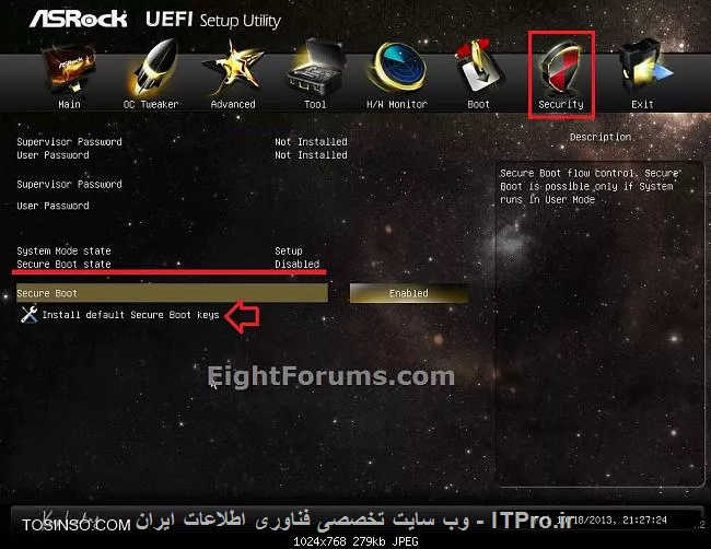 با آموزشی دیگر از سری دوره های مایکروسافت در خدمت دوستان و عزیزان هستم.Secure Boot نام قابلیتی جدید در مادربوردهای مجهز به تکنولوژی UEFI می باشد، که همزمان با روشن شدن کامپیوتر وارد عمل گردیده و تا بوت شدن کامل ویندوز، فایل های اصلی بوت سیستم عامل را توسط الگوریتم های امنیتی خاص قفل و از این روی از آلوده شدن احتمالی سیستم عامل توسط ویروس ها و بدافزارهایی که در فرایند بوت شدن ممکن است ویندوز را آلوده کنند جلوگیری می نماید. 

در واقع این قابلیت با روشن شدن سیستم، از این که هسته ویندوز (Kernel)، توسط ویروس هایی که به هنگام بوت شدن وارد عمل می گردند و آن را آلوده می سازند جلوگیری کرده و از این روی سطح امنیتی سیستم عامل را نیز بالاتر خواهد برد. این ویژگی امنیتی به خصوص در مورد کامپیوترهایی که حاوی اطلاعات مهم و حیاتی هستند، می تواند بسیار مفید باشد. گفتنی ست که کارشناسان امنیت بر این باورند که این قابلیت در نوع خود نقطه عطفی برای سیستم عامل های مایکروسافت به حساب می آید.

ضمن این که این نکته را نیز بایستی مد نظر داشت که با فعال کردن این قابلیت بر روی کامپیوتر، افراد از آن پس به جز ویندوزهای 8  و 10 دیگر قادر به نصب هیچ سیستم عاملی (لینوکس، مک، ویندوز 7، ویستا، ایکس پی و ...) نخواهند بود. پس اگر بخواهیم از Secure Boot استفاده کنیم، لازم است تا پیش از هر گونه اقدامی از این که نسخه های گوناگون سیستم عامل های دیگر هم چون لینوکس و مک قابلیت پشتیبانی از آن را دارند مطمئن گردیم و یا کلا از نصب آن ها صرف نظر نماییم. برای فعال کردن و استفاده از این قابلیت، می توان به دو طریق عمل کرد:

!! 1. از طریق بایوس
بدین صورت که همزمان با روشن شدن کامپیوتر با زدن کلید Del (یا دیگر کلیدهای تعبیه شده برای ورود به بایوس) وارد تنظیمات بایوس شویم و گزینه مرتبط با Secure Boot را فعال یا غیر فعال نماییم. در زیر می توانید چند مثال از مدل های گوناگون بایوس و این که چگونه این قابلیت بر روی آن ها فعال شده است را ببینید:
<center>
||http://tosinso.com/files/get/593d4290-eb7f-4f63-b13c-6c17232a0b75||
||http://tosinso.com/files/get/1c739074-fa8a-427d-bcfa-3f1ac722fb43||
||http://tosinso.com/files/get/feec4980-f8a8-48dc-be32-cac3e4e14a2d||
||http://tosinso.com/files/get/e80e15a1-364e-48f6-af9d-976233a5c81d||
||http://tosinso.com/files/get/befa4d17-9076-48e2-85cb-768520ccef33||
||http://tosinso.com/files/get/dd32db39-08d8-4d5b-9b99-50a02be63fa0||
<center>

!! 2. از طریق ویندوز 8
برای فعال سازی این قابلیت از طریق ویندوز 8، مراحل را دنبال نمایید:
وارد منوی استارت شوید و عبارت PC Settings را تایپ کرده تا وارد صفحه مربوطه گردیم
<center>
||http://tosinso.com/files/get/4c34d8e4-bbc3-4a4b-9fbc-71e9375dc190||
<center>
سپس با کلیک بر روی Update and Recovery مراحل را ادامه می دهیم
<center>
||http://tosinso.com/files/get/506eb014-361b-45f4-93b9-b7c4ad27fd79||
<center>
در قسمت بعد و پس از ورود به بخش Update and Recovery بر روی Restart Now کلیک می کنیم تا کامپیوتر ریستارت گردد
<center>
||http://tosinso.com/files/get/276f9a32-7b02-45ab-956f-7e8e8399fd5b||
<center>
پس از انجام مراحل بالا، کامپیوترمان ریستارت خواهد شد، و آن گونه که در زیر نیز مشاهده می نمایید ویندوز این بار به جای بوت شدن، به ما صفحه دیگری نمایش خواهد داد، که ما نیز با انتخاب گزینه Troubleshoot مراحل را ادامه می دهیم.  (تصویر زیر)
<center>
||http://tosinso.com/files/get/551dd57f-d8b6-4266-971e-3cdbfec52de5||
<center>
و در صفحه بعد، با انتخاب گزینه Advanced Options مراحل را ادامه خواهیم داد(تصویر زیر)
<center>
||http://tosinso.com/files/get/188af15f-b8f4-45da-939b-98b64b2caf6f||
<center>
سپس و در صفحه بعدی گزینه UEFI Firmware Settings را انتخاب می کنیم (تصویر زیر). دقت داشته باشید در صورتی که این گزینه در این صفحه برای شما وجود نداشته باشد، ممکن است قادر به فعال کردن Secure Boot از این طریق نباشید، و لذا پیشنهاد می شود تا آن را به وسیله بایوس فعال کنید.
<center>
||http://tosinso.com/files/get/40cbaf34-629d-4c0a-8d3e-fc27a896a433||
<center>
در نهایت پس از انتخاب گزینه بالا، برای ما صفحه بعد (تصویر زیر)، نمایش داده خواهد شد که با کلیک بر روی Restart قابلیت Secure Boot فعال شده و کامپیوتر در نهایت ریستارت خواهد گردید.
<center>
||http://tosinso.com/files/get/35f31aab-0b4d-48c9-93aa-ee80134ab154||
<center>
تمااااااااااااااااااام!
به همین راحتی!
حال که Secure Boot برایمان فعال شده، از این پس هر بار با روشن شدن کامپیوتر و شروع عملیات بوت، تمامی مراحل از ابتدا تا انتها و پیش از ورود به ویندوز، توسط الگوریتم های امنیتی خاص بررسی گشته و ایمن سازی می شوند، که همین امر موجب می گردد تا ویروس هایی که همراه با بوت شدن ویندوز شروع به کار می کنند دیگر نتوانند وارد عمل شده و از این روی گام مهمی در برقراری امنیت سیستم برداشته خواهد شد.ضمن این که این نکته را مجددا نیز تکرار می کنم: حال که این قابلیت بر روی سیستم تان فعال شده، در نتیجه دیگر به شما اجازه نصب هیچ سیستم عاملی به جز ویندوز 8 و 10 داده نخواهد شد و یا با ایرادات فراوان در نصب مواجه می گردید.
<left>
شاد و پیروز
<left>

نویسنده : اسحاق احمدپور
منبع :| جزیره سرویس های شبکه مایکروسافت وب سایت توسینسو::https://tosinso.com/microsoft|
هرگونه نشر و کپی برداری بدون ذکر منبع و نام نویسنده دارای اشکال اخلاقی است