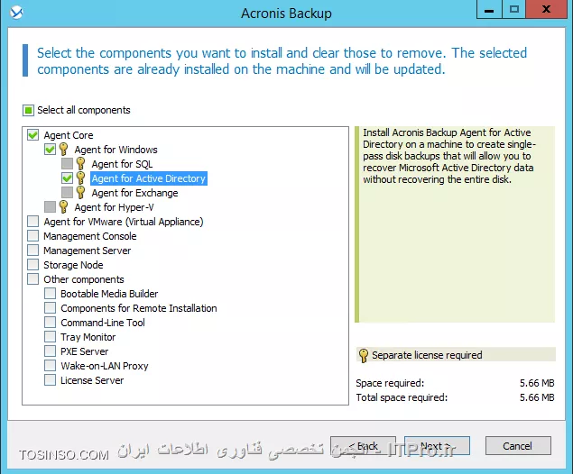 در این قسمت توضیح می دهیم چگونه از متد Single-pass backup استفاده کنیم تا در مواقع اضطراری بتوان داده ها یا کل سرور Active Directory را ریکاوری کرد.single-pass backup چیست؟ single-pass backup یا application-aware backup  یک نوع Disk-Level Backup هستش که شامل اطلاعات metadata سرویس AD می باشد. که اطلاعات مربوط به Active Directory را بوسیله سرویس VSS مایکروسافت Backup گیری می کند. بوسیله single-pass backup شما می توانید اطلاعات مربوط به AD  را ریستور کنید بدون نیاز به ریکاوری کردن کل سرور AD.

* نکته: Single-pass backup برای ماشین های که SQL Server, SharePoint Server and Active Directory را اجرا می کنند مورد استفاده قرار می گیرد.
* نکته: Single-pass backup برای Exchange Server استفاده نمی شود.
* نکته: برای استفاده از Single-pass backup شما باید Agent for Active Directory را بر روی سرور Active Directory نصب کنید.

!! Install Agent for Active Directory 
--
Agent for Active Directory می تواند بر روی OSهای زیر نصب شود:
||http://tosinso.com/files/get/c62bc273-8485-43d1-b888-9e8cd645950b||
نکته: اگر قبلا Agent for Windows را بر روی AD نصب کرده باشید. با نصب Agent for Active Directory این Agent بصورت Add-On به Agent for Windows اضافه خواهد شد.
نکته: Agent for Active Directory را نمی توان بصورت remote نصب کرد.
برای نصب Agent for Active Directory ستاپ Acronis را بر روی AD اجرا کنید و در پنجره زیر:
||http://tosinso.com/files/get/ea981b4d-f97a-41a3-82c8-3c802777cad7||
گذینه بالا را انتخاب کنید. و تا اخر Wizard را پیش برید و این agent را نصب کنید.

!! Active Directory Backup
--
بعد از انجام تنظیمات بالا نوبت به Backup گیری از AD می رسد. برای اینکار یک Backup Task ایجاد می کنیم.
در قسمت What to Backup پارتیشنهای که داده های Active Directory را نگه داری می کند را انتخاب می کنیم. 
اگر می خواهید Active Directory را در مواقعی که کلا از بین رفته Recovery کنید کل Volume ها یا کل دیسک را انتخاب کنید.
||http://tosinso.com/files/get/b4373db3-5c15-4f89-babd-5e600e4ec51d||
در قسمت بعدی باید محل ذخیره سازی فایلهای Backup را مشخص کنیم. همچنین باید Single-pass backup را فعال کنیم.
||http://tosinso.com/files/get/d0854a9c-6fd7-4c55-80f3-38f3ddac5441||
و زمانبندی Backup گیری را بصورت زیر تنظیم می کنم:
||http://tosinso.com/files/get/1be5b18e-476c-43e7-a956-c37157dd9ad1||
اگر آموزشهای قبلی را دنبال کرده اید تنظیمات بالا نیازی به توضیح نداره.
||http://tosinso.com/files/get/c66df829-6d7e-4f88-a627-80196561d0b7||
در قسمت Plan Parameters شما باید مطمئن شوید تنظیمات VSS بصورت زیر ست شده باشد:
||http://tosinso.com/files/get/b7617346-6f49-429a-baa5-e70368f7e344||
همچنین باید یک Credentialsی انتخاب کنید که عضو گروه Local Administrators سرور Active Directory باشد. که بصورت پیش فرض  قسمت  Plan's Credentials بر روی Acronis Services ست شده که از Credentials کاربری که Acronis Services را اجرا کرده استفاده می کند. این Credentials برای اجرای این Task استفاده میشه.
||http://tosinso.com/files/get/5d9c031f-311f-495b-b553-addcb22bd160||
بعد از انجام تنظیمات بالا OK کنید.
بعد از گذشتن زمانی که تعیین کرده اید Backup Task اجرا می شود.

!! Active Directory Recovery
--
ما به دو روش می توانیم AD را ریکاوری کنیم. در مرحله اول باید مشخص کرد که آیا کل سرور AD صدمه دیده یا اطلاعات آن؟؟؟؟
فرضا کل AD صدمه دیده و نمی تواند Boot کند که باز هم ریکاوری کردن AD بستگی به آن دارد که در ساختار غیر از این DC، DCهای دیگری وجود دارد یا نه؟؟؟
مثلا اگر یکی از DCها به کل نابود شد می توان با استفاده از متد |Restoring a Domain Controller Through Reinstallation::https://technet.microsoft.com/en-us/library/cc816620(v=ws.10).aspx| استفاده کنید و DC معیوب را به مدار برگردونید.
ولی اگر یک DC در ساختار دارید به راحتی می توانید بوسیله Bootable Media آنرا بوت کنید و Backup را ریستور کنید. (در آموزش های قبلی این روش را آموزش دادم)
||http://tosinso.com/files/get/f9a74a87-4a14-4c4e-a5bd-dbd37491eccc||
||http://tosinso.com/files/get/84cb3a77-1490-457c-a4f3-fb243b54c764||
||http://tosinso.com/files/get/3977222e-69f3-43db-bdd3-e70e76d810f0||
ولی اگر داده های خود Active Directory صدمه دیده باشد مثلا پوشه SYSVOL یا دیتابیس آن خراب شده است. باز هم ریکاوری کردن AD بستگی به این داره که در دومین چند DC وجود دارد؟؟؟ 
اگر بیش از یک DC در دومین وجود داشته باشد به دو روش می توانید AD را ریکاور کنید:
<ltr>
# Re-promoting the domain controller
# Single-pass backup
<ltr>
شما خیلی راحت می توانید از روش |Re-promoting the domain controller::http://www.tomshardware.com/faq/id-1946870/promote-windows-server-2012-domain-controller-part-prerequisites.html| استفاده کنید و اجازه بدید که AD بوسیله Replication خود را ریکاوری کند.
نکته: در این روش حواستون به رولهای FMSO باشه.
یا می توان از روش دوم استفاده کرد.
یک Recovery Task ایجاد کنید و اطلاعات زیر را انتخاب کنید:
||http://tosinso.com/files/get/f2a5c17d-4116-4fc1-8046-6a1d41ddd301||
و لینک زیر را انتخاب کنید:
||http://tosinso.com/files/get/ff1d0823-6f10-4b1f-b54f-ed9561570a16||
باید مسیری برای Extract کردن اطلاعات بر روی سرور AD انتخاب کنید:
||http://tosinso.com/files/get/ef95ed3d-6c2d-4194-87bc-1e9c67b56dc2||
و در آخر OK کنید.
||http://tosinso.com/files/get/d348d180-2dc7-4051-8108-13036a125814||
اطلاعات بر روی AD ریستور شد. قدم بعدی باید این اطلاعات را Replace کنیم. برای اینکار به محیط Directory Services Restore mode لاگین کنید. 
بعد از وارد کردن پسورد DSRM Account فایلهای Extract شده را به محل اصلی Paste کنید:
||http://tosinso.com/files/get/82a9061e-7776-48b9-a6ec-e32ca2540467||
برای جلو گیری از USN Rollback حتما از VSS خود مایکروسافت استفاده کنید. حدالامکان Backupی را انتخاب کنید که کمترین فاصله زمانی بعد از وقوع Failure را داشته باشد. Backupی که ریستور می کنید نباید قدیمی تر از tombstone life باشد. و بقیه پارامترها که همه از آن اطلاع دارند.
نکته: Acronis برای ریستور کردن ایتم های AD بصورت انفرادی از ابزار Ntdsutil استفاده می کنه. 
Acronis کلا برای اینکار سه روش داره:
||http://tosinso.com/files/get/69494182-96b8-43e6-a21e-7d94d2cf19cd||
توی منابع Acronis هر چی گشتم متدی غیر از متدهای بالا برای Restoring Accidentally Delete Information پیدا نکردم. اگر اینطور باشه واقعا Acronis Backup Advanced قابل مقایسه با Symantec Backup Exec نیست.... در تصویر زیر اطلاعاتی که Backup Exec میتواند بصورت انفرادی ریستور کند را مشاهده می کنید.
||http://tosinso.com/files/get/bdcaf015-2b40-404a-91ec-b5270ede8455||
در پایان این سلسله های آموزشی باید عرض کنم که Acronis قابلیتهای زیادی دیگری هم دارد که وقت نشد همه آنها را در این سری آموزش توضیح و آموزش بدم. 
شما می توانید با Acronis از Exchange, SharePoint, SQL و hypervisorهای همچون VMware and Hyper-V بکاپ بگیرید و در Bad Event آنها را ریکاور کنید. 
در لینک زیر می توانید به تمام E-Book های شرکت Acronis که برای محصولات خود ایجاد کرده دسترسی داشته باشید. 
<c#>
http://www.acronis.com/en-us/support/documentation/
<c#>

موفق پیروز باشید.

نویسنده: احمد جهلولی 
منبع: |جزیره راهکارهای ذخیره سازی اطلاعات وب سایت توسینسو ::https://tosinso.com/virtualization|
نشر و کپی برداری، صرفاً با ذکر نام نویسنده و منبع مجاز می باشد. 