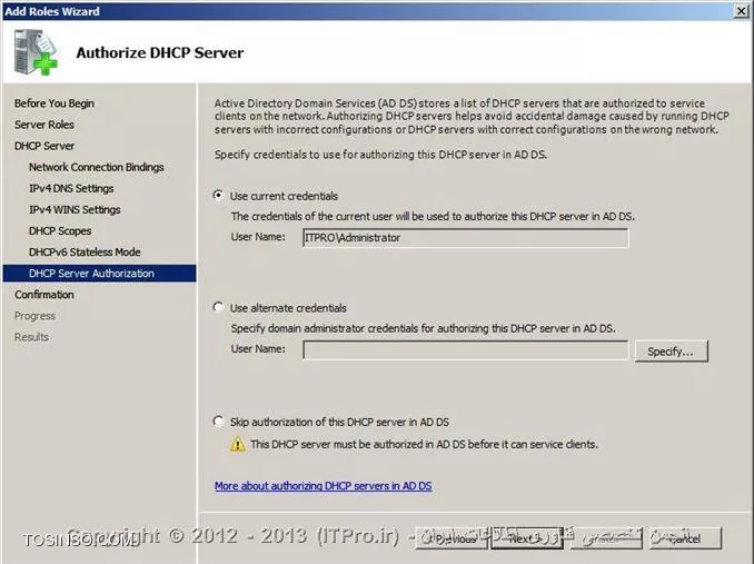DHCP  یا Dynamic Host Configuration Protocol هسته ی یکی از سرویس های زیرساختاری شبکه محسوب می شود که مسئولیت ارائه IP آدرس ها و اطلاعات مربوط به DNS  سرورها به کلاینتها را بر عهده دارد. درمقاله |DHCP Option::http://www.tosinso.com/Articles/Details/541/DHCP%20Options| به معرفی Option ها و گزینه هایی که در نصب سرویس DHCP در ویندوز سرور 2008 به دانستن مفهوم آنها نیازمند بودیم پرداختم.در این مقاله به صورت تصویری نحوه ی نصب رول DHCP را توضیح خواهم داد و نگاهی گذرا به کنسول مدیریتی DHCP در ویندوز سرور 2008 خواهم داشت.

جهت نصب رول DHCP ، اولین موردی که باید به آن توجه داشت و پیش از نصب ،تنظیم مربوط به آن را چک کرد،داشتن Static IP سروری است که قصد نصب رول DHCP بر روی آن را دارید.در صورتی که سرور دارای Static IP نباشد،شما قادر نخواهید بود رول DHCP را بر روی آن نصب کنید.بعد از دادن IP دستی به سرور یا همان تنظیم Static IP باید طراحی های لازم جهت راه اندازی سرویس DHCP را انجام دهید.در طراحی باید موارد زیر را در نظر بگیرید:

* شبکه ای که قصد نصب این سرویس را بر روی آن دارید دارای چند سابنت و چه رنج IP می باشد؟
* IP آدرس های مر بوط به DNS سرور ،Default Gateway  و  دیگر سرورهای حیاتی و مهم در شبکه ،چه IP هایی هستند؟
*  سرویس DHCP مسئولیت ارائه خدمات به چندین کلاینت یا Device را در شبکه دارد؟
* سروری که قرار است سرویس DHCP بر روی آن نصب شود دارای چند کارت شبکه است ؟
* آیا نیاز شما اقتضا میکند که به روی هرکارت شبکه یک Scope  طراحی کنید یا نه ؟
* متناسب با تعداد کارتهای شبکه،چندین Scope خواهید داشت و کدام Scope بر روی کدام کارت شبکه قرار خواهد گرفت؟
* هر Scope باید از چه رنج IP شروع و تا چه رنج  IP ادامه داشته باشد.بهتر است Scopeها از قبل تعیین شوند.
* رنج IP مربوط به Exclusion Range را مشخص کنید.
* پیشنهاد می شود کلاینتهایی را که می خواهید IP آنها در Reservation Range قرار گیرند را مشخص کنید تا از قلم نیفتند.

!! نصب DHCP Role
جهت نصب رول DHCP ابتدا باید وارد کنسولServer Manager شوید،سپس گزینه Add Roles را انتخاب کنید:

 ||http://www.tosinso.com/files/get/49e7db6a-f526-430f-b283-eef0c7313ab5||
||http://www.tosinso.com/files/get/5ac7cf32-5bb3-4e9b-ba6e-ac73fd9855d5||
 سپس در میان رولهای نمایش داده شده در پنجره زیر،رول DHCP را تیک دارو گزینه Next را انتخاب کنید:

||http://www.tosinso.com/files/get/05e5b9ba-1932-4229-ad65-9ea4b7eeff08||
در صورتی که به سرور خود Static IP نداده باشید،در این مرحله اخطاری مبنی بر Static IP نبودن سرور و عدم امکان نصب رول DHCP را دریافت خواهید کرد.
در مرحله بعدی تعداد کارتهای شبکه ای که در سرور شما وجود دارند و شما می خواهید به روی آنها Scope های خود را تعریف کنید، نمایش داده خواهدشد. هرکدام از کارت شبکه هایی که می خواهید Scope های خود را به روی آنها تعریف کنید ،انتخاب یا تیک دار کنید.اصطلاح Connection Binding یعنی اینکه کدام رنجهای IP بر روی کدام کارت شبکه قرار گرفته باشند. 
همچنین شما درحین نصب رول DHCP  میتوانید دیگر تنظیمات مربوط به Scope ها را هم انجام دهید.در صورتی که تمایل داشته باشید Scope های خود را در همان کنسول مدیریتی DHCP انجام دهید،میتوانید از این مراحل بدون پر کردن گزینه های آن بگزرید.در اینجا ما انجام تنظیمات مربوط به Scope ها را به کنسول مدیریتی DHCP واگذار خواهیم کرد.

 ||http://www.tosinso.com/files/get/d954be2c-3741-4e67-87d9-2f18a1386ca6||
سپس در این مرحله مشخصات مربوط به Parent Domain یا دومینی که می خواهید DHCP  سرور بر روی آن فعالیت داشته باشد و همچنین مشخصات مربوط به DNS Server را وارد کنید و سپس گزینه Validate  را انتخاب کنید تا معتبر بودن DNS سرور شما بررسی و تایید شود.در صورت درست بودن IP مربوط به DNS سرور ، عبارت Valid همراه با تیک سبز رنگ در زیر آن قسمت ظاهر خواهد شد.در نهایت گزینه Next  را انتخاب کنید.

 ||http://www.tosinso.com/files/get/047dd83e-aab9-4ec0-9fa9-ef2a23c0e9e2||
در این مرحله در مورد سرویس WINS از شما سوال پرسیده می شود.در صورتی که در شبکه خود از این سرویس استفاده میکنید در اینجا IP مربوط به سرورهای آن را باید وارد کنید در غیر اینصورت گزینه اول را انتخاب و Next را بزنید:

 ||http://www.tosinso.com/files/get/c8f90b3b-bced-48bf-9612-0c8f1d61b39a||
همانطور که در بالانیز اشاره کردم شما میتوانید در حین نصب رول DHCP ، Scopeهای خود را نیز تعریف کنید .اینکار را در این مرحله از نصب رول می توانید انجام دهید.جهت تعریف Scope  کافی است گزینه Add را زده و اطلاعات خواسته شده مربوط به آن Scope را نیز وارد کنید.در غیر اینصورت گزینه Next را انتخاب کنید و وارد مرحله بعد شوید.
 
||http://www.tosinso.com/files/get/5a9b42e5-6711-44c5-8caa-de4dee95a345||
||http://www.tosinso.com/files/get/ae7a8e02-c12b-4299-9df7-3444b4a306d3||

در این مرحله در صورتی که از IPV6 استفاده میکنید میتوانید گزینه اول را جهت فعالسازی DHCPV6 انتخاب کنید.در غیر اینصورت گزینه دوم را انتخاب و Next را بزنید.
 
||http://www.tosinso.com/files/get/7e1dc8f1-17c7-45d1-b44f-abdf4f620325||

همانطور که از عنوان این پنجره بر می آید،در این قسمت نحوه Authorize کردن را انتخاب میکنید.اکتیودایرکتوری لیستی از DHCP سرورهای مجاز را در خود ذخیره میکند .جهت ذخیره و معرفی این DHCP سرور به اکتیودایرکتوری ،در این قسمت کاربری که در اکتیودایرکتوری است را وارد میکنید.در گزینه اول کاربری که با آن مشغول نصب این سرویس می باشید را انتخاب میکند که معمولا این کاربر ادمین است.در گزینه دوم شما نام کاربر دیگری را میتوانید وارد کنید.در گزینه ی آخر هم می توانید از ذخیره و معرفی این DHCP سرور به اکتیودایرکتوری خودداری کنید و گزینه Next را انتخاب کنید.اما همانطور که میبینید در پایین گزینه سوم به شما این هشدار را میدهد که این DHCP سرور برای اینکه بتواند در اکتیودایرکتوری سرویس دهد باید در آن Authorize شود.به هر حال این انتخاب شما می باشد.در نهایت گزینه Next را انتخاب کنید.

||http://www.tosinso.com/files/get/eabf314e-768e-4890-88cc-f4cadc3d7c7a||
 
در آخر خلاصه ای از اطلاعاتی که وارد کرده اید را به شما نمایش میدهد  و شما با زدن کلید Install این اطلاعات را تائید و نصب رول DHCP را آغاز میکنید.در صورتی که قسمتی از اطلاعات به درستی وارد نشده است گزینه  Previous را انتخاب و آن قسمت مورد نظر را اصلاح کنید.

||http://www.tosinso.com/files/get/7cf3ecd5-e7f5-4656-b614-a0ea465ad130||
 
با انتخاب گزینه Install ، رول DHCP شروع به نصب میکند.

||http://www.tosinso.com/files/get/be4b7009-f294-4b9d-9161-aa79f43cf497||
 
و در نهایت رول DHCP نصب می شود:
 
||http://www.tosinso.com/files/get/ab71f3f7-eae5-4fe1-900c-ecf8be4eeb96||

جهت وارد شدن به کنسول مدیریتی DHCP سرور از طریق منوی استارت،گزینه Administrative Tools و سپس DHCP را انتخاب کنید یا در Run تایپ کنید: dhcpmgmt.msc

شکل زیر نمایی از کنسول مدیریتی DHCP سرور است:

||http://www.tosinso.com/files/get/9d02c750-7c35-4dc4-9607-627f90456827||

!! ایجاد Scope جدید
برای ایجاد یکScope جدید در کنسول مدیریتی DHCP ،بر روی IPV4 راست کلیک کرده و گزینه New Scope را انتخاب کنید.سپس مراحل زیر را با دقت دنبال کنید:
 
||http://www.tosinso.com/files/get/34d01466-0152-4896-8166-7742f011fd8f||
||http://www.tosinso.com/files/get/b252e709-06b6-4010-9263-7b276c3ccf82||
 
در این پنجره باید برای Scopeی که می خواهید ایجاد کنید نامی انتخاب کنید و برای آن می توانید توضیحاتی را در قسمت Description اضافه کنید.Description در مواقعی که تعداد Scope ها زیاد باشد بسیار کاربردی می باشد.سپس گزینه Next را انتخاب کنید:

||http://www.tosinso.com/files/get/9fe64976-e2b7-4ee8-a34d-03144fc29c63||
 
در این پنجره،رنج IP ی که می خواهید آن Scope داشته باشد را مشخص می کنید.به خاطر داشته باشد که در End IP ، 8 کاراکتر آخر نمی تواند بیشتر از 254 باشد(همانطور که می دانید از 255 جهت Broadcast استفاده می شود). متناسب با رنج IP ی که واردمیکنید و کلاسی که آن رنجIP دارد،در قسمت پایین به صورت خودکار Subnet پر می شود:

||http://www.tosinso.com/files/get/47653958-410e-44a5-b8e7-0848a93487fa||
 
در پنجره بعدی شما آن رنجی را که می خواهید به عنوان Exclusion Range در نظر بگیرید را تعریف میکنید.شما می توانید بیش از یک Exclusion Range تعریف کنید.همانطور که میبینید در اینجا دو رنج IP برای Exclusion Range در نظر گرفته شده است:
 
||http://www.tosinso.com/files/get/a4f5cca4-1815-44ae-b36d-1cdd28af941b||

همانطور که از اسم این پنجره بر می آید،شما در اینجا مدت زمانی را که می خواهید IP ها را به کلاینتها قرض بدهید را تعریف می کنید،این مدت زمان یا همان Lease Duration به صورت پیش فرض 8 روز در نظر گرفته شده است که می توانید آن را تغییر دهید:
 
||http://www.tosinso.com/files/get/1fa23d7d-5a2b-4f5b-869f-22e83d7dde20||

در پنجره بعدی مشخص میکنید که آیا می خواهید تنظیمات مربوط به Option های DHCP را انجام دهید یا نه؟در اینجا جهت انجام این تنظیمات گزینه اول انتخاب شده است:

||http://www.tosinso.com/files/get/4ceda800-8a6c-42b8-bc71-0fe5f861c063||
 
Default Gateway های خود را در این قسمت تعریف و سپس Next را انتخاب کنید:

||http://www.tosinso.com/files/get/0a0c83ef-0d91-43c0-a71e-efbd5718af35||
 
در مرحله بعدی نام دومین و مشخصات مربوط به DNS Server را وارد کنید و گزینه Next را انتخاب کنید:

||http://www.tosinso.com/files/get/0d7d3874-6843-4b34-b2b7-09fbfae2d0b7||
 
در صورتی که از سرویس WINS استفاده میکنید اطلاعات مربوط به آن را وارد کنید ،در غیر اینصورت هم مجددا گزینه Next را انتخاب کنید:

||http://www.tosinso.com/files/get/2240e1fe-d43e-46a4-acea-a66de90341e7||
 
در این پنجره از شما پرسیده می شود که آیا می خواهید Scope مورد نظر را فعال کنید یا خیر؟در اینجا گزینه اول جهت فعالسازی Scope انتخاب شده است:
 
||http://www.tosinso.com/files/get/ae9083c0-05aa-4546-8595-30643ec0ff85||

و در نهایت با انتخاب گزینه Finish ،Scope  مورد نظر شما ایجاد خواهد شد:

||http://www.tosinso.com/files/get/51623f82-3668-4d53-b0c8-d0787a10bc3c||
 
و این هم نمایی از Scope ی که ایجاد کرده اید:

||http://www.tosinso.com/files/get/883a7d9c-1a06-417e-a07a-e6b23a5ec24f||
 
!! Scope Options
*Address Pool:*
کلیه IPهای مربوط به Scopeی که تعریف کرده اید در این قسمت قرار دارند.

*Address Lease:*
هر کلاینتی که در شبکه بالا بیاید و از سرویس DHCP ، IP دریافت کند در قسمت Address Leases ظاهر خواهد شد.

*Reservation:*
جهت اختصاص دادن Static IP به برخی از کلاینتهای بخصوص در این قسمت می توانید IP را برای آن کلاینتها را تعریف کنید.بر روی Reservation راست کلیک کرده و New Reservation را انتخاب کنید و سپس اطلاعاتی که از شما خواسته شده است را وارد کنید:
 
||http://www.tosinso.com/files/get/b47b5539-2d25-4c5f-b24d-f18d5fc240f3||
||http://www.tosinso.com/files/get/e98f70a0-d7bf-48f1-8320-e8e8f797e3f0||
 
*Scope Option:*
در این قسمت می توانید تنظیمات مربوط به Scope را ایجاد یا تغییر دهید.بر روی Scope option راست کلیک و گزینه Configure Option را انتخاب کنید:
 
||http://www.tosinso.com/files/get/1519b44e-51b7-4855-90d5-944f365797c0||
||http://www.tosinso.com/files/get/124f24c0-3cf9-4966-8522-dc9ef93f2115||
 
!! نتیجه گیری
DHCP یکی از سرویس های پایه ای و اساسی در شبکه محسوب می شود که تعریف،نصب و راه اندازی آن همانند دیگر سرویس های مهم شبکه نیازمند دقت و طراحی  می باشد.در این مقاله سعی شد نگاهی بر مبانی لازم جهت نصب و راه اندازی این سرویس مهم را  ارائه دهم.


نویسنده : فاطمه قرباوی
منبع : |جزیره سرویس های شبکه مایکروسافت وب سایت توسینسو::https://tosinso.com/microsoft|
هرگونه نشر و کپی برداری بدون ذکر منبع دارای اشکال اخلاقی می باشد. 