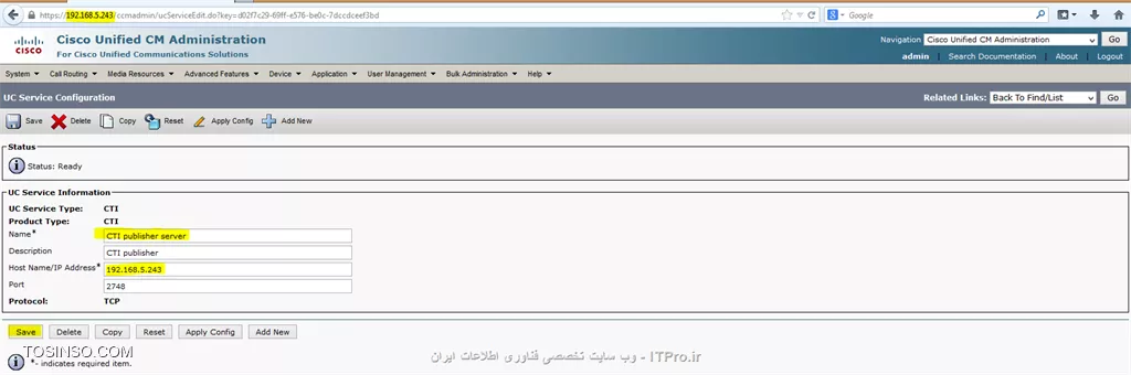 **!! نحوه راه اندازی *Cisco Jabber* بروی انواع *Device  *ها :**

مقدمه:
 *Cisco jabber*  نرم افزاریست ارائه شده از طرف شرکت سیسکو برای ارتباط های  Text Messaging  (به صورت گروهی و یا فردی ) و به اشتراک گذاری فایل ها ، Voice & Video Calling و به اشتراک گذاری Desktop  که ذکر این مطلب الزامیست ،برای استفاده از سیستم کنفرانس چه صوت و چه تصویر نیاز به راه اندازی سرویس  WebEx میباشد.
||Jaber::http://tosinso.com/files/get/c430cf1c-e2d1-415a-bd9a-ec183652fe7f||
از جمله امکانات این مجموعه سرویس میتوان به این نکته اشاره داشت ، (مانند نرم افزار Lync  در مایکروسافت ) شما میتوانید آن را بروی گوشی تلفن همراهتان ، کامپیوتر شخصی خود (PC) ، تبلت و لب تاپتان داشته باشید و در صورت نیاز ادامه مکالمه خود را به device  دیگری انتقال دهید . مثلا فرض کنید بروی میز کار خود یک تلفن 7940  دارید و با مدیرتان مشغول صحبت هستید و در همین حین برای شما کاری پیش می آید و مجبور هستید از پشت میز خود بلند شوید در این حالت میتوانید مکالمه خود را به تلفن همراهتان منتقل کنید و هم به کارتان برسید و هم دیگر نیازی به قطع کردن مکاله خود ندارید که این جابجایی در صورت داشتن سرویس  WebEx  میتواند حتی به صورت خارج از شبکه داخلی شرکت و بروی اینترنت هم ادامه پیدا کند. شما میتوانید این سناریو را در مکالمه تصویری  نیز در نظر بگیرید.
||http://tosinso.com/files/get/4bd12c07-602e-4522-acbb-df729e9b5955||
برای راه اندازی این سرویس باید زیر ساخت مورد نیاز آن را فراهم کنیم، که شامل راه اندازی Cisco Unified Call Manager  یا همان CUCM  و  Cisco Unified IM & Presence میشود.
!! در ادامه نحوه راه اندازی IM & Presence  و Integrate  کردن آن با CUCM را  توضیح داده و سپس نرم افزار Jabber  را توضیح خواهم داد.
ذکر چند نکته خالی از لطف نیست:
!! 1- همخوانی سرور های  CUCM  و IM & Presence  (در اینجا از نسخه 11 استفاده شده است)
2- اطمینان از داشتن منابع کافی بروی سروری که بروی آن این سرویس ها را نصب کرده ایم.
!! 3- اطمینان از برقراری درست سرور IM,CUCM و نرم افزار لایسنس (Cisco Prime)
4- برای برقراری تماس ها (voice & Video) نیاز به Assign  کردن شماره داخلی خاص به هر Jabber Account  داریم.
!! 5- اطمینان از راه اندازی همه ی سرویس های مورد نیاز بروی هر دو سرور IM&P  و CUCM


ابتدا میبایست CUCM  را به IM&P متصل کنیم برای این کار میبایست مانند زیر عمل کنیم:
-	ابتدا سرور IM&P  را معرفی میکنیم ، برای این کار در CUCM  به منوی System  و سپس Server  بروید:

دقت شود که قسمت های هایلایت شده حتما مانند شکل پر شوند و قسمت هایی که تیک خورده شده مانند آن تیک خورده شود و  آیتم های انتخابی مانند شکل انتخاب شوند.”
||http://tosinso.com/files/get/b7119000-5873-47fb-bd2a-47b40a4eef2f||
||http://tosinso.com/files/get/4e8c88d9-08f5-48a1-bff2-ef5f5f4c25de||
||http://tosinso.com/files/get/64fe8457-7b19-4115-bf21-39b786caaf98||
-	در CUCM  و در منوی SIP Trunk Security  یک پروفایل جدید بسازیم.
||http://tosinso.com/files/get/6856afdd-7183-46e7-b2cf-dbf289761fac||
برای رسیدن به این منو میتوانید از مسیر زیر استفاده کنید:
||http://tosinso.com/files/get/58e3f3a1-96e9-4add-bad9-f4c27c21dd07||
-	حال نوبت ساخت Trunk  است:
برای برقراری ارتباط میان IM&P  و CUCM  یک Sip Trunk  میان این دو سرور میسازیم

||http://tosinso.com/files/get/84225b83-ffb4-403b-b8f1-610639d09146||
||http://tosinso.com/files/get/7ec37180-e4ec-447e-a017-6ec8a39673e2||
||http://tosinso.com/files/get/6cc39e87-238e-4bf5-824c-1d07aa574474||
-	در Sip information  و در قسمت Destination Address  آدرس سرور IM&P  را وارد میکنیم که با پورت شماره 5060 این Trunk  برقرار خواهد شد.
-	SIP Profile  حتما بروی Standard SIP Profile  قرار خواهد داشت.

حال به سرور IM&P  مراجعه میکنیم: 
CUCM ip address:192.168.5.243
IM&Presence ip address:192.168.5.241
حال برای برقرای Trunk  باید یک پروفایل در IM&P بسازیم ولی نکته ی مهم آن است که مانند شکل زیر میباست در قسمت   CUCM IM and Presence Publish Trunk  همان Trunkی که در CUCM  ساختیم را انتخاب کنیم:

||http://tosinso.com/files/get/27ad5a90-76a2-4e32-81d3-440a4d9609e0||

نکته مهم دیگر این است که IM&P  مانند یونیت های دیگر Unified communication  در سیسکو نیست و بصورت یکپارچه با خود CUCM  کار میکند مثلا لایسنس خود را از آن میگیرد و در Submenu های CUCM به گزینه های CUCM اضافه میشود. 

||http://tosinso.com/files/get/f8c37cac-b346-438c-ba67-7f5b24bbfe81||
حال میبایست CTI port  را برای IM&P  در سرور CUCM تعریف کنیم:

CTI Port :
CTI port  یا همان Computer Telephony Integration  در حقیقت یک device  مجازی است (Virtual Device) که به شما این اجازه را میدهد تا یک خط مجازی بسازید. باید بازای هر خط فعال (Active Voice Line) که میخواهیم از آن به عنوان خط   Soft phone  استفاده کنیم یک CTI port  داشته باشیم.
||http://tosinso.com/files/get/e23b5318-be90-44b5-9639-aa1686e51987||
||http://tosinso.com/files/get/eac7fd42-9b25-4d9b-8808-926fd41760a9||


ادامه مطلب در حال بروز رسانی میباشد
با تشکر

