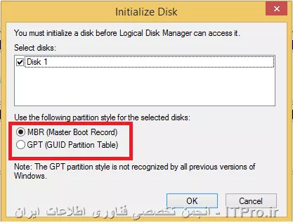 زمانی که هارد جدید رو به سیستم وصل میکنید و در disk managment میرید پیغامی مبنی بر این میاد که شما MBR میخوایید یا GPT اگر این پیام رو جواب ندادید روی هارد در همون Disk Managment  راست کلیک کنید و initialize disk رو بزنید میتونید MBR یا GPT کنید مطابق تصویر زیر
||http://network.tosinso.com/files/get/d92ce6e3-a6b6-4763-a0c7-0eb5bad45821||
||http://network.tosinso.com/files/get/eb841b6c-71ff-447a-adc0-3e6fcf9940fd||
اگر شما MBR زده باشید و بخوایید تبدیلش کنید به GPT باید روی همون دیسک راست کلیک کنید و Convert to Gpt بزنید یا اگر GPT بزنید میتونید convert to mbr بزنید  اما کلاً حالت convert روی دیسک های unaloucated کار میکنه
||http://network.tosinso.com/files/get/4c941e45-fc10-449b-82fe-4629b7308a5d||
و اگر شما پارتیشنی رو برای هاردتون در نظر گرفته باشید نمیتونید convert رو بزنید
||http://network.tosinso.com/files/get/15b9f548-524c-4b37-b6c1-7e0d3510c958||
این موارد در ویندوز هست ولی شما میتونید توسط انواع نرم افزار های جانبی دیگه این کار رو انجام بدید