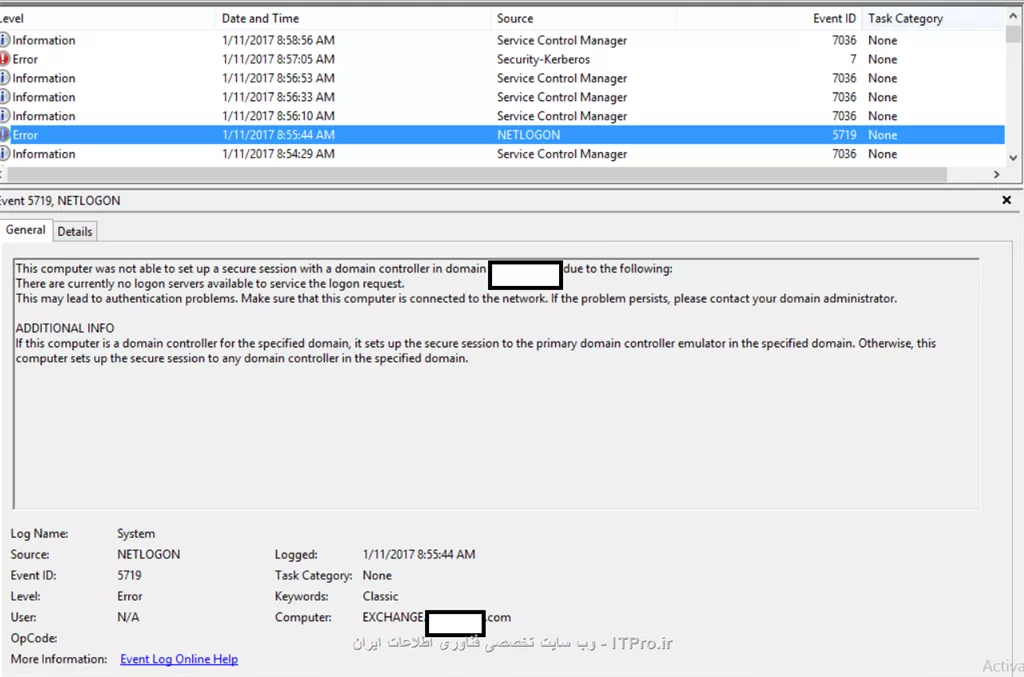 من یک سرور exchange 2013  به همراه یک سرور DC سرور 2008 دارم 
نکته عجیب این است که بعد از خاموش کردن یا unplug کردن کابل شبکه سرور dc و علی رقم وجود 2 addc  دیگر سرور exchange  در ابتدا مشکل authentication پیدا کرده و بعد از چند دقیقه با error زیر سرور   blue screen  Exchange داده و ریست می شود و در ریست بعدی بدون مشکل به کار خود ادامه می دهد !!!!
 از دوستان کسی تا حالا همچین مشکلی داشته است؟؟؟؟؟

 لازم به ذکر است 2 سرور addc  هر 2 GC  ها را داشته و فقط در صورت قطع ارتباط سرور primary domain controller این اتفاق رخ می دهد .
جهت راهنمایی بیشتر نیز ذکر می کنم سرور exchange تا اخرین لحظه قبل از ریست شدن مشکلی در dns  خود ندارد منظور این است سرور exchange حتی بعد از قطع ارتباط با dc  اصلی از سرور addc  دیگر Ping  دامین reply شده و مشکل dns وجود ندارد .


اولین error  چند دقیقه بعد از خاموش کردن یا unplug کردن کابل شبکه سرور dc
||http://tosinso.com/files/get/ebb9ff08-8ecb-4cf6-bfa2-e34aa61fcb74||

دومین Error چند دقیقه بعد از خاموش کردن یا unplug کردن کابل شبکه سرور dc
||http://tosinso.com/files/get/99e2ff2f-e7eb-46e1-a739-974fd517fed7||

سومین Error  و blue screen دادن سرور 
||http://tosinso.com/files/get/73baafb3-a2d2-4cba-bf66-185aeeb957df||

و نهایتا Log موجود در ILO
||http://tosinso.com/files/get/ae8ef42f-4f0d-4bbe-a722-0fb61b727a1b||
