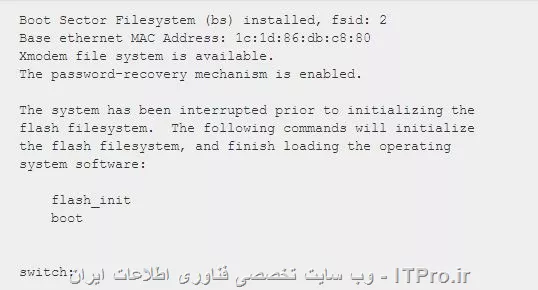 با کابل Consol به سوییچ متصل بشین
دکمه mode رو نگه دارین سوییچ رو روشن کنین
زمانی که صفحه زیر رو دیدین دکمه mode رو رها کنین
||http://network.tosinso.com/files/get/ebdadf77-82cb-43a5-bc9b-864bf89c5cb1||
حالا بزنین
<c#>
flash_init
<c#>
بعد صبرکنین تا کارش تموم شه 
بزنین
<c#>
dir flash:
<c#>
حالا اینجا فایل Config.text.old رو انتقال میدیم به Config.text.old
<c#>
 rename flash:config.text flash:config.old
<c#>
حالا کافیه دستگاه رو boot کنین
<c#>
boot
<c#>
دستورات زیر رو به ترتیب وارد کنین
<c#>
en
rename flash:config.old flash:config.text
copy flash:config.text system:running-config
conf t 
enable password newpassword
write memory
<c#>
تمام
