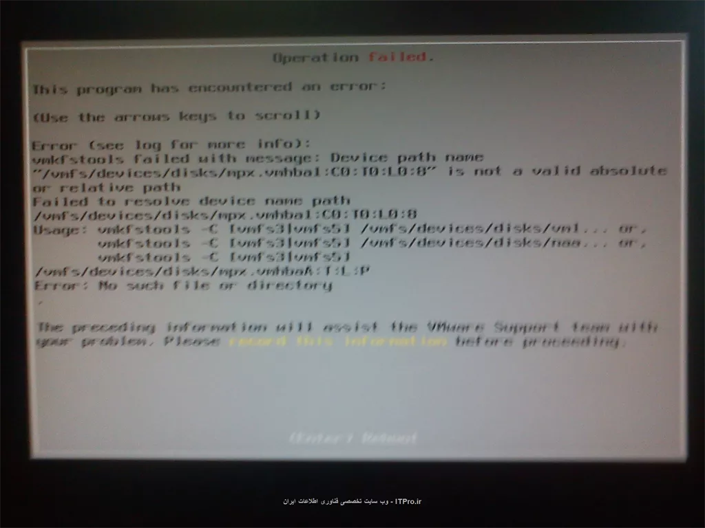 سلام دوستان،به کمک شما نیاز دارم.من یه سرور hp ml370 G5  دارم .میخواستم ESXI 5.0  روی اون نصب کنم .متاسفانه در مراحل نصب انهایی ارور می دهد.عکسش رو می زارم
||http://tosinso.com/files/get/ec41b806-6ed8-4515-82c5-ea5edeb0b4d4||