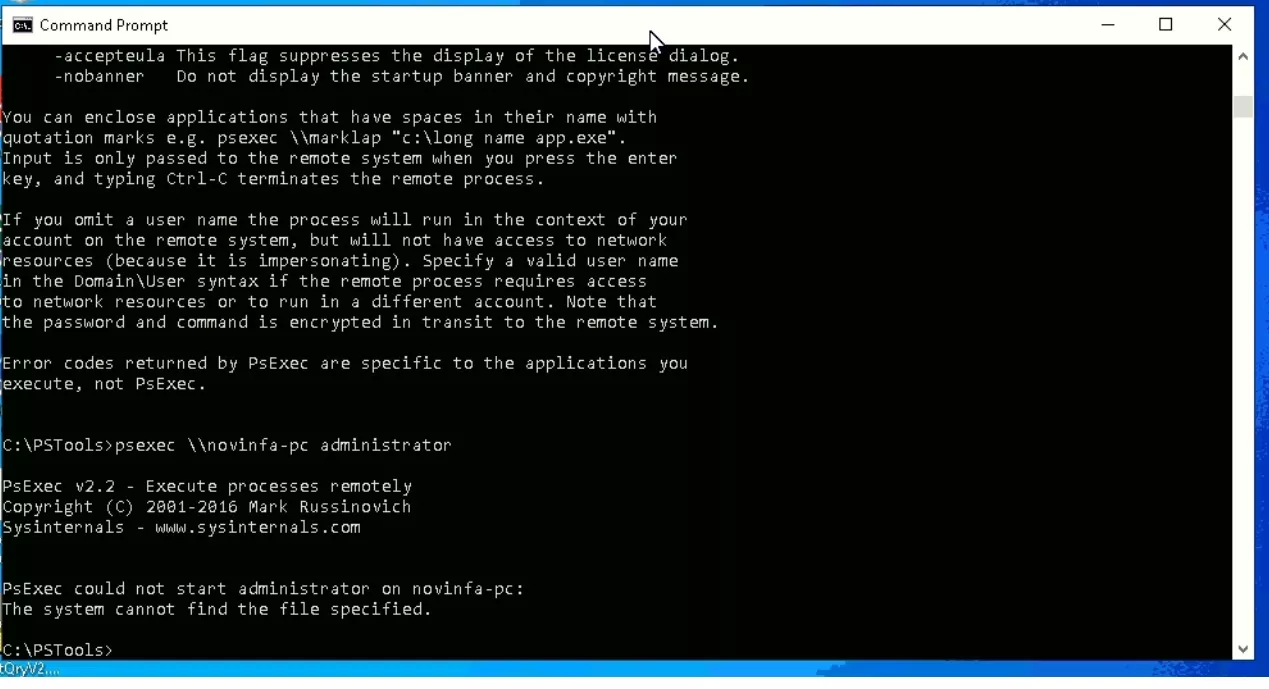 PsExec could not start administrator on novinfa-pc: The system cannot find the file specified.