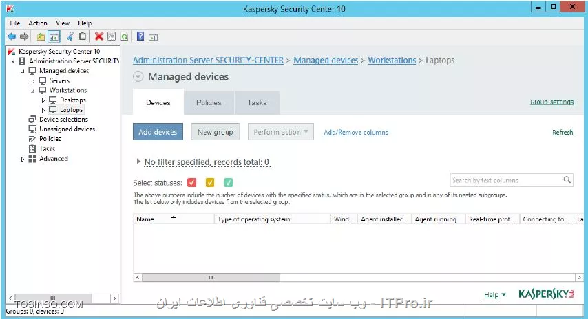 !! ایجاد گروهی جدید به نام های workstations, notebooks , servers 
در این بخش می خواهیم گروهی به نام Servers و Workstations را در زیر Managed devices ایجاد کنیم . سپس Desktops و Laptop را به عنوان زیرگروه Workstations اضافه کنیم ، از ماشین Security-Center مراحل زیر را انجام می دهیم :

1- اجرا کنید  Administration Console 

2- سوییچ کنید روی نود Managed devices 

3- روی تب Devices کلیک کنید 

||https://tosinso.com/files/get/02a1983d-710d-462d-a80c-69dcc474686f||

4- برای ساخت گروه ، کلیک کنید روی New Group 

||https://tosinso.com/files/get/02a1983d-710d-462d-a80c-69dcc474686f||

5- حالا تایپ کنید Servers و OK کنید 

||https://tosinso.com/files/get/795e9485-e7f6-404c-b529-671c769a74b6||

6- انتخاب Managed devices 

7- ساخت نود دیگری به نام Workstations 

||https://tosinso.com/files/get/94e0c97e-eee8-45c7-819c-aacbb3720151||

8- در گروه Workstations زیر مجموعه به نام Desktops و Laptops را ایجاد کنید 

||https://tosinso.com/files/get/ecbf11b8-006c-4d6b-acce-07cb679c7ba4||

نویسنده : سید احمد توسلی
منبع : |جزیره امنیت اطلاعات و ارتباطات وب سایت توسینسو::https://tosinso.com/security|
هرگونه نشر و کپی برداری بدون ذکر منبع و نام نویسنده دارای اشکال اخلاقی است
