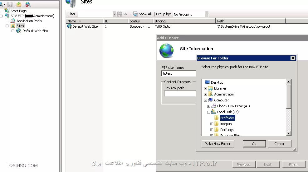 برای این کار روش های مختلفی وجود دارد (این روشی که توضیح میدم من خودم ازش استفاده میکنم )در این روش کاربران به صورت عادی فولدر خودشان را به صورت map drive  مشاهده میکنند و در صورت لزوم میتوانند به صورت ftp به همان فولدر دسترسی داشته باشند 
ابتدا ftp  را نصب می کنید
||http://network.tosinso.com/files/get/ecc3b85d-1291-4a35-b05e-78d8bbd86bf3||
فولدر مورد نظر را share کرده و permission لازم را تنظیم نمایید
(من کاربرانی را که میخواهند از ftp  استفاده کنن را داخل یک گروه جدید اضافه کردم با نام ftp )
 در قسمت FTP Authorization به این گروه دسترسی خواندن و نوشتن بدهید (می تواند فقط دسترسی خواندن داشته باشد)
||http://network.tosinso.com/files/get/3fed031d-31a3-4b80-9660-0a49f596c5e6||
در قسمت  USER ISOLATION یک یوزر ست میکنیم (می توانید داخل اکتیو دایرکتوری یک یوزر برای همین قسمت ایجاد کنید)
||http://network.tosinso.com/files/get/28dc94e2-7f58-41f8-be7c-19545b33efc9||
داخل اکتیو دایرکتوری برای کاربران Home folder ایجاد میکنید (همان مسیر فولدر ftp)
||http://network.tosinso.com/files/get/e7aaaaa2-37ed-4252-820a-5150c4c39636||
با ابزار ADSI edit  خصوصیات مربوط به ftp  کاربران را تنظیم کنید( خصوصیات ftp  را میتوانید از طریق Powershell هم تنظیم کنید)
||http://network.tosinso.com/files/get/089a5d1e-b8b2-4bd4-8476-16233d47f906||
||http://network.tosinso.com/files/get/50833653-fb99-4ac5-9933-bf06b5344541||
با زدن آدرس ftp  مورد نظر و وارد کردن نام کاربری و کلمه عبور هر کاربر وارد فولدر مربوط به خودش خواهد شد
||http://network.tosinso.com/files/get/9572facc-bfdc-45fc-86f0-f95e035a30b9||