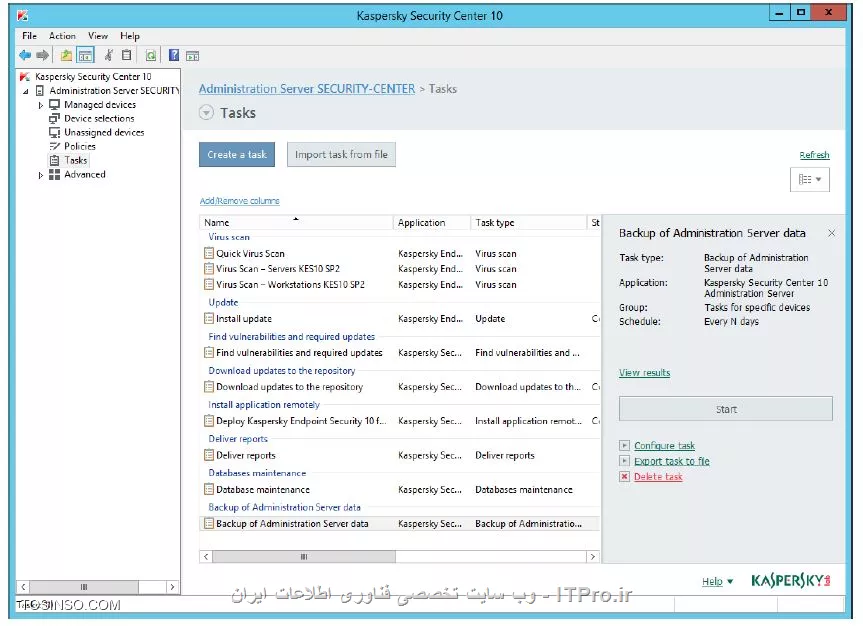 !! Back up , Restore Kaspersky Security Center 
در این آزمایش قصد داریم کپی از بک آپ  برای Kaspersky Security Center را انجام دهیم 

* ماشین های DC و Security-Center را روشن کنید 

* ماشین های Laptop - PC1 را روشن کنید 

- Security-Center 

1- وارد بخش Administration Console 

2- بر روی Tasks بروید 

3- انتخاب کنید تسک  Backup of Administration Server data

4- کلیک کنید روی Configure task 

||https://tosinso.com/files/get/b47bfc85-950a-4a62-b98b-b828f1aaeca6||

5- سوییچ کنید بر روی Settings 

||https://tosinso.com/files/get/b6c1b458-a901-42b9-934d-966701950c9a||

6- حالا مسیر بک آپ که %ProgramData%\KasperskySC\SC_Backup را بررسی کنید 

7- پسورد certificate سرور را root تعریف کنید 

||https://tosinso.com/files/get/900c3c92-22ad-40ec-8abb-625e5eaa838d||

8- وارد Notification شوید 

||https://tosinso.com/files/get/cc18312f-5cad-4d4a-94c8-62fd09dd377d||

9- چک باکس Send email فعال کنید 

10- بردارید چک باکس  Notify of errors only و OK کنید 

||https://tosinso.com/files/get/96ad709f-6bdf-449e-9f0e-60bf6f73ca1c||

11- حالا بر روی تسک backup گزینه Start را کلیک کنید 

||https://tosinso.com/files/get/eccae49e-6e07-41f1-aa3c-c9b8d643b3ed||

12- حالا پیامی با مضنون ری استارت شدن کسپرسکی سرور داده می شود و روی OK کلیک کنید 

||https://tosinso.com/files/get/fb2abbbe-5051-4343-8445-f134bf9fcc57||

نویسنده : سید احمد توسلی
منبع : |جزیره امنیت اطلاعات و ارتباطات وب سایت توسینسو::https://tosinso.com/security|
هرگونه نشر و کپی برداری بدون ذکر منبع و نام نویسنده دارای اشکال اخلاقی است