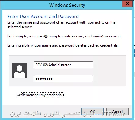 شما به سه روش می توانید یک سرور را به server Manager اد کنید :

||http://network.tosinso.com/files/get/a5eb9e5f-8d21-4863-9bb0-fe2b70d40b56||

برای اضافه کردن سرور به Server Manager کارهای زیر را انجام دهید :
||http://network.tosinso.com/files/get/ee62b96c-ac93-4bd2-9b9f-6022663e23e9||
||http://network.tosinso.com/files/get/ab9f1a42-61f5-4b40-8730-5bd1098542b7||
||http://network.tosinso.com/files/get/2ff57aed-c26f-4a36-918d-d868d24203b6||
گذینه Manage As را کلیک کنید. در اینجا شما باید مشخص کنید با چه User این سرور را مدیریت می کنید؟؟؟؟ که قاعدتا باید User ی باشد که عضو Local Administrators آن سرور باشد.
||http://network.tosinso.com/files/get/ee25f421-ceb6-40f8-8257-7f3d5f9ea496||
||http://network.tosinso.com/files/get/fc8f5e7b-6e3b-45f1-bc89-a2b277a93093||

|Add Servers to Server Manager::https://technet.microsoft.com/en-us/library/hh831453.aspx|
موفق باشید