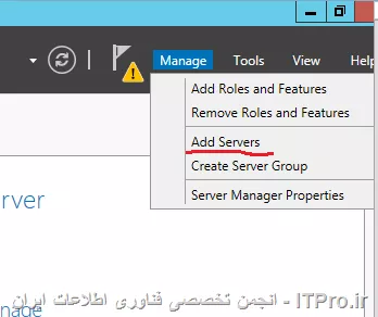 شما به سه روش می توانید یک سرور را به server Manager اد کنید :

||http://network.tosinso.com/files/get/a5eb9e5f-8d21-4863-9bb0-fe2b70d40b56||

برای اضافه کردن سرور به Server Manager کارهای زیر را انجام دهید :
||http://network.tosinso.com/files/get/ee62b96c-ac93-4bd2-9b9f-6022663e23e9||
||http://network.tosinso.com/files/get/ab9f1a42-61f5-4b40-8730-5bd1098542b7||
||http://network.tosinso.com/files/get/2ff57aed-c26f-4a36-918d-d868d24203b6||
گذینه Manage As را کلیک کنید. در اینجا شما باید مشخص کنید با چه User این سرور را مدیریت می کنید؟؟؟؟ که قاعدتا باید User ی باشد که عضو Local Administrators آن سرور باشد.
||http://network.tosinso.com/files/get/ee25f421-ceb6-40f8-8257-7f3d5f9ea496||
||http://network.tosinso.com/files/get/fc8f5e7b-6e3b-45f1-bc89-a2b277a93093||

|Add Servers to Server Manager::https://technet.microsoft.com/en-us/library/hh831453.aspx|
موفق باشید