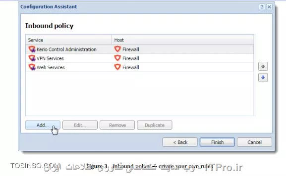 !! traffic policy   در کریو کنترل
با استفاده از Configuration Assistant می توان تنظیمات traffic rule را انجام داد :

1-در Configuration Assistant روی Define traffic policy کلیک کنید .
2-یکی از انتخاب های زیر را فعال کنید :
* VPN services : چنانچه قصد ایجاد Kerio VPN server یا IPsec VPN server را دارید ، می توانید برای سرویس های دسترسی راه دور یا VPN tunnel از این قسمت استفاده کنید
* Kerio Control Administration— برای مدیریت راه دور کریو کنترل می توانید از دسترسی Https با پورت 4081 استفاده کنید 
* Web Services — ارتباطات  HTTP/S که با پورت های 80/443 کار می کنند . برای سرویس های عمومی وب نظیر میل سرور و وب سایت های شرکتی در پشت فایروال می توان از این بخش استفاده کرد 

||http://tosinso.com/files/get/1d936d4b-7ee7-429e-b40d-1cb9bdafa499||

3-Next

4-برای ساخت سرویس هایی که فایروال را قادر می سازد تا شبکه محلی بتواند به اینترنت متصل شود از این بخش استفاده می شود :

||http://tosinso.com/files/get/eee7e599-b7ef-4169-a9cb-a60e013f9baf||

5-در Inbound policy می توانید یکی از پارامتر های :

-Service ( یا یک group of services ) : نوع سرویس و پورت یا پروتکل را انتخاب می کنید 
-Runs on — : firewall یا IP address شبکه محلی روی هر سرویسی که فصد اجرا ان را دارید 

6-مرتب کردن رول ها به ترتیبی که قرار است کار کنند ( اولویت اجرا از بالا به پایین است )
7-Finish

!! Export کردن تنظیمات
کلیه فایل ها را می توانید با فرمت .tgz که شامل فایل های تنظیماتی در کریو کنترل هستند را Export کرد ( در اموزش های قبلی به آن اشاره شده است ) ، همچنین تنظیمات برای Import در کریو کنترل هم در اموزش های قبلی توضیح داده شد . 

