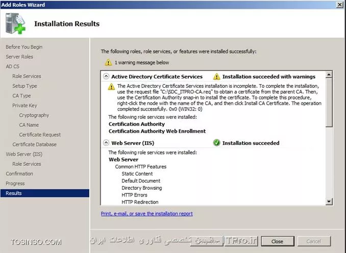 خلاصه ای از فرآیند نصب سرور Certificate Authority