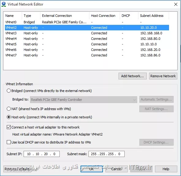 دوست عزیز طبق شکل زیر در Network Editor (ابزار ویرایش شبکه VMWare) یکی از VMnet هارو روی Host-Only قرار بدید و بهش رنج IP تعریف کنید (این کارو خود VMWare هم در هنگام انتخاب host-only انجام میده)
||http://network.tosinso.com/files/get/efab10f9-e333-4576-808b-658ed4d205b6||
بعد در قسمت Setting ماشین مجازی کارت شبکه رو custom قرار داده و سپس vmnet2 رو از لیست انتخاب کنید
||http://network.tosinso.com/files/get/b6e59ebb-0d26-4caa-a46e-506268ccc34d||
حالا باید به اینترفیس شبکه سیستم مجازیتون از داخل سیستم عامل IP بدید (در همین رنج)
و اینکه Network Editor خودش به اینترفیس شبکه vmnet2 سیستم فیزیکیتون آی پی میده میتونید با دستور ipconfig /all پیداش کنید

و غیر فعال کردن فایروال و یا تنظیم صحیح فایروال یادتون نره