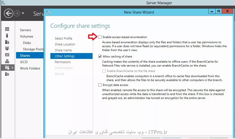 اگر از ویندوز 2012 استفاده می کنید با استفاده از Server Manager می تونید در قسمت shares یک پوشه رو به اشتراک بذارین.با فعال کردن گزینه Access Based Enumeration  کاربرانی که permission لازم برای خواندن آن پوشه رو ندارند اون رو نمی بینند.
||https://network.tosinso.com/files/get/f0c6a1d8-b4fa-4c1f-871f-ea1002919c96||