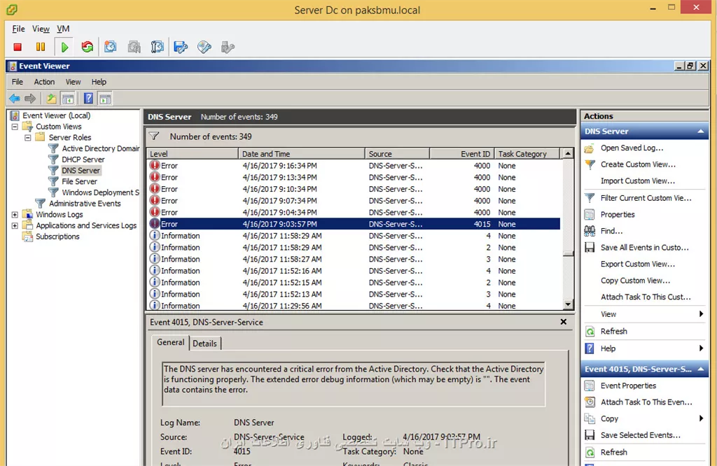 با سلام 
بله باکاربر admin وصل شدم 
بله رول ad هم نصب هستش 
در event viewer درقسمت dns کلی خطای error دارم که شروعش از دیروزه 
اولین خطا : 
||https://network.tosinso.com/files/get/f1191109-b4e8-4bf4-86b4-f342ee49ade1||
دومین خطا که به مراتب تکرار شده است : 
||https://network.tosinso.com/files/get/f22bd795-7645-423e-af69-f8172c612dca||
