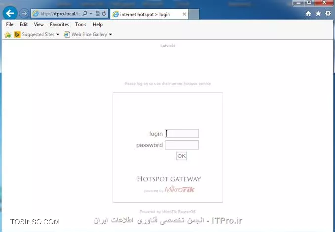 با سلام 
حتما با توضیحات دوستمون مشکلتون حل شده ولی من یه توضیح مختصر آماده کردم اگر کسی دیگه هم مشکل داشت استفاده کنه
چون روی vmware است من خودم تنظیمات را با این صورت قرار دادم یک کارت شبکه در حالت بریج برای تامین اینترنت متصل به مودم ADSL
و یک کارت شبکه در حالت NAT  متصل به سوئیچ شبکه داخلی 
||http://network.tosinso.com/files/get/91a1ddea-5a5e-4e81-83cd-0526433f1c91||
پس از اینکه میکروتیک بالا اومد با یوزر admin و بدون پسورد وارد می شوید می توانید با کامند IP ست کنید یا winbox به وسیله mac address 
به روتر متصل شوید .برای کامند که دوستمون اشاره کرد.
 اگر winbox را باز کنید باید ip را وارد کنید یا روی قسمت مشخص شده کلیک کنید و چند لحظه صبر کنید تا روتر از طریق  mac  شناسایی شود و سپس با یوزر admin کانکت شوید  ||http://network.tosinso.com/files/get/eba6266a-7835-46a6-bd26-6020022422e4||
وقتی وارد شدید می توانید اینترفیس ها را از اینجا نیز تغییر دهید||http://network.tosinso.com/files/get/41e59188-d565-4de4-9e43-3acf1c21f307||
خب حال برای کانفیگ و تست hotspot ابتدا تنظیمات کارت شبکه های ویندوز را چک می کنیم در این سناریو کارت شبکه اصلی ویندوز هیچ گونه Gateway ندارد و Gateway کارت شبکه مجازی به سمت میکروتیک ست شده یعنی 192.168.20.200 ||http://network.tosinso.com/files/get/2bc9809b-a101-4c03-9b89-f0fe2aba9d93||
خب حالا اگر تست کنیم می بینیم ویندوز ما اینترنت ندارد ولی خود روتر می تواند ip های اینترنتی را ping کند برای این کار باید یه nat اضافه کنیم طبق تصویر زیر source interface شبکه داخلی را انتخاب می کنیم و Out interface همان اینترفیسی است که به اینترنت متصل است
||http://network.tosinso.com/files/get/c118642e-b771-472a-86f3-a314bcc81fba||
حالا ویندوز اینترنت دارد ولی کاربران بدون هیچ گونه احراز هویت می توانند وارد شوند.خب برای کانفیگ hotspot به منوی ip و سپس روی hotspot کلیک می کنیم و بعد hotspot setup را کلیک می کنیم و اینترفیس متصل به شبکه ای را که می خواهیم hotspot را برای آن کانفیگ کنیم را انتخاب می کنیم و رنج شبکه داخلی را نمایش می دهد پس از چند next و کامل کردن آنها و ست کردن یک DNS (برای مثال 8.8.8.8)
در قسمت DNS name یک نام وارد می کنیم که کلاینت ها موقع login به سمت آن re direct می شوند و نباید برای آن 
Public Top level domain استفاده کرد برای مثال در اینجا از itpro.local استفاده شده که public نیست بعد یک یوزر admin ساخته
 می شود که پسورد ان را ست می کنیم در سر برگ Users می توانیم یوزر های دیگری ایجاد کنیم 
||http://network.tosinso.com/files/get/7bd81f81-e9a2-4f5a-815c-9ae2bfa6caac||
در مرورگر  پس تایپ اسم سایت ها صفحه login hotspot ظاهر می شود 
||http://network.tosinso.com/files/get/f11dc958-0b6b-4a51-94ae-c399c80e8741||
پس از وارد شدن می توانیم از اینترنت استفاده کنیم 
||http://network.tosinso.com/files/get/d5c8a5d2-052b-4415-b654-ccd0b495c317||
با وارد کردن آدرس DNS  name که در مرحله قبل ست کردیم وارد  صفحه login می شویم در اینجا itpro.local
||http://network.tosinso.com/files/get/9e13860b-269d-4f5c-b2fa-5e73cc9e8c09||


