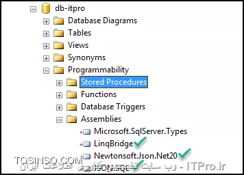 با سلام
همان طور که دوست عزیزمون راهنماییتون کردن در sql server 2016 مطابق راهنمای خود میکروسافت می تونید از جداولتون خروجی json بگیرید : 
این عکس و بنده از سایت خود مایکروسافت گرفتم :
<center>
||https://dba.tosinso.com/files/get/034552a8-8700-4936-9e81-88b1087689ed||
<center>
---------------------
اما برای نسخه های قبل از 2016 باید چیکار کرد :
استفاده از CLR : توابعی که به زبان های مبتنی بر دات نت نوشته میشن بعد به صورت اسمبلی به sql معرفی میشن
خوب برای تبدیل خروجی جداولتون به خروجی JSON :
سه تا اسمبلی باید توی sql ایجاد کنید با دسترسی Unrestricted : این نوع دسترسی دسترسی کامل است به گونه ایی که به این توابع دسترسی کامل به فایل ها و فولدرهای سرور خودتون هم می دید
ابتدا برای اینکه بتونید همچین اجازه ایی به خودتون بدین که اصلا همچین توابعی تعریف کنید ابتدا باید خاصیت TRUSTWORTHY پایگاه داده مربوطه on باشد همون طور که از معنی کلمه پیدا است با فعال کردن این گزینه بانک اطلاعاتی شما به صورت قابل اعتماد می تونه اسمبلی هایی رو به صورت Unrestricted تعریف کنه .
<center>
||https://dba.tosinso.com/files/get/d39626f2-cc93-4654-a927-ebaf552dbbd1||
<center>
بعد از اینکه TRUSTWORTHY رو فعال کردیم : بروی بانک اطلاعاتیمون راست کلیک می کنیم و در بخش Option از فغال شدن آن اطمینان حاصل می کنیم :
<center>
||https://dba.tosinso.com/files/get/cad6298e-40d3-4233-afc8-3e7609c0d5b5||
<center>
بعد از این کار باید clr_option که اجازه میده اسمبلی های ما به توابع .net دسترسی داشته باشن و فعال کنیم :
ابتدا یک کوئری جدید میسازیم و اجراش می کنیم :
<center>
||https://dba.tosinso.com/files/get/563a304b-eac7-4106-9ad3-f85663321074||
<center>
خوب حالا وقتش رسیده که سه تا اسمبلی رو به Sql سرورمون اضافه کنیم :
سپس فایل های DLL رو به ترتیب پایین اضافه می کنیم به بخش اسمبلی ها :
<center>
||https://dba.tosinso.com/files/get/f6a02f05-713c-469a-ae5b-1dd523848842||
<center>
این سه فایل از آخر همین پست قابل دانلود هستن .
خوب حالا هر سه فایل رو باید در بخش اسمبلی ثبت کنیم یا اصطلاحا Register کنیم :
برای این کار طبق تصاویر پایین مراحل رو پیش میریم :
<center>
||https://dba.tosinso.com/files/get/ec6d45fd-7d77-4172-95b5-ca989667878e||
<center>
بعد از پنجره ی ظاهر شده بروی Browse کلیک کرده و آدرس فایل DLL رو بهش می دیم :
<center>
||https://dba.tosinso.com/files/get/550d220a-9cbd-42fb-bbd7-38bc94608f8d||
<center>
در اخر قبل از اینکه بروی ok کلیک کنیم باید Permission رو بروی Unrestricted بزاریم :
<center>
||https://dba.tosinso.com/files/get/08a18a7d-848c-4e4a-ad4d-72c3087ff265||
<center>
خوب سه تا فایل DLL رو به همون ترتیبی که در عکس واستون مشخص کردم در بخش اسمبلی تعریف می کنید :
<center>
||https://dba.tosinso.com/files/get/f1ef830f-8db3-40c2-8e6f-8e606e502ece||
<center>
خوب حالا پس از اضافه کردن سه اسمبلی باید از تابعی که داخل اون برای تبدیل خروجی جداول SQL به Json استفاده کنیم :
اسم اسمبلی هست : JSON.SQL
اسم کلاسمون هست : StoredProceduresAndFunctions
اسم فانکشن یا تابع ما هست : xf_JSON_Query
به سه تا پارامتر بالا جهت استفاده از اسمبلی نیاز داریم :
خوب حالا باید یک فانکشن توی Sql ایجاد کنیم و بگیم که از اسمبلی با نام فلان و کلاس فلان و تابع فلان استفاده کن :
<center>
||https://dba.tosinso.com/files/get/94150bcd-db98-4ca0-b8c3-321dc1a2c5e1||
<center>
خوب همون طور که میبینید پارامتر اول این تابع دستور SQL ی هست که قرار خروجی اون دستور تبدیل به JSON بشه و پارامتر دوم هم تعیین کننده ی این است که در پارامتر اول از تک کوت یا دابل کوت استفاده کردیم که باید 0 باشه .
<center>
||https://dba.tosinso.com/files/get/a6f04bfc-551a-415b-a845-e63876a2fc61||
<center>
خوب حالا باید تابعمون و تستش کنیم :
اینم نتیجه ی نهایی :
<center>
||https://dba.tosinso.com/files/get/e5afc3b6-1cb0-4fd6-b136-df24062e25f7||
<center>
اطلاعات جدلمون این بوده که خروجی JSon ش شده این :
<center>
||https://dba.tosinso.com/files/get/cfde8873-82e6-4abf-bbfd-c3c528b9cb37||
<center>
|دانلود فایل های DLL مورد نیاز::https://www.mediafire.com/?p8s1cc41mrm3yxc|