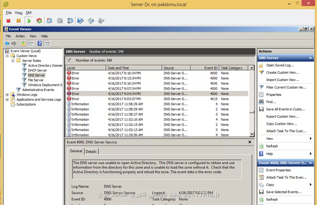 با سلام 
بله باکاربر admin وصل شدم 
بله رول ad هم نصب هستش 
در event viewer درقسمت dns کلی خطای error دارم که شروعش از دیروزه 
اولین خطا : 
||https://network.tosinso.com/files/get/f1191109-b4e8-4bf4-86b4-f342ee49ade1||
دومین خطا که به مراتب تکرار شده است : 
||https://network.tosinso.com/files/get/f22bd795-7645-423e-af69-f8172c612dca||
