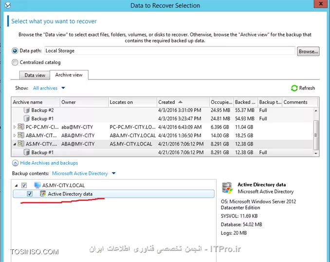 در این قسمت توضیح می دهیم چگونه از متد Single-pass backup استفاده کنیم تا در مواقع اضطراری بتوان داده ها یا کل سرور Active Directory را ریکاوری کرد.single-pass backup چیست؟ single-pass backup یا application-aware backup  یک نوع Disk-Level Backup هستش که شامل اطلاعات metadata سرویس AD می باشد. که اطلاعات مربوط به Active Directory را بوسیله سرویس VSS مایکروسافت Backup گیری می کند. بوسیله single-pass backup شما می توانید اطلاعات مربوط به AD  را ریستور کنید بدون نیاز به ریکاوری کردن کل سرور AD.

* نکته: Single-pass backup برای ماشین های که SQL Server, SharePoint Server and Active Directory را اجرا می کنند مورد استفاده قرار می گیرد.
* نکته: Single-pass backup برای Exchange Server استفاده نمی شود.
* نکته: برای استفاده از Single-pass backup شما باید Agent for Active Directory را بر روی سرور Active Directory نصب کنید.

!! Install Agent for Active Directory 
--
Agent for Active Directory می تواند بر روی OSهای زیر نصب شود:
||http://tosinso.com/files/get/c62bc273-8485-43d1-b888-9e8cd645950b||
نکته: اگر قبلا Agent for Windows را بر روی AD نصب کرده باشید. با نصب Agent for Active Directory این Agent بصورت Add-On به Agent for Windows اضافه خواهد شد.
نکته: Agent for Active Directory را نمی توان بصورت remote نصب کرد.
برای نصب Agent for Active Directory ستاپ Acronis را بر روی AD اجرا کنید و در پنجره زیر:
||http://tosinso.com/files/get/ea981b4d-f97a-41a3-82c8-3c802777cad7||
گذینه بالا را انتخاب کنید. و تا اخر Wizard را پیش برید و این agent را نصب کنید.

!! Active Directory Backup
--
بعد از انجام تنظیمات بالا نوبت به Backup گیری از AD می رسد. برای اینکار یک Backup Task ایجاد می کنیم.
در قسمت What to Backup پارتیشنهای که داده های Active Directory را نگه داری می کند را انتخاب می کنیم. 
اگر می خواهید Active Directory را در مواقعی که کلا از بین رفته Recovery کنید کل Volume ها یا کل دیسک را انتخاب کنید.
||http://tosinso.com/files/get/b4373db3-5c15-4f89-babd-5e600e4ec51d||
در قسمت بعدی باید محل ذخیره سازی فایلهای Backup را مشخص کنیم. همچنین باید Single-pass backup را فعال کنیم.
||http://tosinso.com/files/get/d0854a9c-6fd7-4c55-80f3-38f3ddac5441||
و زمانبندی Backup گیری را بصورت زیر تنظیم می کنم:
||http://tosinso.com/files/get/1be5b18e-476c-43e7-a956-c37157dd9ad1||
اگر آموزشهای قبلی را دنبال کرده اید تنظیمات بالا نیازی به توضیح نداره.
||http://tosinso.com/files/get/c66df829-6d7e-4f88-a627-80196561d0b7||
در قسمت Plan Parameters شما باید مطمئن شوید تنظیمات VSS بصورت زیر ست شده باشد:
||http://tosinso.com/files/get/b7617346-6f49-429a-baa5-e70368f7e344||
همچنین باید یک Credentialsی انتخاب کنید که عضو گروه Local Administrators سرور Active Directory باشد. که بصورت پیش فرض  قسمت  Plan's Credentials بر روی Acronis Services ست شده که از Credentials کاربری که Acronis Services را اجرا کرده استفاده می کند. این Credentials برای اجرای این Task استفاده میشه.
||http://tosinso.com/files/get/5d9c031f-311f-495b-b553-addcb22bd160||
بعد از انجام تنظیمات بالا OK کنید.
بعد از گذشتن زمانی که تعیین کرده اید Backup Task اجرا می شود.

!! Active Directory Recovery
--
ما به دو روش می توانیم AD را ریکاوری کنیم. در مرحله اول باید مشخص کرد که آیا کل سرور AD صدمه دیده یا اطلاعات آن؟؟؟؟
فرضا کل AD صدمه دیده و نمی تواند Boot کند که باز هم ریکاوری کردن AD بستگی به آن دارد که در ساختار غیر از این DC، DCهای دیگری وجود دارد یا نه؟؟؟
مثلا اگر یکی از DCها به کل نابود شد می توان با استفاده از متد |Restoring a Domain Controller Through Reinstallation::https://technet.microsoft.com/en-us/library/cc816620(v=ws.10).aspx| استفاده کنید و DC معیوب را به مدار برگردونید.
ولی اگر یک DC در ساختار دارید به راحتی می توانید بوسیله Bootable Media آنرا بوت کنید و Backup را ریستور کنید. (در آموزش های قبلی این روش را آموزش دادم)
||http://tosinso.com/files/get/f9a74a87-4a14-4c4e-a5bd-dbd37491eccc||
||http://tosinso.com/files/get/84cb3a77-1490-457c-a4f3-fb243b54c764||
||http://tosinso.com/files/get/3977222e-69f3-43db-bdd3-e70e76d810f0||
ولی اگر داده های خود Active Directory صدمه دیده باشد مثلا پوشه SYSVOL یا دیتابیس آن خراب شده است. باز هم ریکاوری کردن AD بستگی به این داره که در دومین چند DC وجود دارد؟؟؟ 
اگر بیش از یک DC در دومین وجود داشته باشد به دو روش می توانید AD را ریکاور کنید:
<ltr>
# Re-promoting the domain controller
# Single-pass backup
<ltr>
شما خیلی راحت می توانید از روش |Re-promoting the domain controller::http://www.tomshardware.com/faq/id-1946870/promote-windows-server-2012-domain-controller-part-prerequisites.html| استفاده کنید و اجازه بدید که AD بوسیله Replication خود را ریکاوری کند.
نکته: در این روش حواستون به رولهای FMSO باشه.
یا می توان از روش دوم استفاده کرد.
یک Recovery Task ایجاد کنید و اطلاعات زیر را انتخاب کنید:
||http://tosinso.com/files/get/f2a5c17d-4116-4fc1-8046-6a1d41ddd301||
و لینک زیر را انتخاب کنید:
||http://tosinso.com/files/get/ff1d0823-6f10-4b1f-b54f-ed9561570a16||
باید مسیری برای Extract کردن اطلاعات بر روی سرور AD انتخاب کنید:
||http://tosinso.com/files/get/ef95ed3d-6c2d-4194-87bc-1e9c67b56dc2||
و در آخر OK کنید.
||http://tosinso.com/files/get/d348d180-2dc7-4051-8108-13036a125814||
اطلاعات بر روی AD ریستور شد. قدم بعدی باید این اطلاعات را Replace کنیم. برای اینکار به محیط Directory Services Restore mode لاگین کنید. 
بعد از وارد کردن پسورد DSRM Account فایلهای Extract شده را به محل اصلی Paste کنید:
||http://tosinso.com/files/get/82a9061e-7776-48b9-a6ec-e32ca2540467||
برای جلو گیری از USN Rollback حتما از VSS خود مایکروسافت استفاده کنید. حدالامکان Backupی را انتخاب کنید که کمترین فاصله زمانی بعد از وقوع Failure را داشته باشد. Backupی که ریستور می کنید نباید قدیمی تر از tombstone life باشد. و بقیه پارامترها که همه از آن اطلاع دارند.
نکته: Acronis برای ریستور کردن ایتم های AD بصورت انفرادی از ابزار Ntdsutil استفاده می کنه. 
Acronis کلا برای اینکار سه روش داره:
||http://tosinso.com/files/get/69494182-96b8-43e6-a21e-7d94d2cf19cd||
توی منابع Acronis هر چی گشتم متدی غیر از متدهای بالا برای Restoring Accidentally Delete Information پیدا نکردم. اگر اینطور باشه واقعا Acronis Backup Advanced قابل مقایسه با Symantec Backup Exec نیست.... در تصویر زیر اطلاعاتی که Backup Exec میتواند بصورت انفرادی ریستور کند را مشاهده می کنید.
||http://tosinso.com/files/get/bdcaf015-2b40-404a-91ec-b5270ede8455||
در پایان این سلسله های آموزشی باید عرض کنم که Acronis قابلیتهای زیادی دیگری هم دارد که وقت نشد همه آنها را در این سری آموزش توضیح و آموزش بدم. 
شما می توانید با Acronis از Exchange, SharePoint, SQL و hypervisorهای همچون VMware and Hyper-V بکاپ بگیرید و در Bad Event آنها را ریکاور کنید. 
در لینک زیر می توانید به تمام E-Book های شرکت Acronis که برای محصولات خود ایجاد کرده دسترسی داشته باشید. 
<c#>
http://www.acronis.com/en-us/support/documentation/
<c#>

موفق پیروز باشید.

نویسنده: احمد جهلولی 
منبع: |جزیره راهکارهای ذخیره سازی اطلاعات وب سایت توسینسو ::https://tosinso.com/virtualization|
نشر و کپی برداری، صرفاً با ذکر نام نویسنده و منبع مجاز می باشد. 