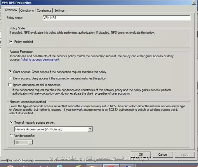 امتحان کردم نشد
گزینه  control access through NPS Network Policy رو
منطقا باید درست کار کنه 
قبل ازنصب سرویس NPS با VPN به راحتی ارتباط برقرار کرد 

||http://network.tosinso.com/files/get/f2a7354c-91ce-482d-ae2d-daa66f038264||
||http://network.tosinso.com/files/get/c9c70c0b-8542-426e-a2d1-12875fa638ed||
||http://network.tosinso.com/files/get/2b5002bb-9f32-4c65-b59b-f4b40b668035||
||http://network.tosinso.com/files/get/00d1c025-bbf7-4c27-bf12-f848abe79efe||
||http://network.tosinso.com/files/get/68bfce58-a66e-4c2e-b44b-ac7240652dc6||
||http://network.tosinso.com/files/get/a6e5c20e-2bf5-4d34-aac8-2e02e6dcc66e||

توی تب Condition با L2TP هم تست کردم ولی بازم همون خطا رو می گیره