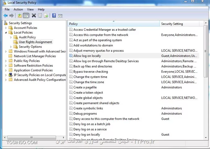  از group policy هم میتونید با زدن دستور secpol.msc  و وارد security policy می شوید و طبق عکس زیر users و guest و ... رو remove کرده و فقط user مورد نظر + admin که مد نظرتون  هست رو اضافه کنید حالا admin local یا admin domain یا enterprise  یا ...||http://network.tosinso.com/files/get/f2ee7e65-2309-4ce6-9961-6cd9b0f2583c||