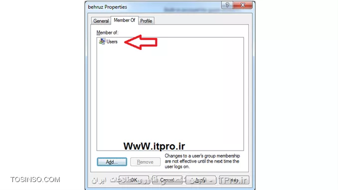 اول وارد User and gorup  میشویم
||http://network.tosinso.com/files/get/11da73b6-7d05-4d8e-adff-3c3498977b83||

در قسمت users ،کاربر مورد نظر :
||http://network.tosinso.com/files/get/ab25bdde-9172-4561-97c7-c18275dff134||

کاربر  peropperties گرفته و ازگروه Administrator خارج کرده وتنها عضو گروه users میکنیم همان طور دوست عزیزمان گفت

||http://network.tosinso.com/files/get/f4846f7a-8d43-42f2-bdc9-3dd43f44197d||

باتشکرازشما نوروز خوبی داشته باشید
بهروزدهباشی