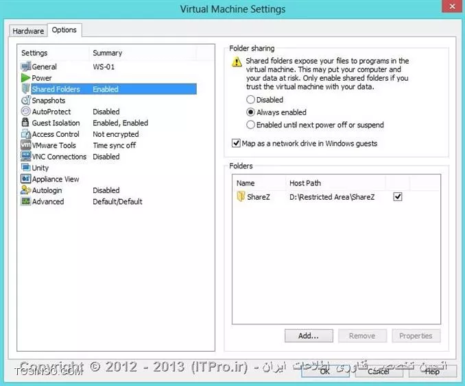 روشی که سعید جان گفته، کاملا درسته.
در ادامه صحبت های سعید جان اینکه میتونی پس از نصب VMware Tools، با Drag & Drop هم فایل رو جابجا کنی.
روش دیگه اینکه میتونی در تنظیمات VM، یه Mapped Drive بسازی که به یه فولدر روی کامپیوتر Host (کامپیوتری که VMware رو روی اون نصب کردی) لینک بشه.
سمت چپ صفحه، VM مورد نظرتو انتحاب کن و روی اون Right Click کن و سپس گزینه Settings رو انتخاب کن.

||http://www.tosinso.com/files/get/d74d124d-7bd3-45ce-a2e2-39eeb3ccd375||

در پنجره باز شده، به تب دوم یعنی Options برو و مطابق تصویر، گزینه Shared Folders رو انتخاب کن.

||http://www.tosinso.com/files/get/f48f97a9-132c-4046-92a4-f618976957ec||

در قسمت سمت راست صفحه، گزینه Add رو مطابق تصویر کلیک کن و سپس آدرس یه فولدر روی کامپیوتر Host رو انتخاب کن.

||http://www.tosinso.com/files/get/249584f4-49d4-4ad9-be87-516c333cce71||

سپس بهد از انتخاب مسیر، به صفحه اصلی (تصویر دوم) بر میگردی و دومین گزینه از بالا Always Enabled رو انتخاب میکنی.

||http://www.tosinso.com/files/get/fd2a7649-d4c2-4fbf-af30-235203b4e832||

حالا از این به بعد هر زمان که My Computer را روی کامپیوتر VM باز کنی، یه Mapped Drive به فولدری که انتخاب کردی مشاهده می کنی و میتونی فایل ها رو از شریق این فولدر به اشتراک بگذاری.

روش دیگه ای هم مثل شبکه کردن کامپیوتر VM و Host و یا در یک Range قرار دادن IP ها وجود داره که ترجیحا بهتر هستش که از یکی از 2 روش بالا استفاده بشه.

اگر سوالی بوذ، حتما بپرسین.
مرسی