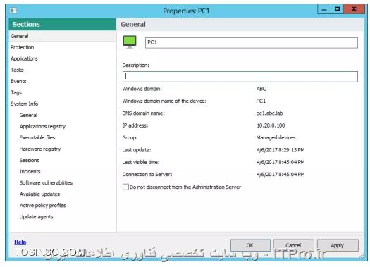 !! مشاهده نتایج نصب ( installation results )
مطالعه نتایج Task نصب باعث می شود تا مطمئن شویم که گروه Managed Device ها که کامپیوتر ها روی آن هستند در حال نصب Agent و Endpoint هستند یا خیر ، در این تست با سرور Security-Center و کلاینت PC1 کار داریم ، آنها را روشن کنید :

1- Task که کامل شود پیامی را صادر می کند :

||https://tosinso.com/files/get/9d660b12-c26d-4510-9433-c84eb4728c59||

2- کلیک کنید روی لینک View Result تا گزارشات مشاهده شود :

||https://tosinso.com/files/get/fc5f7321-ceaf-4571-a02d-23672db0d6a8||

3- Task را ببندید 

4- بروید بر Managed devices 

5- برای چک لیست کامپیوتر ها روی تب Devices کلیک کنید  

6- مطمئن شوید PC1 و Security-Center در اینجا باشند 

7- روی PC1 رفته و Properties را باز کنید 

||https://tosinso.com/files/get/45fc2f89-b88d-4132-9c30-674a0e03b3dc||

8- روی Applications انتخاب کنید :

||https://tosinso.com/files/get/f4e37e68-ce6e-438c-ae40-c2ebf5c817ae||

9- مطمئن شوید Network Agent و Endpoint نصب شده باشند :

||https://tosinso.com/files/get/54a20d3d-9e9a-4414-bb73-b17e62b7dd73||

نویسنده : سید احمد توسلی
منبع : |جزیره امنیت اطلاعات و ارتباطات وب سایت توسینسو::https://tosinso.com/security|
هرگونه نشر و کپی برداری بدون ذکر منبع و نام نویسنده دارای اشکال اخلاقی است

