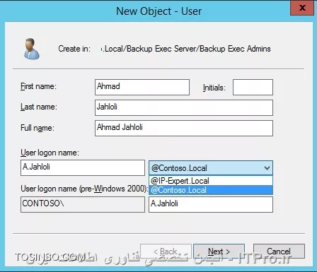 اگر می خواهید چندین Name Space در یک DC داشته باشید این امکان پذیر است.

مثلا اسم دومین فعلی شما Contoso.Local هستش و می خواهید علاوه بر این UPN، UPN دیگری مانند Ip-expert.Local داشته باشید. برای اینکار :

||http://network.tosinso.com/files/get/09a2601e-62e1-424a-bb47-62f7cc20813e||
||http://network.tosinso.com/files/get/56042b57-4496-4aed-b450-bf002b29bdb2||

از این پس هر وقت خواستید Userی بسازید می توانید تعیین کنید این کاربر به کدام UPN Suffixes تعلق بگیرد

||http://network.tosinso.com/files/get/f5154912-f0fe-44f2-b9fe-737e708fe61d||

