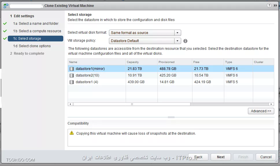  با سلام 
من قصد دارم از یک سرور که عضو VCSA 6.5 هستش و ورژن esxi اون 5.5 هست یک clone بگیریم و بر روی سرور جدیدم که esxi 6.5 هست منتقل کنم  در مرحله انتخاب datastore هشدار زیر رو نمایش میدهد 

<ltr>
Copying this virtual machine will cause loss of snapshots at the destination.
<ltr>

من چندین snapshot مهم دارم و قصد دارم کامل منتقل شه روی کلون جدید . مشکل چی هست 
من دارم یک سری سرور هامو انتقال میدم به سرور جدید و برای مشکلی پیش نیاد اول یک کلون ازش میگرم روی جای جدید اگر اوکی بود و روشن شد قبلی رو خاموش میکنم و ودر اینده پاکش میکنم ولی برام به شدت مهمه همه snapshot ها هم جابجا شه
قبلا در vcenter 5.5 ، که کلون میگرفتم همه snapshot ها هم منتقل میشد الان مشکل چی هست ؟
||https://tosinso.com/files/get/f549548d-04b9-4699-af5f-5ac4bfbdec58||


همچنین وقتی این بخش رو رد میکنم بازهم کلون گرفتن انجام نمیشه و ارور can not connect to the host رو میده
وقتی قصد migrate کردن هم دارم بازم همین ارور رو میده
 ||https://tosinso.com/files/get/b43991cf-a544-4006-939f-8ff8c975f500||
 لاگی که توی vpxd.log توی اون لحظه میندازه به صورت زیر هست

<htm>
2017-08-21T06:19:59.746Z info vpxd[7F0997F7E700] [Originator@6876 sub=VmProv opID=547a370f-e32a-416e-a63f-c2ee5b49e469-221326-h5c:70015828-f9-01] Undo action vpx.vmp   rov.ReserveDirectory
2017-08-21T06:19:59.750Z info vpxd[7F0997F7E700] [Originator@6876 sub=VmProv opID=547a370f-e32a-416e-a63f-c2ee5b49e469-221326-h5c:70015828-f9-01] Done undo action vp   x.vmprov.ReserveDirectory with output:
--> false
2017-08-21T06:19:59.751Z error vpxd[7F0997F7E700] [Originator@6876 sub=vpxLro opID=547a370f-e32a-416e-a63f-c2ee5b49e469-221326-h5c:70015828-f9-01] [VpxLRO] Unexpecte   d Exception: N3Vim5Fault16HostConnectFault9ExceptionE(vim.fault.HostConnectFault)
--> [context]zKq7AVECAAAAAEklWwAddnB4ZAAAeF4rbGlidm1hY29yZS5zbwAAEBcbAMppGIFq2gABbGlidmltLXR5cGVzLnNvAIElmhgBgVHQGAGBuNAYAQIB/852cHhkAAJv080CuPPNAgX5zQJLn3MCwJRzAk+4   cwKif3MCcWnJAk87rgJKPK6BZTgGAQL8pnQCS59zAsCUcwJPuHMCgAt0AEesIwAuryMAN7crA1R0AGxpYnB0aHJlYWQuc28uMAAEHYwObGliYy5zby42AA==[/context]
2017-08-21T06:19:59.761Z info vpxd[7F0997F7E700] [Originator@6876 sub=vpxLro opID=547a370f-e32a-416e-a63f-c2ee5b49e469-221326-h5c:70015828-f9-01] [VpxLRO] -- FINISH    lro-149549
2017-08-21T06:19:59.761Z info vpxd[7F0997F7E700] [Originator@6876 sub=Default opID=547a370f-e32a-416e-a63f-c2ee5b49e469-221326-h5c:70015828-f9-01] [VpxLRO] -- ERROR    lro-149549 --  -- VmprovWorkflow: vim.fault.HostConnectFault:
--> Result:
--> (vim.fault.HostConnectFault) {
-->    faultCause = (vmodl.MethodFault) null,
-->    faultMessage = <unset>
-->    msg = 
--> }
--> Args:
-->
2017-08-21T06:19:59.763Z warning vpxd[7F08BB162700] [Originator@6876 sub=VpxProfiler opID=547a370f-e32a-416e-a63f-c2ee5b49e469-221326-h5c:70015828-f9-01-TaskLoop-430   b375] TaskLoop [TotalTime] took 77252 ms
2017-08-21T06:19:59.764Z info vpxd[7F0997F7E700] [Originator@6876 sub=vpxLro opID=547a370f-e32a-416e-a63f-c2ee5b49e469-221326-h5c:70015828-f9] [VpxLRO] -- FINISH tas   k-3480
2017-08-21T06:19:59.764Z info vpxd[7F0997F7E700] [Originator@6876 sub=Default opID=547a370f-e32a-416e-a63f-c2ee5b49e469-221326-h5c:70015828-f9] [VpxLRO] -- ERROR tas   k-3480 -- vm-3167 -- vim.VirtualMachine.relocate: vim.fault.HostConnectFault:
--> Result:
--> (vim.fault.HostConnectFault) {
-->    faultCause = (vmodl.MethodFault) null,
-->    faultMessage = <unset>
-->    msg = 
--> }
--> Args:
-->
--> Arg spec:
--> (vim.vm.RelocateSpec) {
-->    service = (vim.ServiceLocator) null,
-->    folder = <unset>,
-->    datastore = 'vim.Datastore:D3AAAA5E-88C6-4E9A-9469-E4413A8ABFFE:datastore-3047',
-->    diskMoveType = <unset>,
-->    pool = 'vim.ResourcePool:D3AAAA5E-88C6-4E9A-9469-E4413A8ABFFE:resgroup-3044',
-->    host = 'vim.HostSystem:D3AAAA5E-88C6-4E9A-9469-E4413A8ABFFE:host-3045',
-->    disk = (vim.vm.RelocateSpec.DiskLocator) [
-->       (vim.vm.RelocateSpec.DiskLocator) {
-->          diskId = 2000,
-->          datastore = 'vim.Datastore:D3AAAA5E-88C6-4E9A-9469-E4413A8ABFFE:datastore-3047',
-->          diskMoveType = <unset>,
-->          diskBackingInfo = (vim.vm.device.VirtualDevice.BackingInfo) null,
-->          profile = (vim.vm.ProfileSpec) [
-->             (vim.vm.DefaultProfileSpec) {
-->             }
-->          ]
-->       }
-->    ],
-->    transform = <unset>,
-->    deviceChange = <unset>,
-->    profile = (vim.vm.ProfileSpec) [
-->       (vim.vm.EmptyProfileSpec) {
-->       }
-->    ]
--> }
--> Arg priority:
--> highPriority
2017-08-21T06:20:00.510Z info vpxd[7F09BC611700] [Originator@6876 sub=vpxLro opID=lro-149949-65a278d1] [VpxLRO] -- BEGIN lro-149949 --  -- ScheduledTaskLRO --
2017-08-21T06:20:00.510Z info vpxd[7F09BC611700] [Originator@6876 sub=vpxLro opID=lro-149949-65a278d1] [VpxLRO] -- FINISH lro-149949

<htm>
