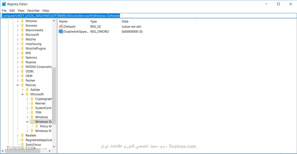 سلام دوست عزیز
به مسیر زیر در رجیستری ویندوز برید :
<cpp>
Computer\HKEY_LOCAL_MACHINE\SOFTWARE\Policies\Microsoft\Windows Defender
<cpp>
طبق عکس زیر مقدار DWORD از 1 به صفر تغییر بدید و سیستم رو Restart کنید.
||https://firewall.tosinso.com/files/get/f57a6c01-3a5a-4893-9220-b5f0685ed7c9||
نکته : اگه اون DWORD نبود یکی باید بسازید، توی اون مسیر راست کلیک کنید و DWORD رو انتخاب کنید و اسمش رو DisableAntiSpyware بزارید و Value یا مقدارش رو صفر بزارید.
نکته : توی RUN تایپ کنید services.msc و اطمینان حاصل کنید که سرویس های زیر هم حتما فعال باشن :
<php>
Windows Defender Security Center Service
Windows Defender Antivirus Service
Windows Defender Advanced Threat Protection Service
Windows Defender Firewall
<php>
