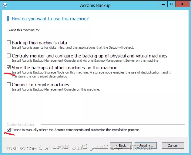 Backup Storage node چیست؟؟؟ یک سرور مرکزی می باشد که مدیریت Vaults ها که بر روی Resourceهای مختلفی پیاده سازی شده است را بر عهده میگیرد وبرای سازمانهای enterprise با داده های وسیع طراحی شده و قابلیتهای بیشتری نسبت به روشهای قبلی برای ما فراهم میکند.یکی از عملکردهای مهم Backup storage node قابلیت deduplication می باشد که اطلاعات مساوی یا یک نوع یا به اصطلاح دیگر یک جور را یک بار در این استورج ذخیره می کند که باعث بهیه سازی پهنای باند و فضای ذخیره سازی می شود.*Vaults Path های که برای Backup storage node استفاده می شود:*
||http://tosinso.com/files/get/7f4364d4-260a-4be1-9150-a4634a013034||

وقتی شما Backupی را بصورت Unmanaged ایجاد کنید تهیه ، نگهداری و  Cleanup دیسک بر عهده خود Agent می باشد که باعث مصرف بیهوده CPU و پهنای باند می شود ولی اگر این وظیفه را بر عهده Backup Storage Node واگذار کنید همه این Taskها در یک جای متمرکز توسط BSN انجام می شود. شما فرض کنید یک Backup Plane را بصورت Schedule بر روی یک Managed machine  ایجاد کرده اید بعد از مدتی پروسه Cleanup برای کاهش حجم هارد دیسک وارد عمل شود و اگر آن زمان آن Managed machine خاموش باشد چه اتفاقاتی در سازمان (بصورت وسیع این پروسه بر روی چندین سرور یا کلاینت تکرار شود) می افتد؟؟؟؟ 
بخاطر همین امر Acronis بدشدت توصیه می کند از BSN استفاده کنید.
استفاده از Managed vault (BSN) دو مزیت دارد:
•	Deduplication
•	Encryption
قابلیت اول را اول این فایل آموزشی بصورت مختصر توضیح دادم و ادامه به مکانیزم این روش بصورت مفصل می پردازیم. ولی قابلیت Encryption باعث رمزگذاری شدن اطلاعات ذخیره شده در Managed vault می شود تا افراد غیر مجاز به اطلاعات حساس سازمان دسترسی نداشته باشند.
! Getting Started with Backup Storage Node
--
پیشنیازهای استفاده از BSN:
•	Management Server
•	Management Console
•	Acronis Backup Advanced file setup
•	سیستم عاملهای وسخت افزارهای مناسب برای نصب این سرویس که در قسمت اول همین اموزش بصورت کامل ذکر گردید.
من برای اینکار یک Win server 2012 R2 نصب و آن را جوین به دومین کردم و و یک RAID-5 برای ذخیره کرده اطلاعات ایجاد کردم و قصد نصب این سرویس را دارم:
برای اینکار فایل Setup برنامه را اجرا می کنم مراحل مربوطه را Next و به صفحه زیر می رسیم که گذینه :
||http://tosinso.com/files/get/f5ac6392-badc-4d67-902e-19de9067f57b||
را انتخاب و Next
||http://tosinso.com/files/get/83a72d8f-9aab-41e7-a872-2c6a37a773ef||
اجزای بالا بصورت پیش فرض انتخاب می شوند. اگر قصد Backup گرفتن از اطلاعات سرور بالا را دارید Agent for Windows  را هم تیک بزنید.
||http://tosinso.com/files/get/aa163233-c311-4812-b1e0-fa716175c397||
یک Account برای اجرای سرویسهای Agent for Windows and Backup Storage node ایجاد یا انتخاب کنید.
نکته: این Account باید عضو دو گروه  Backup Operators and Administrators باشد.
||http://tosinso.com/files/get/6700cc90-6ab7-44bf-bc2c-70953c8dab30||
از شما می خواد که BSN را عضو Management Server کنید. برای اینکار User and pass ی که مجوز اینکار را بر روی Management Server را دارد وارد کنید.
||http://tosinso.com/files/get/31515b92-d69e-470a-9866-8539b2a1847c||
کادر بالا را هم قبلا توضیح دادم. قسمت اول همین اموزش را بخوانید.
در آخر هم Install و Finish
در آخر باید یک Vault به روش Managed در Management Server ایجاد کنید و BSN را معرفی کنید. برای اینکار به ABA وصل و به قسمت Vaults بروید و یک Vault بصورت Centralized ایجاد کنید
||http://tosinso.com/files/get/55ca68a0-7256-4c50-a698-d38ec88d2c46||
گذینه Createرا کلیک کنید
||http://tosinso.com/files/get/e05ecd12-c89c-4b66-9ec8-87da886487c6||
# یک اسم برای این استورج بنویسید.
# توضیحات.
# نوع آن.که باید Managed باشد.
# سرور BSN را انتخاب میکنید.
# فعال و غیرفعال کردن قابلیت Deduplication
# فعال کردن قابلیت Encryption. در ضورت فعال یک string value به آن دهید. که طبق این کد داده ها را رمزگذاری کند.
# مسیر ذخیره سازی اطلاعات.که طبق سناریو بر روی Local Disksهای BSN که بصورت RAID-5 ایجاد شده.
# مسیر دیتابیس Catalog. این دیتابیس شامل اطلاعات catalog index می باشد.
# این قابلیت را بعدا توضیح می دهم.
# Userهای که مجوز مدیریتی بر روی این استورج داشته باشند را انتخاب میکنیم. و همچنین Userهای که بتوانند داده های خود را مدیریت کنند. 
در آخر OK کنید.
||http://tosinso.com/files/get/fffb714b-1c9c-4048-9fdc-ee45b5e1a8ae||
شما همچنین می توانید این سرور را از طریق Storage Node مدیریت کنید:
||http://tosinso.com/files/get/45e6f622-22c0-47fe-8cc5-0ebbd5e6234f||
! Deduplication
--
این قابلیت باعث عدم ذخیره فایلهای تکرای بر روی BSN می شود. این فناوری باعث صرفه جوی در فضای هارد دیسک بوسیله حذف فایلهای تکراری و بهیه سازی پهنای باند می شود، در هنگام Backup گیری اگر Agent متوجه شود که این فایل قبلا در BSN ذخیره شده است از بک آپ گیری آن فایل صرفه نظر می کند.
شما می توانید این قابلیت را بر روی Vaultهای Managed پیاده سازی کنید.  به Vaultی که Deduplication  می باشد deduplicating vault گفته می شود
اساس کار Deduplication  بصورت Block می باشد (یعنی فایلهای را بصورت بسته های به نام Block تقسیم بندی می کند) اگر شما backupی از نوع Disk-Level داشته باشید اطلاعات شما به blockهای 4 KB دسته بندی می شود و برای File-Level از 1 B تا 256 KB دسته بندی می کند. اگر فایلی بزرگتری از 256 KB باشد فایل را به قسمت های 256 KB تقسیم می کند.
Acronis به دو صورت deduplication را انجام می دهد:
<ltr>
•	Deduplication at source
•	Deduplication at target
<ltr>

  Deduplication at source: این نوع بر روی Managed Machine انجام می شود. Agent با استفاده از BSN تعیین می کند چه اطلاعاتی را می تواند Deduplication کند تا مانع انتقال این اطلاعات شود.
Deduplication at target: این نوع بعد از Backup گیری کامل از ریسورس انجام می شود. BSN داده های بک آپ گرفته شده را آنلالیز می کند و داده های که Deduplication می شوند آنها را Deduplication میکند.
نکته: شما هنگام ایجاد Backup Plan Task می توانید تعیین کنید چه داده های را Deduplication کند.
! Deduplication database
--
Backup Storage Node این دیتابیس را ایجاد، تنظیم و نگهداری می کند. و همچنین دارای مقدار هش شده داده های Block شده ذخیره شده در این Vault می باشد به جزء اطلاعاتی که Deduplication نشده اند یا رمزگذاری شده اند.
Deduplication database در BSN ذخیره می شود.. و هنگام فعال کردن این قابلیت می توانید مسیر آن را مشخص کنید.

! How Deduplication works
--
# *Deduplication at source:* وقتی قراره داده های Backup گرفته شده به سوی یک Deduplication Database فرستاده بشه Agent اثر انگشت (hash value) داده های block را محاسبه می کند، بعد از محاسبه Agent یک Query سمت BSN ارسال میکند که آیا این مقدار Block قبلا در این Vault ذخیره شده یا نه؟؟؟ اگر قبلا ذخیره شده باشد Agent فقط مقدار hash شده را ارسال می کند و گرنه همان Block را ارسال می کند و BSN این داده را در یک temporary file ذخیره می کند. 
# *Deduplication at target:* وقتی مرحله Deduplication at source و Backup Plan به اتمام رسید BSN پروسه indexing activity را اجرا می کند. این پروسه اطلاعات را بصورت زیر Deduplication می کند:
•	برای محتویات temporary file مقدار هش را ایجاد می کند.
•	BSN مقدار هش و لینک بازسازی این Data Blockها را ایجاد و آنها را در فایلی به نام deduplication data store ذخیره می کند.
•	محتویات temporary file را حذف می کند.
در نتیجه بعد از Deduplication  فقط مقدار هش شده blockها ذخیره می شود و از ذخیره کرده Block ها تکراری جلوگیری می کند. هر مقدار هش وblockهای منحصر بفرد دارای چندین لینک Reference مربوطه به چندین Backup Plan Task می باشد که جهت بازسازی انها بکار می رود.
||Deduplication ::http://tosinso.com/files/get/2d65cc70-e055-4690-97c2-bf0316a76b4f||
در مواقعی که اطلاعات منحصر بفردی زیادی برای Backup گیری وجود داشت وBSN رم کافی نداشته باشد پروسه بک آپ fail می شود. 
نکته: حداقل RAMی که برای BSN توصیه شده 8 گیگ می باشد.
نکته: گاهی وقتا شما Backup Setهای را دستی یا در حین اجرای پروسه Cleanup پاک می شوند و blockهای باقی می مانند که به هیچ Backup setی تعلق نداشته باشد. این Blockها توسط  compacting task پاک می شوند. compacting task هر یکشنبه شب ساعت 3 اجرا می شود که شما می توانید این زمان بندی را بدلخوا تنظیم کنید.
||http://tosinso.com/files/get/1c91fb82-8469-4473-9e81-028f9c5750c1||
! Deduplication Limitation 
--
•	اگر Backupی بوسیله پسورد محافظت شده باشد. نمی توان آن را Deduplication کرد.
•	اگر cluster size or block size یک Volume بخش پذیری از 4 KB نباشد.
•	فایلهای رمز گذاری شده را نمی توان Deduplication کرد.
! Create Deduplication Database
--
برای ایجاد این دیتابیس در Managed vault کافیه گذینه زیر را فعال کنید و مسیر  Deduplication Database را مشخص کنید.
||http://tosinso.com/files/get/5dec2066-a3de-4ab7-bacc-840408ba01bd||
||http://tosinso.com/files/get/433f948c-2721-4f8b-97b4-64d530cc1fb6||
در آخر هم باید تذکر بدم که شما نمی توانید قابلیت Deduplication را بر روی سیستم عاملهای 32 bit پیاده سازی کنید. به هیچ وجه توصیه شده نسیت.
شما همچنین میتوانید قابلیت Deduplication را بر روی یکی از Volumeهای Windows Server 2012R2 پیاده سازی کنید.
<ltr>
Windows Server 2012 R2 Deduplication
<ltr>
<c#>
http://www.windowsnetworking.com/articles-tutorials/windows-server-2012/windows-server-2012-r2-deduplication.html
<c#>
در آموزش بعدی Acronis Secure Zone را آموزش میدهم.

موفق و پیروز باشید. 

نویسنده: احمد جهلولی 
منبع: |جزیره راهکارهای ذخیره سازی اطلاعات وب سایت توسینسو ::https://tosinso.com/virtualization|
نشر و کپی برداری، صرفاً با ذکر نام نویسنده و منبع مجاز می باشد. 