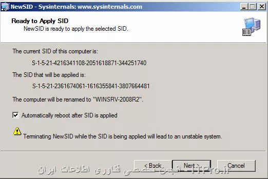مهندس سلام مجدد...

من اين مراحل رو به ترتيب رفتم....

مرحله اول:

||http://network.tosinso.com/files/get/7ee52d61-815e-4c8b-9906-d415f4a7877e||

مرحله دوم:

||http://network.tosinso.com/files/get/a3e197e8-4914-4cf4-a9c8-0cb18dff09d9||

مرحله سوم:

||http://network.tosinso.com/files/get/01774355-018f-4d4e-be59-c13765b9c137||

مرحله چهارم:

||http://network.tosinso.com/files/get/eb01947a-3a95-44af-bbcd-a08b72ed6d67||

مرحله پنجم:

||http://network.tosinso.com/files/get/f607a884-5b2b-4728-be5c-ce588ed63fc6||

مرحله ششم:

||http://network.tosinso.com/files/get/a7f01421-d2d7-4fd4-8439-e20a1732c47e||

و نهايتا در مرحله آخر و بعد از Restart کردن تو حالت Blue Screen رفت و ديگه نشد کاري رو بکنم....

حالا يکبار ديگه نصب ويندوز ميکنم و اين مراحل رو هم تست ميکنم، فقط يه سؤال مهم! قبل از انجام و استفاده از NewSid بايد Sysprep رو انجام داده باشم يا اصلا نيازي نيست؟

چون طبق نظرات قبلي من Sysprep رو انجام داده بودم و بعد از NewSid استفاده کردم.

ممنون