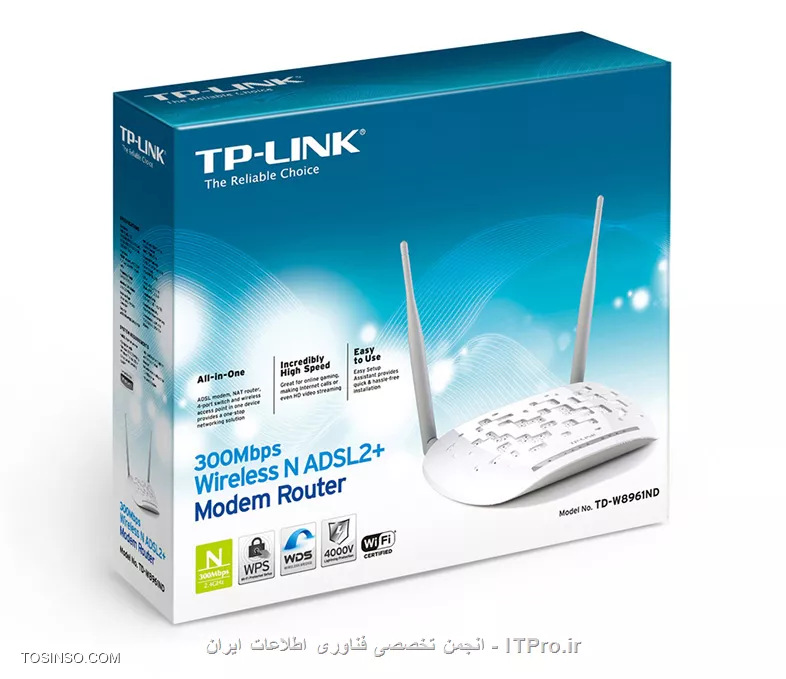 TP-Link TD-W8961ND 300Mbps Wireless N ADSL2+ Modem Router
||http://network.tosinso.com/files/get/f63ad8cd-5045-4f11-ab3b-137bf2836fdf||
مزایا:
دارای سه قابلیت مودم ADSL, روتر و اکسس پوینت
قابلیت حفاظت از کاربران شبکه در قبال هکرها از طریق فایروال NAT و SPI
قابلیت پشتیبانی از *WDS* برای توسعه شبکه بی‌سیم
قیمت:تقریباً 89,000 تومان 
||http://network.tosinso.com/files/get/a241ce66-63d3-4e98-b6bc-a844371b9b54||
|منبع::http://www.digikala.com/Product/DKP-4808/TP-Link-TD-W8961ND-300Mbps-Wireless-N-ADSL2-Modem-Router/%D9%85%D9%88%D8%AF%D9%85-%D8%B1%D9%88%D8%AA%D8%B1-%D8%A8%DB%8C%E2%80%8C%D8%B3%DB%8C%D9%85-ADSL2-%D8%AA%DB%8C-%D9%BE%DB%8C-%D9%84%DB%8C%D9%86%DA%A9-%D9%85%D8%AF%D9%84-TD-W8961ND|