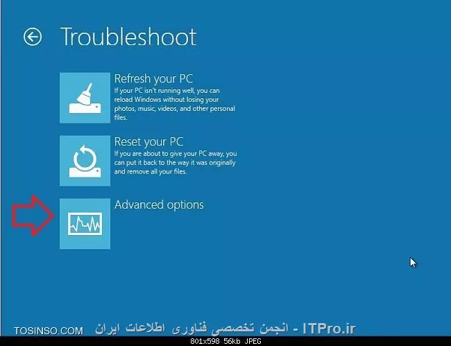 ! How to Open a Command Prompt at Boot in Windows 8
این آموزش به شما یاد خواهد داد در هنگام راه اندازی ویندوز 8 (بوت شدن) به خط فرمان دسترسی پیدا نمود 
ابتدا برای اینکه بدانید چطور میشود به بوت ویندوز 8 رسیر آموزش زیر را مطالعه فرمایید.
|راه های دسترسی به منوی بوت در ویندوز ۸::https://tosinso.com/articles/40116/%d9%85%d8%b9%d8%b1%d9%81%db%8c-3-%d8%b1%d8%a7%d9%87-%d8%af%d8%b3%d8%aa%d8%b1%d8%b3%db%8c-%d8%a8%d9%87-%d9%85%d9%86%d9%88%db%8c-%d8%a8%d9%88%d8%aa-%d8%af%d8%b1-%d9%88%db%8c%d9%86%d8%af%d9%88%d8%b2-%d9%87%d8%b4%d8%aa|

||http://tosinso.com/files/get/b134c13e-dc8e-450c-94c8-423c61ad8071||
||http://tosinso.com/files/get/4fafdbe0-4c91-4d4f-86dd-b31785cd5c3c||
1. مرحله 2 یا 3 را میتوانید استفاده کنید برای باز کردن خط فرمان (Command Prompt) در هنگام بوت.
2. ویندوز خود را از طریق DVD بوت کنید و یا میتوانید این بوت را توسط USB، و یا فایل ISO البته اگر در یک ماشین مجازی هستید انجام دهید
میتوانید از دو روش این کار را انجام دهید.

A) میتوانید دکمه های Shift + F10 را زمانی که در صفحه نمایش ویندوز نصب می باشد، استفاده کنید در این حالت میتوانید به مرحله 4 بروید یعنی پایان .
||http://tosinso.com/files/get/91ae7747-6f20-4ff7-8045-dcf464b62712||

*یا*

3. استفاده از بوت قسمت System Recovery Option که برای رسیدن به این حالت مسیر زیر را باید طی کنید 

A) کلیک کنید روی گزینه عیب یابی Troubleshoot (تصویر زیر را ببینید)
||http://tosinso.com/files/get/965ba071-8505-4bcb-85c8-6ca05bd3a816||

B) کلیک کنید روی گزینه پیشرفته Advanced options (تصویر زیر را ببینید)
||http://tosinso.com/files/get/f6a0396b-bf0a-4fc2-a4b8-721488433e4c||

C) کلیک کنید روی گزینه Command prompt. (تصویر زیر را ببینید)
||http://tosinso.com/files/get/7a35c91f-fade-43eb-b3c3-4b97f8b7984c||

D) در پنجره جدید باز شده لیستی از یوزر ها رو مشاهده میکنید که میتوانید روی administrator  یا یوزر مورد نظر کلیک کنید
توجه: اگر شما نمیخواهید از دی وی دی ویندوز 8 برای بوت کردن استفاده کنید حساب کاربر استاندارد و حساب های کاربری تحت Domain را نمیتوانید ببینید ولی چنانچه بوت شما از طریق F8 انجام شود میتوانید ببینید .
||http://tosinso.com/files/get/da8cf4f2-22fb-42e6-87bc-4ca6da427038||

E) روی یوزر کلیک کنید و پسورد را بزنید (تصویر زیر را ببینید)
||http://tosinso.com/files/get/9a77564c-5e10-4f00-884f-c0345668e80a||

4. Command Prompt با انجام کار های بالا در هنگام بوت باز خواهد شد.

|لینک منبع::http://www.eightforums.com/tutorials/2755-command-prompt-boot-startup-windows-8-a.html|

نویسنده : فرهاد خانلری 
منبع : انجمن تخصصی فناوری اطلاعات ایران 
هرگونه نشر و کپی برداری بدون ذکر منبع و نام نویسنده دارای اشکال اخلاقی می باشد 