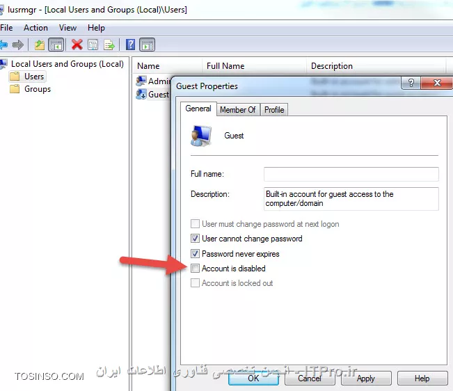 با یوزرتون Log in کنید توسط دستور lusrmgr.msc در RUN به قسمت یوزر رفته و Administrator رو از لیست پیدا کرده راست کلیک کنید properties بزنید و Account is disable رو تیکشو بردارید تا موقع Log off کردن بتونید با یوزر Admin وارد ویندوز بشید.
||http://icdl.tosinso.com/files/get/f6b351be-53ff-47c5-8ebb-ff475f2a7f8a||
دوست من شما روی درایو مجوز دسترسی بده یعنی از Root شروع کن به سطح دسترسی و Sub Folderها باید از Root یا از پدرشون به ارث ببرن مجوز ها رو.