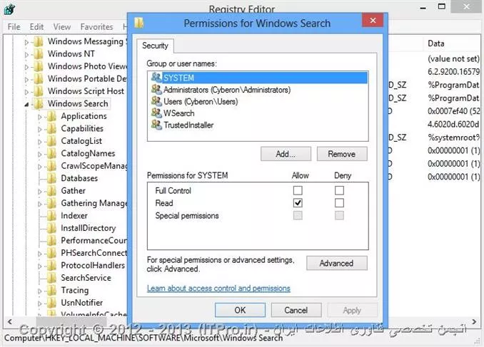 تنظیمات مربوط به Windows Search (البته Machine Based) در این شاخه از Registry قرار دارن:
<css>
HKEY_LOCAL_MACHINE\Software\Microsoft\Windows Search
<css>

||http://www.tosinso.com/files/get/f2ed1cfb-9889-4ca0-a9dd-2f112048df80||

سپس روی شاخه Windows Search راست کلیک کن و Permissions رو انتخاب کن.

||http://www.tosinso.com/files/get/f6e14b7b-f202-4bc2-a00b-b8a1af613816||

سپس کاربر مورد نظر رو انتخاب کن و Full Control رو Deny کن.


