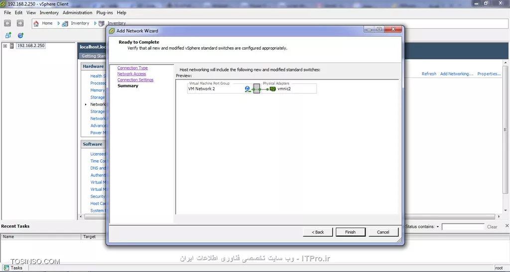 خیلی خیلی ممنونم از راهنماییتون.همونطور که گفتین قسمت networking رو چک کردم.دوتا کارت شبکه add  شده که دومی رو دیروز از کنسول تحت وب esxi اضافه کردم.اما همونطور که در تصویر اول می بینید تو قسمت network adapters هر چهارتا کارت شبکه دیده میشن.با اجازه شما من چند تا تصویر از وضعیت کارت شبکه ها توی esxi میذارم و البته بگم خدمتتون که مراحل add کردن رو تا قبل از دکمه finish رفتم.اما چون روالش مربوط به اضافه کردن vswitch بود finish رو نزدم و تصاویر مراحل رو گذاشتم .شاید نکته ای داشته باشه که نیاز باشه قبل از add کردن vswitch ها راجع بهشون راهنماییم کنین.عذر می خوام و مچکرم.
||http://network.tosinso.com/files/get/6eff6d54-f8b8-4758-806c-a5d84349cae4||
||http://network.tosinso.com/files/get/45b0df0d-d910-4a45-8a8f-dd3727e07fc2||
||http://network.tosinso.com/files/get/8ae11f48-3653-4eb6-91a8-adf3ad1ba920||
||http://network.tosinso.com/files/get/bdd73420-ff2a-42e0-b64c-f9c8aa919610||
||http://network.tosinso.com/files/get/f6edd907-30e5-46e2-9ed2-82310716a4f3||
