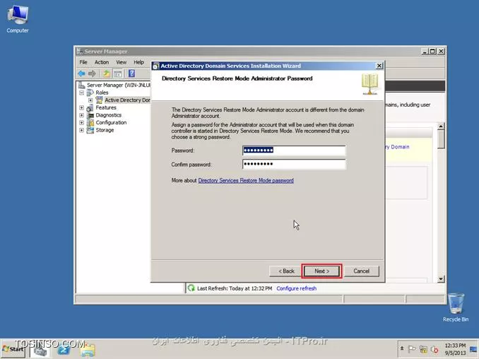 ||http://network.tosinso.com/files/get/465f83f1-ad1d-44fd-97d7-47db2dbdd599||
! راه اندازی یک شبکه قدرتمند محلی تحت دامین-Domain Networking

خب همان طور که از نامش معلوم هست شبکه ما تحت دامین میباشد و با شبکه های Workgroup خیلی تفاوت دارد. در شبکه دامین ما با سیستم عامل سرور یک شبکه راه اندازی میکنیم و بقیه کامپیوتر ها باید به سرور متصل شوند
تا بتوانند از سیستم های خود استفاده کنند همچنین ما در شبکه دامین میتوانیم سطح دسترسی کاربران را به قسمت های مختلف ویندوز محدود کنیم برای مثال از سرور دستور میدهم که کاربر X نتواند از USB استفاده کند و...
در شبکه Domain شما باید روی سرور برای هر کاربر Username و Password تعریف کنید تا کاربران با User و Pass های تایین شده توسط شما بتوانند کامپیوتر های خود را Login کنند.
در این قسمت از سیستم عامل Windows Server 2008 R2 استفاده میکنیم.

*خصوصیات شبکه Domain:*
قابلیت مدیرت هزاران کامپیوتر تنها از یک کامپیوتر ( سرور )
تعیین کردن سطح دسترسی کاربران به قسمت های مختلف سیستم عامل ویندوز
نصب برنامه ها تحت شبکه ( شما تایین میکنید که کاربران بتوانند چه برنامه هایی نصب کنند )
امنیت فوق العاده بالا
انعطاف پذیری بالا در مدیریت کاربران
نصب ویندوز بر روی کامپیوترهای Client عضو شبکه Domain
و......

پیکربندی ویندوز Server 2008 R2 Enterprise:
1- سیستم عامل ویندوز را روی کامپیوتر سرور نصب کنید. سیستم عامل را حتما فعال و Active کنید و ساعت آن را تنظیم کنید.
2- در این قسمت باید سرویس Active Directory را روی ویندوز سرور نصب کنید تا شبکه شما به Domain تبدیل شود. ( ADDC: Active Directory Domain Controller )
2-1: نصب سرویس Active Directory:

روی Start کلیک کنید سپس از Administrative Tools گزینه Server manager را انتخاب کنید:
||http://network.tosinso.com/files/get/d1bb9151-613e-43a6-9396-6d85acb85013||
2-2- در صفحه باز شده روی Roles کلیک کنید سپس Add Roles را بزنید:
||http://network.tosinso.com/files/get/9a64b30c-3142-4369-bca1-a874b86e16c5||
2-3- در این قسمت روی Next کلیک کنید:
||http://network.tosinso.com/files/get/587b1e57-15e6-462f-8a79-c55b970d6213||
2-4- در این قسمت تیک گزینه Active Directory Domain Services را بزنید:
||http://network.tosinso.com/files/get/ff749a6f-06e0-45a4-901e-53d8baa048a6||
2-5- صفحه ای باز میشود و باید روی Add Required Features کلیک کنید:
||http://network.tosinso.com/files/get/3fbe52f7-01e0-45d6-adb0-5fb2c2f42793||
2-6- تیک Active Directory Domain Services زده شد حالا روی Next کلیک کنید:
||http://network.tosinso.com/files/get/524e7fd5-206f-47f3-854a-efe49c96326d||
2-7- روی Next کلیک کنید:
||http://network.tosinso.com/files/get/2e1a28d8-acb0-4701-a7ae-9f42e86e1968||
2-8- روی Install کلیک کنید تا سرویس Active Directory نصب شود:
||http://network.tosinso.com/files/get/162dd0de-588b-4136-aaa4-2104315ab108||
2-9- در حال نصب:
||http://network.tosinso.com/files/get/6489b5cd-83f0-4b66-a890-eaa10b5c4660||
2-10- روی Close کلیک کنید تا نصب به اتمام برسد:
||http://network.tosinso.com/files/get/1b8b18aa-6986-418a-b01e-6b59c2ca8d5d||
2-11- روی Start کلیک کنید سپس از Administrative Tools گزینه Server manager را انتخاب کنید.
روی Roles کلیک کنید سپس روی Active Directory Domain Services کلیک کنید:
||http://network.tosinso.com/files/get/dee593d9-243f-44b2-93bc-6b300fe7d76c||
2-12- روی Run the Active Directory Domain Services Installation Wizard dcpromo.exe کلیک کنید:
||http://network.tosinso.com/files/get/3a44e3d2-068c-4c3d-9b58-80f609dbc2ad||
2-13- روی Next کلیک کنید:
||http://network.tosinso.com/files/get/3e5f84e4-a44a-4fad-8f5d-9f4ceb6e859f||
2-14- روی Next کلیک کنید:
||http://network.tosinso.com/files/get/2305697b-c67d-47d3-8601-cc7be14bc60a||
2-15- تیک گزینه Creat a new domain in a new forest را بزنید و روی Next کلیک کنید:
||http://network.tosinso.com/files/get/8dba017d-96aa-4fe6-bf36-681a52f70056||
2-16- در این قسمت باید برای دامنه شبکه دامین یک نام انتخاب کنید. دقت کنید که باید از 2 یا 3 کلمه تشکیل شود و بین آن ها نقطه ( . ) گذاشته شود. سپس روی Next کلیک کنید:
||http://network.tosinso.com/files/get/82dff6dd-706c-4bba-90b1-96701c4711e3||
2-17- در این قسمت از بالا ( Forest fuctional level ) گزینه Windows server 2008 R2 را انتخاب کنید و روی Next کلیک کنید:
||http://network.tosinso.com/files/get/781a032f-d08e-4aa9-bbfe-f0a3ed1ca1eb||
2-18- در این قسمت مطمئن باشید که تیک گزینه DNS خورده باشد سپس روی Next کلیک کنید:
||http://network.tosinso.com/files/get/f9000eaf-8a56-439c-b3f8-d985a60c39c0||
2-19- در این قسمت باید نوع سیستم IP دهی به شبکه را انتخاب کنید که DHCP و Manual میباشد من در اینجا ار IP دهی Manual استفاده میکنم و IP کارت های شبکه را دستی تنظیم میکنم
پس ابتدا IP سرور را دستی تنظیم کنید سپس گزینه زیر را انتخاب کنید:
||http://network.tosinso.com/files/get/82ea3931-05e4-4aea-99f3-969ef43e0458||
IP که من تنظیم کردم:
||http://network.tosinso.com/files/get/8154f867-bb10-4d7b-8e89-260cebf69a2b||
IP Address: 192.9.200.77 این IP باید در رنج IP ها و روترهای داخل شبکه باشد.
Subnet Mask: 255.255.255.0 باید همین مقدار باشد: 255.255.255.0
Default Geteway: 192.9.200.50 باید IP مودم یا روتر اینترنت باشد تا به اینترنت دسترسی داشته باشد.
2-20- سپس روی Next کلیک کنید و Yes را بزنید:
||http://network.tosinso.com/files/get/ea8c50c0-9f6d-4b9f-a188-7ea6f9e099d5||
2-21- روی Next کلیک کنید:
||http://network.tosinso.com/files/get/8065e660-4640-4674-a0ce-a263e88611f7||
2-22- در این قسمت برای بازیابی Active Directory یک رمز وارد کنید ( رمز شما باید ترکیبی از حروف کوچک حروف بزرگ و اعداد و کاراکتر یاشد ) سپس روی Next کلیک کنید:
||http://network.tosinso.com/files/get/f7579a6a-96f7-49b2-88d8-e51c2efbae91||
2-23- روی Next کلیک کنید تا تنظیمات اعمال شود:
||http://network.tosinso.com/files/get/01968a4a-546e-4e3b-9b0a-0577c06aaa91||
2-24- در این قسمت تیک گزینه Reboot on completion را بزنید تا بعد از اتمام نصب و تنظیمات سرور ریست شود:
||http://network.tosinso.com/files/get/4bf0cd9d-497e-4e7c-a2b6-07c6bdc59e00||
خب تا اینجا توانستیم شبکه Domain را روی سرور راه اندازی کنیم. حالا باید کامپیوترهای کاربران و کلاینت ها را عضو این شبکه کنیم.
||http://network.tosinso.com/files/get/2953c08f-ffda-4765-a24f-b57b27b1acb9||
! join کردن کامپیوتر ها به سرور
عضو کردن کامپیوترهای کاربران و کلاینت ها به شبکه Domain:
تعریف Username و Password برای یک یا چتد کاربر روی ویندوز سرور:
خب شما ابتدا باید روی سرور برای هر کاربر و کلاینت یک نام کاربری و رمز عبور تعریف کنید تا کاربران بتوانند وارد حساب کاربری خود شوند.
1- روی Start کلیک کنید سپس از Administrative Tools گزینه Server manager را انتخاب کنید.
به مسیر زیر بروید:
<c#>
Roles > Active Directory Domain Services > Active Directory users and Computers > Domain name > Users
<c#>
Domain name همان اسمی هست که برای شبکه Domain انتخاب کردید.
||http://network.tosinso.com/files/get/3643b8f5-fd04-49bd-afe5-70167391d2e2||
2- روی Users کلیک راست کنید و New user را بزنید:
||http://network.tosinso.com/files/get/5ad37cf3-02f0-47f7-9f82-91d39d93a7c9||
3- First name: نام کاربر را وارد کنید.

Last name: اسم فامیل کاربر را وارد کنید.

User logon name: نام کاربری کاربر برای وارد شدن به سیستم را وارد کنید.
سپس روی Next کلیک کنید:
||http://network.tosinso.com/files/get/60bb779e-6856-40b1-93ff-80b3c7021f24||
4- در این قسمت برای User که ساختید پشورد بزارید و همه تیک ها را بردارید و روی NExt کلیک کنید ( پسورد ترکیبی از اعداد حروف کوچک و بزرگ و کاراکتر باشد )
||http://network.tosinso.com/files/get/2591bc9d-892f-4d2c-9123-0c27023ee07c||
5- روی Finish کلیک کنید:
||http://network.tosinso.com/files/get/5a60ff1d-80d2-4d32-87e6-959e80df3dfc||
6- User ما بر روی سرور ساخته شد.

به کامپیوتر کاربر یا کلاینت بروید سپس IP آدرس برای آن کلاینت تعریف کنید ( IP باید در رنج IP سرور و شبکه باشد )
IP Address: آدرس IP در رنج شبکه و سرور ( تکراری نباشد )
Subnet Mask: باید 255.255.255.0 باشد
Default geteway: باید IP روتر یا مودم اینترنت باشد
Prefered DNS Server: که خیلی مهم میباشد باید IP سرور را وارد کنید اگر وارد نکنید امکان عضویت و بر قراری ارتباط با سرور را ندارید.
||http://network.tosinso.com/files/get/7120de2c-28be-4b06-b6bb-5dea7c2b1fa0||
6- روی Computer کلیک راست کنید و Properties را بزنید سپس روی Change settings کلیک کنید:
||http://network.tosinso.com/files/get/6448080b-1d7a-4f29-b68a-e22e062d076a||
7- روی Change کلیک کنید:
||http://network.tosinso.com/files/get/4268e27b-a4e8-40cf-ad0a-d49da540731d||
8- تیک گزینه Domain را بزنید و نام Domain که در سرور موقع نصب Active Directory انتخاب کردید را وارد کنید و OK را بزنید:
||http://network.tosinso.com/files/get/5c2cd75d-4a84-4a5a-9075-2672ada1bd65||
9- از شما USER Name و Password میخواهد:
||http://network.tosinso.com/files/get/4a3f8a04-0fc3-402d-bba6-4957033a51ff||
Username باید Administrator را وارد کنید و Password را رمز عبور ویندوز سرور 2008 سپس Ok را بزنید:
10- پیام خوش آمد گویی به شما نمایش داده میشود. این یعنی این که کاربر شما عضو شبکه Domain شد. روی OK کلیک کنید:
||http://network.tosinso.com/files/get/ba3a7f60-7726-457f-af71-9cec5e2c5a65||
11- از شما میخواهد کامپیوتر را ریست کنید رو OK کلیک کنید:
||http://network.tosinso.com/files/get/78b86ffc-d746-48f7-afbe-5e5df898929f||
سپس Close را بزنید و Restart now را بزنید.
12- سیستم کاربر که روشن شد به شما میگه مه CTRL + ALT + Delete را بزنید تا Login شوید:
||http://network.tosinso.com/files/get/18282e58-64b6-46c1-adb1-c3291cb96d40||
13- روی Switch User کلیک کنید:
||http://network.tosinso.com/files/get/52f35079-78d5-4633-bd7f-a71623317de8||
14- Other User را بزنید:
||http://network.tosinso.com/files/get/6b9d9841-f62d-48f3-a6ff-215ce30e2824||
15- User name و Password که در سرور برای کاربر تعریف کردید را وارد کنید تا Login شود:
||http://network.tosinso.com/files/get/5d6df99e-ab52-4b11-80f9-630070acbe20||
||http://network.tosinso.com/files/get/e51322cc-c0f7-4ffc-ade0-f0dc086b4188||
16- کاربر شما با موفقیت عضو شبکه Domain شد
||http://network.tosinso.com/files/get/4b8fb913-5ae3-40bb-b733-f01b85f970a1||
موفق باشید.