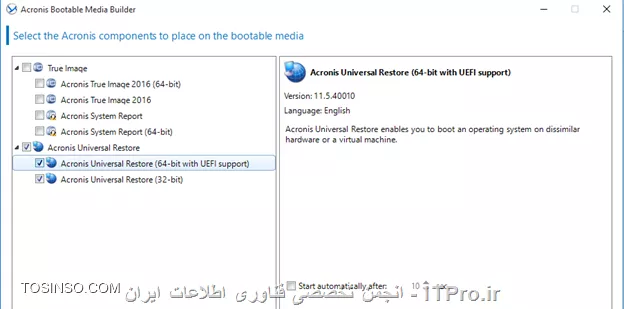 |ریکاوری کردن کل سیستم بر روی یک هارد دیسک جدید بوسیله Acronis True Image 2016::https://tosinso.com/articles/41964/%d8%a2%d9%85%d9%88%d8%b2%d8%b4-%d8%b1%db%8c%da%a9%d8%a7%d9%88%d8%b1%db%8c-%d8%a7%db%8c%d9%85%db%8c%d8%ac-%da%a9%d9%84-%d8%b3%db%8c%d8%b3%d8%aa%d9%85-%d8%b1%d9%88%db%8c-%d9%87%d8%a7%d8%b1%d8%af-%d8%ac%d8%af%db%8c%d8%af-%d8%a8%d8%a7-%d8%a7%da%a9%d8%b1%d9%88%d9%86%db%8c%d8%b3|
|قابلیت Cloning در Acronis True Image 2016::https://tosinso.com/articles/41112/%d8%a2%d9%85%d9%88%d8%b2%d8%b4-%d8%a7%d8%b3%d8%aa%d9%81%d8%a7%d8%af%d9%87-%d8%a7%d8%b2-Cloning-%d8%af%d8%b1-%d8%a7%da%a9%d8%b1%d9%88%d9%86%db%8c%d8%b3-(-Acronis-True-Image-)|
در دنیای Backup گیری یکی از بزرگترین معضلات، Recover کردن یک Backup بر روی یک سخت افزار متفاوت می باشد. این پروسه بصورت اتومات و تضمینی در هیچ شرکتی یا سازمانی انجام نشده است و همیشه Admin در این پروسه دخالت و دستکاری های را انجام می دهد.بعضی از نرم افزارها مانند Acronis, Backup Exec and Symantec System Recovery  ایجاد شده اند تا این پروسه مهم و دست گیر را تا حدودی بر اساس شرایط خاصی هندل کنند. در این آموزش قصد داریم از  قابلیت Acronis Universal Restore در Acronis True Image 2016 استفاده کنیم. قبل از هر چیز باید عرض کنم این نرم افزار  (Acronis true image)بیشتر Client-side می باشد و برای کاربران خانگی استفاده می شود تا برای سرویسهای مهمی مانند Exchange or Active Directory پس سعی کنید برای این چنین سرویسهای از راهکارهای جامعتر ومکملتری استفاده کنید. در بیشتر سازمانهای مشاهده می کنیم Admin شبکه بوسیله همین قابلیت از یک PC ایمیج می گیرد و بر روی سایر کامپیوترها Deploy می کند!!! به نظر بنده این روش نادرست می باشد گرچه Admin با خیال راحت این ایمیج را Deploy می کند و چیز خاصی را احساس نمی کند ولی در آینده یقین داشته باشید شبکه این Admin وضعیتی مشابه وضعیت آب و هوا پیدا می کند و همیشه با مشکلات کلنجار می رود. شاید با خودتون بگید پس ما چکار کنیم؟؟؟ اگر از این قابلیتها استفاده نکنیم!!!
برای اینکار Microsoft سلوشن خودشو داره. برای اطلاع بیشتر لینک زیر را مطالعه کنید.
<ltr>
Creating Custom Install Images
<ltr>
<c#>
https://technet.microsoft.com/en-us/library/dd637993(v=ws.10).aspx
<c#>
از مطلب اصلی فاصله گرفتیم.
خب!!!
با استفاده از قابلیت Acronis Universal Restore  شما به راحتی می توانید یک ایمیج را بر روی یک سیستم با مشخصات سخت افزاری متفاوت Recovery کنید. این قابلیت به شما اجازه می دهد درایور ها و چیپستها و.... سیستم  را بعد از Recovery بر روی سیستم جدید نصب کنید. این کار باعث جلوگیری از ظاهر شدن blue screen  بعد از ریکاوری کردن ایمیج می شود. یکی از مزیتهای این قابلیت جستجوی درایور مخصوص Controller هارد دیسک یا درایور مخصوص Motherboard و نصب آن بر روی سیستم جدید می باشد، تا سیستم عامل قدیمی بتواند با این سخت افزار جدید Mach و Load شود.
<ltr>

When you restore your backup to a new location, Universal Restore:
•	Detects the machine type and auto-installs appropriate drivers for the hardware abstraction layer (HAL).
•	Detects hard disk controllers (SCSI and IDE) OR prompts you for driver locations.
•	Reboots the machine.
<ltr>
نکته : این قابلیت بر روی همه نسخه های Acronis بصورت رایگان وجود دارد.
پیش نیازهای استفاده از این قابلیت:
•	یک Full Backup یا Critical Backup (منظور از critical backup پارتیشنهای سیستم عامل می باشد)
•	Acronis Universal Boot media
•	درایورهای مورد نیاز برای Load شدن سیستم عامل.
*قدم اول ایجاد Acronis Universal Boot media می باشد:*
برای این منظور Acronis true image را اجرا کرده و به منوی Tools رفته و گذینه زیر را کلیک کنید
||http://tosinso.com/files/get/1362f4bb-e78f-47f3-9d36-261bc2531846||
و ابزار Acronis universal restore را دانلود و نصب کنید.
بعد از نصب دوباره به مسیر بالا رفته و گذینه Acronis universal restore را کلیک کنید تا Wizard ایجاد Acronis Universal Boot media ظاهر شود.
در اولین مرحله next کنید. در صفحه زیر گذینه مشخص را انتخاب و Next کنید
||http://tosinso.com/files/get/b6135355-a5f3-4367-8d7b-a78289075a34||
شما همچنین می توانید از Win PE هم استفاده کنید که بجای Load کردن یک محیط Linuxی از windows preinstallation environment استفاده میکند به شرطی که Windows AIK بر روی سیستم نصب شده باشد.
Next کنید.
||http://tosinso.com/files/get/f79d371f-a745-4226-981b-071bf7454711||
هر دو گذینه بالا را انتخاب کنید تا بتوانید Acronis Universal Boot media را در هر دو محیط Bios and UEFI اجرا کنید.
||http://tosinso.com/files/get/5b0bd982-12c3-47a5-85a4-d9c87a95c563||
خروجی این فایل بوت را مشخص کنید.
||http://tosinso.com/files/get/4e637058-4bc7-44e4-87b0-05fa7d36d4c1||
در کادر بالا می توانید درایورهای HDD controller , the chipset and NIC … سیستمی که قراره این ایمیج بر روی آن Recover شود را به Acronis معرفی کنید تا آنها را نصب کند.
نکته: در کارد بالا فقط می توانید فایلهای با پسوند *.inf, *.sys or *.oem را معرفی کنید. اگر درایور شما یک فایل exe می باشد با 3rd party های آن را Extract  کنید و این فایلها را استخراج کنید.
در آخر Next  و دکمه Proceed را کلیک کنید. 
Acronis Universal Boot media ایجاد شد.
! سناریو
--
در شرکت کوچک ما یک  FTP serverداریم که بر روی Windows 7 میزبانی می شود ما بصورت مرتب بوسیله همین برنامه یا نسخه های دیگرAcronis از این سرور Backup تهیه می کنیم. بعد از مدتی سرور ما بنا به دلایلی کلا از بین رفت...... و الان قصد داریم ایمیج گرفته شده File Server را بر روی یک File Server جدید با مشخصات سخت افزاری جدید Recover کنیم. 
اولین قدم در این راستا Recovery کردن سیستم عامل و برنامه های دیگر بر روی این سرور می باشد. که برای این منظور می توانید از |ریکاوری کردن کل سیستم بر روی یک هارد دیسک جدید بوسیله Acronis True Image 2016 استفاده کنید.::https://tosinso.com/articles/41964/%d8%a2%d9%85%d9%88%d8%b2%d8%b4-%d8%b1%db%8c%da%a9%d8%a7%d9%88%d8%b1%db%8c-%d8%a7%db%8c%d9%85%db%8c%d8%ac-%da%a9%d9%84-%d8%b3%db%8c%d8%b3%d8%aa%d9%85-%d8%b1%d9%88%db%8c-%d9%87%d8%a7%d8%b1%d8%af-%d8%ac%d8%af%db%8c%d8%af-%d8%a8%d8%a7-%d8%a7%da%a9%d8%b1%d9%88%d9%86%db%8c%d8%b3|
ولی متاسفانه بعد از انجام پروسه بالا در اولین Boot سرور با صفحه زیر رو به رو شدیم:
||http://tosinso.com/files/get/a39960f1-a4f6-421a-b1e9-42fd2a436957||
این خطا طبیعیه ایمیج ریستور شده قبلا با سخت افزارهای مختلفی فعالیت می کرد ولی الان سخت افزار این سرور را شناسائی نمی کند و به خاطر همین این خطا را نشان می دهد. برای حل این مشکل ما از Acronis Universal Boot media استفاده می کنیم. اولین قدم بوت کردن File Server با Acronis Universal Boot media می باشد.
||http://tosinso.com/files/get/8a060bc1-1b83-486f-9cd5-28413cf2799a||
گذینه مناسب را انتخاب کنید.
||http://tosinso.com/files/get/2dd4f422-13b8-48dc-865f-2b953ffa11b4||
گذینه اول سیستم عاملی که این درایورها باید بر روی آن نصب شود را انتخاب می کنیم.گذینه دوم شما یک منبعی که حاوی درایورهای مورد نیاز برای Load شدن سیستم عامل نیاز می باشد را معرفی کنید این منبع می تواند Share Folder یا FTP Server و غیره باشد. گذینه سوم درایورهای Hard Controller که باید بر روی این سیستم عامل نصب شود را بصورت یک فایل INF قرار می دهیم.
||http://tosinso.com/files/get/ded68f2b-5587-4ace-98bd-b856794ae0e1||
در آخر OK کنید.
||http://tosinso.com/files/get/230ad450-81e5-4f7d-8ecd-b272bc1fcdc8||
در اخر کار سیستم را Reboot کنید.
--
موفق و پیروز باشید. 

نویسنده: احمد جهلولی 
منبع: |جزیره راهکارهای ذخیره سازی وب سایت توسینسو::https://tosinso.com/virtualization|
نشر و کپی برداری، صرفاً با ذکر نام نویسنده و منبع مجاز می باشد. 