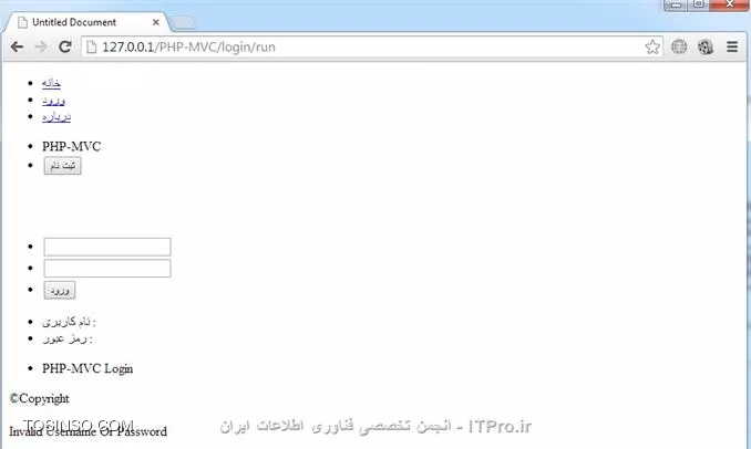 سلام به همگی دوستداران ITPro یه تغییر کوچولو توی روند آموزش ها دادم، از این به بعد در نظر دارم تو همین حین که آموزش های PHP جلو میره یه آموزش کوچیک هم درباره css و jquery  به کارمون اضافه کنم چون php کارا به غیر از اینکه باید به php مسلط باشن باید یه آشنایی خوبی هم با css و jquery داشته باشن . خوب تو این قسمت میخوایم یه دیتابیس با یه جدول واسه سایتمون ایجاد کنیم و با صفحه لاگین سایت وارد وب سایتمون بشیم و بعدش سایت رو از نظر امنیتی تست میکنیم ببینیم قابل نفوذ هست یا نه؟!  در ابتدا میایم یه فولدر بنام CSS توی پوشه اصلی وب سایتمون میسازیم و یه فایل بنام Login.css توش ایجاد میکنیم .کد Login.php (توی فولدر Login) بصورت زیر تغییر میدیم :
<htm>
<!DOCTYPE html PUBLIC -//W3C//DTD XHTML 1.0 Transitional//EN http://www.w3.org/TR/xhtml1/DTD/xhtml1-transitional.dtd>
<html xmlns=http://www.w3.org/1999/xhtml>
<head>
<meta http-equiv=Content-Type content=text/html; charset=utf-8 />

<link rel=stylesheet type=text/css href=CSS/Login.css/>

<title>Login</title>
</head>

<body>

	<div id=SingUp>
    	<ul>
        	<li id=title>
            	PHP-MVC
            </li>
            <li>
            	<input type=button id=Btn_SingUp value=ثبت نام name=Btn_SingUp />
            </li>
        </ul>
    </div>
    <br  /><br  />
    
	<div id=Login>
    	<div id=textbox>
            <ul>
                <li>
                    <input type=text id=txt_User name=txt_User />
                </li>
                <li>
                    <input type=text id=txt_Pass name=txt_Pass />
                </li>
                <li>
                	<input type=submit id=btn_Login name=btn_Login value=ورود />
            	</li>
            </ul>
    	</div>
        
        <div id=label>
            <ul>
                <li>
                    <label>نام کاربری : </label>&nbsp;
                </li>
                <li>
                    <label>رمز عبور : </label>&nbsp;
                </li>
            </ul>
        </div>
        
        <ul>
        	<li id=title>
                <div>
                    PHP-MVC  Login
                </div>
            </li>
        </ul>        
    </div>

</body>

</html>
<htm>
با استفاده از کد زیر (که در بالا اومده)
<htm>
<link rel=stylesheet type=text/css href=CSS/Login.css/>
<htm>
از کدهای Login.css توی Login.php استفاده میکنیم .
در ابتدا یه خروجی میگیریم (فعلاً هیچ قالبی ننوشتیم) :
||https://tosinso.com//files/get/baa4a88b-2da0-4fa1-8a3f-8d4587e0f8e3||
کد Login.css :
<css>
#SingUp, #Login
{
	border: 1px solid;
	margin: 0 auto;
}

#SingUp
{
	height: 90px;
}

#Login
{
	width: 550px;
}

#SingUp ul, #Login ul
{
	list-style: none;
}

#SingUp li
{
	float: left;
}
<css>
توی خط اول کد گفتم که یه کادر واسه دو تگ <div> بنامهای SingUp, #Login# بزاره و خط دوم هم margin برابر مقدار auto 0 قرار دادم چون میخوایم این دو تگ وسط صفحه قرار بگیرن .
زمانی که از تگ <ul> استفاده میکنیم، کنار مقادیر توی این تگ، یه مربع یا دایره قرار میگیره و چون نمیخوایم این مربع یا دایره نمایش داده بشن باید خاصیت list-style برابر none قرار بدیم .
اگه خواستیم مقادیر تگ <ul> بصورت افقی نمایش داده بشن باید خاصیت float تنظیم کنیم . ( که من این خاصیت برابر left تنظیم کردیم یعنی مقادیر از سمت چپ به راست بصورت افقی نمایش داده بشن ) 
و حالا یه خروجی دیگه میگیریم :
||https://tosinso.com//files/get/217befcb-8d0f-4f3c-bd43-06c9618cf017||
خوب حالا قسمت هایی رو باید تغییر بدیم :
<css>
#SingUp
{
	height: 90px;
	background-color: #6260b6;
}

#Login
{
	width: 550px;
	height: 200px;
	border: 1px solid;
	border-radius: 5px;
	border-color: #999;
}
<css>
با استفاده از خاصیت border-radius میتونیم گوشه های کادر  رو هلال کنیم .
اگه خواستید رنگهایی اختصاصی توی قالب سایت استفاده کنید میتونید برنامه فوتوشاپ باز کنید و رنگ خودتونو انتخاب کنید به صورت شکل زیر :
||https://tosinso.com//files/get/c38ce87b-4c19-49c1-b94b-50353575b8c2||
که من مقدار 6260b6 (که توی شکل معلومه) واسه خاصیت background-color قرار دادم .
سپس کدهای زیر رو اضافه میکنیم :
<css>
#SingUp #title
{
	font-size: 30px;
	font-weight: bold;
	color: #FFF;
	margin-right: 40px; 
	margin-left: 100px;
}
#Login #textbox
{
	position: absolute;
	margin: 45px 0 0 170px;	
}

#Login #label
{
	position: absolute;
	margin: 50px 0 0 80px;
}
<css>
با استفاذه از خاصیت margin یه فاصله میزارم سمت راست و چپ متن PHP-MVC (مقدار PHP-MVC توی تگ <div> با id بنام title قرار داده، توی کدایی که نوشتین معلومه).

یه خروجی میگیریم :
||https://tosinso.com//files/get/1891caf3-cfb8-4bb0-8203-d4c2a2e78566||
و حالا دوباره یه تغییر کوچیک میدیم :
<css>
#SingUp, #Login
{
	/*border: 1px solid;*/
	margin: 0 auto;
}
<css>
خوب حالا این کدهارو هم اضافه میکنیم :
<css>
#SingUp #Btn_SingUp
{
	background-color: #168500;
	border: 1px solid #999;
	width: 70px;
	height: 30px;
	color: #FFF;
	font-weight: bold;
	cursor: pointer;
}
<css>
خط آخر کد واسه این هست که هر وقت کاربر اشاره گر موس روی دکمه ثبت نام بگیره شکل اشاره گر (از شکل پیشفرض خودش یعنی فلش) تغییر کنه به شکل دست . 
کد زیر به قسمت SingUp #title# اضافه میکینم :
<css>
text-shadow: 0.5px 0.5px 5px #000;
<css>
کد زیر به قسمت SingUp #Btn_SingUp# اضافه میکینم :
<css>
text-shadow: 0px 0px 10px #FFF;
<css>
زمانی که بخوایم واسه متن سایه بزاریم از text-shadow استفاده میکنیم .
این تکه کد به کدهامون اضافه میکنیم :
<css>
#Login ul
{
	padding: 0;
}
<css>
کد بالا تمام فاصله های درون تگ <ul> (فاصله از بالا ، پایین ، چپ و راست) صفر میکنه .
یه خروجی میگیریم ببینیم چطور شد :
||https://tosinso.com//files/get/b67f1d57-2b8d-4325-9887-8c6d1190e7a5||
خوب این تکه کد باید تغییر بدیم :
<css>
#SingUp li
{
	float: left;
	margin-top: 20px;
}
<css>
حالا کدهای زیرو هم به کدامون اضافه میکنیم :
<css>
#Login #title
{
	border-bottom: 1px solid #999;
	margin: 0 20px 30px 20px;
}

#Login #title div
{
	color: #4d279c;
	font-weight: bold;
	padding-bottom: 5px;
}
<css>
با استفاده از خط اول، یه خط زیر میزازیم واسه پایین متن  PHP-MVC Login . توی خط دوم میایم یه فاصله 20px میزاریم از چپ و راست و از بالا فاصله صفر میزاریم و از پایین هم فاصله 30px میزاریم .
بعدش با استفاده از خاصیت padding-bottom یه فاصله 5px میزاریم بین متن PHP-MVC Login و خط زیر متن . 
حالا یه خروجی دیگه میگیریم .
||https://tosinso.com//files/get/6efa6362-4b43-4889-a7ff-1620f2951d3c||
خوب حالا این کدهارو هم اضافه میکنیم به کدهایی که تا الان نوشتیم :
<css>
#Login label
{
	color: #615f64;
}

#Login #label li
{
	margin-bottom: 5px;
}

#Login #textbox #txt_Pass
{
	margin-top: 5px;
}

#Login #textbox #btn_Login
{
	margin-top: 12px;
	background-color: #005caa;
	border: 1px solid #000;
	color: #FFF;
	width: 50px;
	height: 27px;
	font-weight: bold;
	margin-left: 3px;
}
<css>
حالا یه خروجی میگیریم ببینیم چطوری شد:
||https://tosinso.com//files/get/4463dd9f-3b94-48e5-a867-a71de1752d18||
تمام کد هایی که تا الان توی فایل Login.css نوشتیم :
<css>
#SingUp, #Login
{
	/*border: 1px solid;*/
	margin: 0 auto;
}

#SingUp
{
	height: 90px;
	background-color: #6260b6;
}

#SingUp #Btn_SingUp
{
	background-color: #168500;
	border: 1px solid #999;
	width: 70px;
	height: 30px;
	color: #FFF;
	font-weight: bold;
	cursor: pointer;
	
	text-shadow: 0px 0px 10px #FFF;
}

#SingUp #title
{
	font-size: 30px;
	font-weight: bold;
	color: #FFF;
	margin-right: 40px; 
	margin-left: 100px;
	
	text-shadow: 0.5px 0.5px 5px #000;
}

#SingUp ul, #Login ul
{
	list-style: none;
}

#SingUp li
{
	float: left;
	margin-top: 20px;
}

#Login
{
	width: 550px;
	height: 200px;
	border: 1px solid;
	border-radius: 5px;
	border-color: #999;
}

#Login #textbox
{
	position: absolute;
	margin: 45px 0 0 170px;	
}

#Login #label
{
	position: absolute;
	margin: 50px 0 0 80px;
}

#Login ul
{
	padding: 0;
}

#Login #title
{
	border-bottom: 1px solid #999;
	margin: 0 20px 30px 20px;
}

#Login #title div
{
	color: #4d279c;
	font-weight: bold;
	padding-bottom: 5px;
}

#Login label
{
	color: #615f64;
}

#Login #label li
{
	margin-bottom: 5px;
}

#Login #textbox #txt_Pass
{
	margin-top: 5px;
}

#Login #textbox #btn_Login
{
	margin-top: 12px;
	background-color: #005caa;
	border: 1px solid #000;
	color: #FFF;
	width: 50px;
	height: 27px;
	font-weight: bold;
	margin-left: 3px;
}
<css>

خوب تا اینجا یه قالب در حد معمولی واسه صفحه Login.php درست کردیم، حالا میایم کدهایی مینویسیم واسه وصل شدن به دیتابیس و استفاده از داده های جداول دیتابیس.
روی Wamp (کنار ساعت سیستم) کلیک میکنیم (البته اگه از برنامه Wamp استفاده میکنید) و PhpMyAdmin انتخاب میکنیم یا لینک زیر توی url وارد میکنیم و enter میزنیم .
<left>
http:////localhost//phpmyadmin 
<left>
یه دیتابیس به نام ITPro میسازیم و فعلاً یه جدول هم بنام tlb_UserPass هم واسه جدول نام کاربری و پسورد میسازیم بصورت زیر .
بعد از اینکه صفحه phpmyadmin باز کردیم به تب database میریم :
||https://tosinso.com//files/get/0b200874-4a14-4f6e-9f44-8051148ed0cc||
بصورت بالا یه دیتابیس به نام ITPro ایجاد میکنیم، سپس روی نام ITPro در سمت چپ کلیک میکنیم :
||https://tosinso.com//files/get/6b5df272-55c3-4ead-abd8-80a6aa6772fb||
جدولی به نام tlb_UserPass با سه ستون ایجاد میکنیم .
||https://tosinso.com//files/get/be0692d1-0208-428c-bee8-c905569bfeb1|| 
سه ستون بنامهای id , username , password ایجاد میکینم که چون میخوایم پسوردهایی که توی دیتابیس ذخیره میشه MD5 بشن بخاطر همین طولشو 32 گذاشتم و نام کاربری هم حداکثر باید 10 کاراکتر باشه (که این اختیاری هست) و مقدار collation هم گذاشتم utf8_persian، تا مقادیر فارسی هم بتونیم توی جدول وارد کنیم .  
خوب دیتابیس و جدولمونو ساختیم میریم سر وقت کدنویسی.
در ابتدا یه فایل بنام  Login_Model.php توی فولدر Models ایجاد میکنیم و کلاس Login_Model توش تعریف میکنیم :
کد Login_Model.php :
<php>
<?php

class Login_Model 
{
	function __construct()
	{
	}
	
	function run()
	{
		$link = mysql_connect('localhost', 'root', 'mr_prog');
		if (!$link) {
			die('Could not connect: ' . mysql_error());
		}
		$db_selected = mysql_select_db('ITPro', $link);
		if (!$db_selected) {
			die ('Can\'t use user_pass : ' . mysql_error());
		}
		
		$user = $_POST[txt_User];
		$pass = md5($_POST[txt_Pass]);
		$sql = select * from tlb_UserPass where username='{$user}' and password='{$pass}';
		$result = mysql_query($sql);
		if (!$result) {
			die ('Invalid query : ' . mysql_error());
		}
		
		if($row = mysql_fetch_row($result))
		{
			echo <br>welcome;
		}
		else
		{
			echo <br>Invalid Username Or Password;
		}
		die();
	}
}
<php>
یه تابع بنام run ایجاد میکنیم که توی خط اولش با استفاده از تابع mysql_connect به phpmyadmin وصل میشیم (در اینجا root و mr__prog به ترتیب یوزر و پسورد اکانت من هست  که باهاش وارد phpmyadmin میشم)
که توی خط بعدی گفتم اگه نتونیم به phpmyadmin وصل بشیم بهمون خطا بده، با استفاده از تابع mysql_select_db هم دیتابیس انتخاب می کنیم که توی خط بعد از اینم گفتم اگه مشکلی با  ارتباط به دیتابیس بوجود اومد بهمون خطا بده .
یورز و پسوردی که از کاربر میگیریم رو توی متغیر میریزیم و پسورد رو هم MD5 میکنیم . خط بعدی هم Query نوشتیم که گفتیم توی جدول بگرده و نسبت به ورودی ها (یعنی همون یوزر و پسورد) به ما نتیجه رو برگردونه که باز توی خط بعدی هم گفتیم اگه مشکلی توی Query بود و نتونست Query اجرا کنه بهمون خطا بده، سپس توی خط بعدی با استفاده از تابع mysql_fetch_row نتیجه Query رو توی یه متغیر بنام row$ میریزیم (خروجی آرایه هست) حالا اگه Query چیزی برامون برگردوند که تابع mysql_fetch_row تمام رکوردها رو توی متغیر row$ میریزه وگرنه چیزی توی متغیر ریخته نمیشه پس اگه یوزر و پسورد درست باشه به ما پیغام Welcome و اگه اشتباه باشه به ما پیغام Invalid Username Or Password میده حالا میایم یه تست میکینم البته قبلش باید یه تغییر توی کلاس Login بدیم :
کد Login.php (توی فولدر Controllers) :
<php>
<?php

class Login extends Controller
{
	function __construct()
	{
		parent::__construct();
		
		$this->view->Render(Login/index);
	}
	
	function run()
	{
		require(models/Login_Model.php);
		
		$L_M = new Login_Model();
		$L_M->run();
	}
}
<php>
که من یه تابع بنام run نوشتم و توش یه شی از کلاس Login_Model ایجاد کردم و تابع run توی کلاس  Login_Model  فراخوانی کردم .
حالا باید یه تغییراتی هم توی کد Index.php (که توی فولدر Login هست) بدیم، یه تگ <form> باز میکنیم و تگ <div> با id بنام Login رو توش قرار میدیم بصورت زیر :
<htm>
<form id=form_login name=form_login method=post action=Login/run >
	<div id=Login>
    		.
            .
            .
	</div>
</form>
<htm>
 خوب حالا کدهای کلاس Login_Model رو بصورت زیر تغییر میدیم :
دقت کنید زمانی که کاربر یوزر و پسورد خودشو وارد میکنه و روی دکمه ورود کلیک میکنه، تابع run از کلاس Login فراخوانی میشه یعنی اطلاعات (یوزر و پسورد) به این تابع فرستاده میشه .
در ضمن قبل از اجرای کدها، phpmyadmin رو باز کنید و توی جدول tlb_userpass یک یا چندتا یوزر و پسورد ذخیره کنید و پسوردی هم که ذخیره میکنید باید قبلش تبدیلش کنید به MD5 بعد ذخیرش کنید، خوب حالا میایم یه تست میکنیم ببینیم جواب میده یا نه ؟!!
||https://tosinso.com//files/get/23321b86-aa9e-48b8-8f4f-7f1026fb1600||
||https://tosinso.com//files/get/fc42ad59-c9e6-430a-9846-d0692a726583||
یوزر و پسورد وارد میکنیم و حالا میبینید که بهمون welcome داد پس یعنی همه چی درسته حالا پسورد اشتباه میدم ببینم چطور میشه :
||https://tosinso.com//files/get/1a927b12-9d7a-478d-8895-a306ac5fa5fd||
||https://tosinso.com//files/get/f827d3da-928b-4ee6-9fe1-68855d2aea0b||
میبینید که بهمون پیغام Invalid Username Or Password داد پس داره درست کار میکنه ولی اینجا یه سوالی پیش میاد که آیا این کدی که من الان نوشتم به درد بخور هست یا نه؟ 
یعنی یه هکر میتونه سایت منو هک کنه یا نمیتونه؟!!!!
یوزر رو   admin' or '0'='1  و پسورد رو هرچی خواستید وارد کنید (مثلاً alaki)
امتحان میکنیم....
||https://tosinso.com//files/get/f156b2da-42f0-4274-825d-6f540e0d3388||
||https://tosinso.com//files/get/9bdda32e-4ff7-49dc-bb7d-c035b62b7def||
چی شد؟؟ هکر راحت تونست بدون اینکه پسورد منو بدونه تنها با در دست داشتن یوزر من وارد سایت بشه!! حتی هکر یه جور دیگه هم میتونه اطلاعات رو وارد کنه یعنی بدون اینکه یوزر منو داشته باشه وارد سایت بشه بصورت زیر :
یوزر رو   #'alaki' or '1'='1  و پسورد رو هرچی خواستید وارد کنید (مثلاً alaki)
کاراکتر # یعنی هرچی بعد از این کاراکتر میاد به عنوان Comment یا توضیحات در نظر بگیر .
||https://tosinso.com//files/get/ae993aee-e753-4251-8c47-0631d93b37c1||
||https://tosinso.com//files/get/ac397c09-4c88-422d-a2e3-31746122b0b6||
میبییند که بازم وارد سایت شدیم حتی با اینکه نه یوزر داشتم نه پسورد، به این روش هک SqlInjection میگن که البته این یه نمونه از sqlinject بود که بهتون گفتم، راه های دیگه ای هم وجود داره که در آموزش های بعدی با باگهای دیگه هم آشنا میشیم و رفعشون میکنیم .امیدوارم از این قسمت هم استفاده لازم برده باشید، میخواستم تو این قسمت کمی درباره JQuery بگم ولی خوب آموزش خیلی طولانی شد، ایشالله توی آموزش بعدی هم این باگ رو برطرف میکنیم هم کمی درباره JQuery توضیح میدم .

نویسنده : مهدی رزمجویی
منبع : |جزیره طراحی و توسعه وب وب سایت توسینسو::https://tosinso.com/web|
هرگونه نشر و کپی برداری بدون ذکر منبع و نام نویسنده دارای اشکال اخلاقی می باشد
