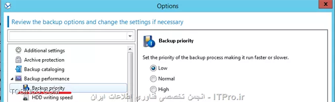!! Backup Option 
--
در این جلسه قصد دارم تنظیمات مهم Backup Option را توضیح بدم.
هر Backup Plan تنظیمات Backup option خودش را دارد که می توان این تنظیمات را در هر Planی تعقیر داد. 
این تنظیمات بسته به پارامترهای زیر می تواند تعقیر پیدا کند:
* نوع سیستم عامل 
* نوع دیتای که قراره Backup بگیرید (Disk-File)
* محل ذخیره سازی اطلاعات. (Local Disk- Share Storage)
* نوع Backup Scheme
این تنظیمات را می توان در این قسمت به آن دسترسی داشته باشید:
||http://tosinso.com/files/get/4c11bd06-5a0c-45a5-853c-9666d7029eee||
الان یه نگاهی به این تنظیمات بندازیم 
||http://tosinso.com/files/get/b4379cdc-d99d-4fe0-ae4a-adbaa19ac31e||
این تنظیمات در صورتی اعمال می شوند که مقصد فایهای Backup گرفته شده در یک removable media باشد.
# وقتی این گذینه فعال باشد در هر Backup گیری کادری ظاهر می شود که کاربر باید Ok کند. اگر Backup Plan شما بصورت Schedule باشد این گذینه را فعال نکنید.
# با فعال کردن این گذینه عملیات Deduplication فقط در مقصد duplicate at target  اجرا خواهد شد. برای اطلاع بیشتر درباره Deduplication |اینجا ::https://tosinso.com/articles/39125/%da%a9%d8%a7%d9%85%d9%84%d8%aa%d8%b1%db%8c%d9%86-%d8%a2%d9%85%d9%88%d8%b2%d8%b4-%d8%a8%da%a9%d8%a7%d9%be-%da%af%db%8c%d8%b1%db%8c-%d8%a8%d8%a7-%d8%a7%da%a9%d8%b1%d9%88%d9%86%db%8c%d8%b3-(Acronis-Backup)|کلیک کنید.
||http://tosinso.com/files/get/02c621e7-f798-462c-96d6-dec463d6c57e||
در این قسمت می توانید اطلاعات Backup گرفته شده (فایل های Backup گیری) را رمزگذاری کنید یا یک پسورد بر روی آنها ست کنید.
نکته: اگر بعد از ایجاد Backup Plan این Plan اجرا شود. دیگر تنظیمات بالا اعمال نمی شود.
||http://tosinso.com/files/get/59060c52-bddc-439c-a688-1b1ac5a45fc9||
Backup Cataloging یک فهرست از اطلاعات Backup گرفته شده ایجاد میکند تا به آسانی بتوانید Object مورد نظر را پیدا و Recovery کنید.
شما به دو شکل می توانید این قابلیت را تنظیم کنید:
گذینه 1 بصورت پیش فرض فعال است. وقتی این گذینه فعال باشد از حداکثر این قابلیت میتوانید استفاده کنید و جزئیات دقیق تری می توانید داشته باشید. وقتی این گذینه را انتخاب کنید اطلاعات زیر Catalog می شود:
||http://tosinso.com/files/get/ab87d8a8-ad56-4f11-b0ef-386b9c10868d||
گذینه 2 را وقتی فعال می کنیم که سرعت Backup گیری برای سازمان ما مطرح باشد. این گذینه اطلاعات زیر را Catalog می کند.
||http://tosinso.com/files/get/b48ee27e-099f-43b8-afc2-23961932a82f||
نکته: این تنظیمات برای VM ها بصورت Fast Cataloging ست شده است.
||http://tosinso.com/files/get/f860bcd0-2412-4456-a018-2a4998def467||
در این قسمت می توانید مشخص کنید این Backup Plan چه مقدار از منابع سخت افزاری استفاده کند؟؟ که بنا به خواسته شما یا سازمان می توانید این قسمت را تعیین کنید.
||http://tosinso.com/files/get/5e534449-7cee-4368-a4c6-9ed15218f3fb||
وقتی مقصد ذخیره سازی فایلهای Backup  گیری بر روی هارد درایو خود Managed Machine  ست شده باشد (Acronis Secure Zone) این تنظمات اعمال می شود. شما در اینجا می توانید سرعت نوشتن اطلاعات بر روی H.D.D را تنظیم کنید.
||http://tosinso.com/files/get/7c47617f-e669-4a01-89b7-d4dfb01dda4d||
وقتی مقصد ذخیره سازی اطلاعات بر روی شبکه باشد می توانید در این قسمت مقدار استفاده از پهنای باند شبکه را تنظیم کنید.
||http://tosinso.com/files/get/525bb838-d2c0-4b2d-bf09-42769b7b4c4d||
در این قسمت می توانید تعریف کنید که پروسه Backup گیری فایلهای Backup گرفته شده را به چه اندازه ای تقسم کند که دو گذینه داریم:
گذینه اول که بصورت پیش فرض انتخاب شده. وقتی این گذینه انتخاب شده باشد و اطلاعات بر روی درایوهای NTFS ذخیره شود و فضای کافی موجود باشد کل اطلاعات در یک فایل ذخیره می شود.ولی اگر اطلاعات بر روی Fat16 or Fat 32 ذخیره شود فایلهای Backup به قسمت های کمتر از  4G شکسته می شود. همچنان اگر اطلاعات بر روی FTP سرور ذخیره شود فایلهای Backup گیری کمتر از 2G تقسیم می شود. و اگر اطلاعات بر روی SFTP ذخیره شود کل اطلاعات Backup گرفته شده در یک فایل ذخیره می شود و اگر فضای کافی بر روی SFTP وجود نداشته باشد پروسه بکاپ Fail می شود.
گذینه دوم بر اساس مقدار حجمی که در این قسمت وارد می کنید فایلها شکسته می شود. 
||http://tosinso.com/files/get/86be3722-d37c-4d9d-9c36-202cbca69706||
سطح فشرده سازی فایلها بکاپ را می توانید از این قسمت مشخص کنید.
||http://tosinso.com/files/get/dce915fb-73fd-48ae-b43b-1f751f1321c7||
در این قسمت شما می توانید تعیین کنید که وقتی Error ی در حین اجرای Backup اتفاق افتد Acronis چه عکس العملی از خود نشون دهد.
# اگر این گذینه فعال باشد و مشکلی پیش آید که Acronis بتواند آن را هندل کند آن را نشان نمی دهد و پروسه Backup به کار خود ادامه می دهد. ولی اگر اخطاری باشد که باید ادمین آن را برطرف کند (مثلا فضای ذخیره سازی کم) پروسه متوقف می شود و منتظر عالیجناب ادمین می شود.
# این گذینه می تونه خیلی مفید باشه. مثلا فرض کنید پروسه بکاپ به دلایلی متوقف شد اگر این گذینه فعال باشد می توانید تنظیم کنید بعد از چند ثانیه پروسه Backup را تکرار کند اگر دوباره متوقف شد بعد از سپری شدن N ثانیه دوباره پروسه را از سر بگیرد... تا پروسه با موفقیت انجام شود.
# اگر در حین بکاپ هارد دیسک دارای Bad Sectorی باشد و این گذینه فعال باشد. Bad Sector نادیده گرفته می شود.
||http://tosinso.com/files/get/13fe8d69-a340-475e-bac1-5222cdcb9bc4||
در این قسمت می توانید تعیین کنید وقتی خطا و هشداری بر روی Managed Machine رخ دهد این رویدادها کجا ذخیره شود؟
که من تعیین کردم در Event Viewer در قسمت Application log ذخیره شود.
||http://tosinso.com/files/get/002fd6b0-e2f0-4ab8-a0bb-51feeb6dff05||
وقتی گذینه بالا فعال باشد Acronis برای فهمیدن تعقیرات در Fileها از سایز فایل و زمان/تاریخ آن استفاده می کند. اگر گذینه بالا را غیرفعال کنید Acronis یک فایل را در کل Storage  مقایسه می کند و اگر تفاوتی پیدا کرد از این فایل Backup می گیرد. این گذینه بصورت پیش فرض فعال است.
||http://tosinso.com/files/get/7a002afb-acba-4979-b604-d40d90b6247d||
این تنظیمات فقط برای سیستم عاملهای Linux و بر روی Disk-Level و File-Level قابل اعمال است.
این تنظیمات چگونگی گرفتن یک Snapshot از Logical Volume Manager را مشخص می کند. در این قسمت دو گذینه داریم که بصورت پیش فرض بر روی Acronis Backup ست شده .
وقتی گذینه Acronis Backup انتخاب شده باشد عملیات Snapshot بر عهده Acronis می باشد و او تمام تنظیمات لازم را انجام می دهد. 
ولی اگر گذینه Logical volume manager را انتخاب کنید عملیات گرفتن Snapshot بر عهده LVM می باشد.

*نحوه گرفتن Snapshot از LVMها:*
اگر در حین پروسه Snapshot فایلهای Backup گرفته شده تعقیر پیدا کنند و اگر این تعقیرات زیاد باشند این تعقیرات بصورت زیر ذخیره خواهند شد:
Acronis Backup: بیشتر اطلاعات در RAM ذخیره می شود و اگر حجم اطلاعات زیاد باشد آنها را در یک فایل موقت /tmp ذخیره می کند تا بعد آنها را در فایل Backup ذخیره کند.
Logical volume manager: اگر گرفتن Snapshot بر عهده LVM باشد LVM قبل از Snapshot یک Volume با نام Snapshot Logical Volume ایجاد می کند و اطلاعات تعقیر داده شده را در آن Volume ذخیره می کند. و بعد از Snapshot آن Volume را پاک می کند.
نکته: اگر فضای خالی بر روی Volume LVM نباشد Snapshot بصورت Acronis Backup گرفته می شود چون این روش نیازی به ایجاد Volume ندارد.
||http://tosinso.com/files/get/5f0d828d-293a-4412-a46d-938ccbd16209||
وقتی مقصد ذخیره اطلاعات بر روی DVD, CD و Storage های قابل حمل باشد می توانید از این تنظیمات استفاده کنید.
در این قسمت می توانید علاوه بر فایلهای Backup آز آن Storage یک Bootable Media ایجاد کنیدو به راحتی Client/Server را ریکاوری کنید. برای اطلاع بیشتر درباره Componentsها لینک زیر را بخوانید:
|ریکاوری کردن کل سیستم بر روی یک هارد دیسک جدید بوسیله Acronis True Image 2016::https://tosinso.com/articles/41964/%d8%a2%d9%85%d9%88%d8%b2%d8%b4-%d8%b1%db%8c%da%a9%d8%a7%d9%88%d8%b1%db%8c-%d8%a7%db%8c%d9%85%db%8c%d8%ac-%da%a9%d9%84-%d8%b3%db%8c%d8%b3%d8%aa%d9%85-%d8%b1%d9%88%db%8c-%d9%87%d8%a7%d8%b1%d8%af-%d8%ac%d8%af%db%8c%d8%af-%d8%a8%d8%a7-%d8%a7%da%a9%d8%b1%d9%88%d9%86%db%8c%d8%b3|
||http://tosinso.com/files/get/3e37ffe0-4e76-498a-8642-8eb4577c3105||
این قسمت فقط برای سیستم عاملهای ویندوزی و File-Level کاربرد دارد. 
آیا با Mount Point در Windows آشنائی دارید؟ 
||http://tosinso.com/files/get/446f0b89-b18a-416c-9b35-36abef551952||
چیز اسونیه ولی اسمش گندس :D
فرض کنید فولدر G:\Data1 را به عنوان Mount Point ایجاد کرده اید و این MP دارای دو فولدر x1 and x2 می باشد. 
اگر حین Backupگیری از درایو G گذینه Backup mount points ' target را فعال کنید فولدرهای x1 and x2 شامل پروسه Backup می شوند و اگر این گذینه فعال نباشد از محتویات MP بکاپ گرفته نمی شود.
اگر بصورت نورمال پوشه های Data و X1 and X2 برای Backup انتخاب کنید نیازی به فعال یا غیرفعال کردن گذینه بالا ندارید.
||http://tosinso.com/files/get/b6055154-7a69-4f6b-8583-a1cfad26cf69||
فقط برای پلتفرمهای ویندوزی و File-Level کاربرد دارد. 
# اگر این گذینه فعال باشد از NTFS Permission فایلها هم Backup گرفته می شود. اگر غیرفعال باشد هنگام ریستور فایلها Permissionها را از فولدر بالا دستی به ارث می برد.
# اگر این گذینه فعال باشد و از فایلهای که رمزگذاری شده باشد Backup بگیرید هنگام ذخیره این Backup در Storage اکرونیس این فایلها را رمزگشای می کند و در نتیجه بعد از ریستور همه کاربران می توانند به این فایلها دسترسی داشته باشند.
||http://tosinso.com/files/get/7ff7136e-c093-4fe3-bfcf-bee90f9bb7e9||
  فقط برای پلتفرمهای Windows کاربرد دارد.
اگر این قسمت را فعال کنید از تمام Volume در آن واحد یک Snapshot تهیه می کند وگرنه یکی پس از دیگری از آنها Snapshot تهیه می کند.
||http://tosinso.com/files/get/091dd484-4085-486d-84bc-de8268a0877b||
این قابلیت فقط برای بکاپهای Disk-Level کاربرد دارد.
اگر این قسمت را فعال کنید از سکتور، سکتور هارد دیسک Backup می گیرد. و برای جاهائی که Acronis فایل سیستم دیسکی را پشتیبانی نمی کند کاربرد دارد.
||http://tosinso.com/files/get/e06c4455-fbc0-47e9-93a4-dc76523e40f4||
این قسمت فقط برای پلتفرمهای Windowsی کاربرد دارد.
شما در اینجا می توانید VSS را تنظیم کنید ولی قبل از اینکار یه توضیح کوتاه درباره VSS Write بدم که دید بهتری نسبت به این تنظیمات داشته باشیم
VSS Writer سرویسی در Volume Shadow Copy Service می باشد که به Application های Backup گیری می فهماند چگونه از یک برنامه و داده های آن Backup بگیرد. مثلا Exchange از Microsoft Volume Shadow Copy Service برای اینکار استفاده می کند یا بعضی از برنامه ها VSS خاص خودشون را دارند. یا بعضی از دیوایسهای ذخیره سازی برای گرفتن Snapshot از یک برنامه، از Hardware VSS خود استفاده می کنند مثل سناریوهای Off-Host.
خب شما در این قسمت می توانید تنظیم کنید از VSS استفاده شود یا نه؟ یا اگر از VSS استفاده شود چه نوع VSS استفاده کند؟
||http://tosinso.com/files/get/4177596c-87dd-4b03-bbe6-928c1ce27cd2||
# Acronis اول چک می کند برنامه مورد نظر از Hardware VSS استفاده می کند یا نه؟ اگر نه از Software-based provider استفاد می کند و در آخر چک می کند ازکدام VSS استفاده کند؟ Acronis VSS یا Microsoft VSS.
# اگر این گذینه انتخاب شود Acronis از VSS خود برنامه استفاده می کند اگر VSS برنامه مورد نظر تشخیص داده نشد Acronis ازAcronis VSS or Microsoft VSS استفاده می کند.
# از VSS اکرونیس استفاده می کند.
# از Microsoft VSS استفاده می کند. اگر قصد تهیه Backup از AD, Exchange, SQL, SharePoint را دارید از این گذینه استفاده کنید.
# با انتخاب این گذینه Acronis فقط از VSS برنامه مورد نظر استفاده می کند.
# از Hardware VSS استفاده می کند.
در آخر گذینه Enabling VSS Full backup را درصورتی انتخاب کنید که قصد تهیه Backup بصورت Disk-Level از Exchange را داشته باشید. اگر این گذینه فعال باشد بعد از تهیه بکاپ اکرونیس Log file ها را Truncated می کند (حذف می کند)
نکته: اگر Acronis Backup agent for Exchange یا برنامه دیگری از اطلاعات Exchange بکاپ تهیه می کند این گذینه را فعال نکنید.

موفق و پیروز باشید. 

نویسنده: احمد جهلولی 
منبع: |جزیره راهکارهای ذخیره سازی اطلاعات وب سایت توسینسو ::https://tosinso.com/virtualization|
نشر و کپی برداری، صرفاً با ذکر نام نویسنده و منبع مجاز می باشد. 