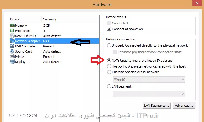 در این آموزش قصد دارم نحوه راه اندازی و استفاده از نرم افزار Net Support School رو بر روی VMware به صورت شماتیک توضیح بدم گرچه این روش در عمل کاربردی نداره ولی یک روش تمرینی خوب برای یاد گرفتن این نرم افزار کاربردی است. قسمت اول این اموزش مربوط به راه اندازی ماشین مجازی هست (اگر اشنایی دارید به بخش دوم مراجعه کنید) و بخش دوم استفاده از نرم افزار Net Support  ، در این مطلب آموزشی بر اساس یک سناریو نصب و راه اندازی VMWare و اتصال آنها به اینترنت و ایجاد یک شبکه داخلی و سپس راه اندازی نرم افزار کاربردی Net Support بر روی 3 ماشین VMWare که یکی از آنها به عنوان دستگاه معلم (Tutor) و 2 دستگاه دیگر به عنوان دانشجو (Student) شبیه سازی میشود.بر طبق این سناریو به ترتیب زیر 3 ماشین VMWare ایجاد میشود.
قدم اول : ایجاد یک ماشین مجازی جدید به ترتیب زیر:
||http://tosinso.com/files/get/c422d8d5-5359-4b5d-90c2-fcb1334963ef||
قدم دوم : یکی از دو حالت Typical یا Custom را انتخاب کرده و Next را میزنیم.
||http://tosinso.com/files/get/823e8f27-f990-4c0b-aecc-6d8c7c62d77e||
قدم سوم : در این مرحله میتوانیم محل فایل ایزوی ویندوز 8 را مشخص کرده و یا ان را به بعد موکول کنیم.
||http://tosinso.com/files/get/e76fa852-0add-402d-bf8f-fbc98eacfa0f||
قدم چهارم : در این مرحله نوع سیستم عامل و ورژن محصول را انتخاب میکنیم.
||http://tosinso.com/files/get/cf51fbad-5deb-4a73-a59a-382aec627b84||
قدم پنجم : نام ماشین مجازی را مشخص میکنیم.
||http://tosinso.com/files/get/3e1aa1aa-a0ca-4a3f-a1b6-4395d6e32c1f||
قدم پنجم : سپس با زدن Customize Hardware میتوانیم تنظیمات سخت افزاری ماشین مجازی را به دلخواه خود انجام دهیم.
||http://tosinso.com/files/get/25545a3a-c7b0-4914-b95c-03aed588ef1b||
قدم ششم : در این مرجله مقدار RAM ماشین مجازی را از طریق اسکرول تعبیه شده در سمت راست تعیین میکنیم
||http://tosinso.com/files/get/da09ec39-1df7-4d9b-aac9-fd883305fda9||
قدم هفتم : سپس تعداد پردازنده ها را مشخص میکنیم.
||http://tosinso.com/files/get/1d0edb30-b02e-40c6-85c2-5574c6e1d227||
قدم هشتم : در این مرحله حالت کارت شبکه خود را تعیین میکنیم. با توجه به شکل زیر 5حالت کارت شبکه مجازی در Vmware در نطر گرفته شده است که با توجه به سناریو NAT میتواند بهترین گزینه باشد.(نیاز به انصال هر ماشین به اینترنت بوده و ماشین ها باید به یکدیگر متصل شده و همدیگر را ببینند.)
||http://tosinso.com/files/get/f8e997b9-4baa-4268-86ad-4f2e0f0222f0||
قدم نهم : سپس مسیر فایل ایزوی سیستم عامل را تعیین میکینم.(در این سناریو هر 3 ماشین VM ویندوز 8.1)
||http://tosinso.com/files/get/87f047ce-6fe4-4f63-b3d0-e83871c302d7||
قدم دهم : سپس ویندوز 8 را نصب میکینم.
||http://tosinso.com/files/get/216fe59a-573e-4caa-ab1b-b3cd65d782ed||
قدم یازدهم : بعد از نصب هر VM میبایست برای هر ماشین VM Tools را هم برای راحتی کار و همچنین انتقال فایل نصب نرم افزار net support به ترتیب زیر نصب میکنیم
||http://tosinso.com/files/get/63d756e9-0dce-49e3-9133-8748cf1b65d6||
 قدم دوازدهم : همانطور که در شکل زیر میبینیم درایو مجازی VM Tools بر روی ماشین مجازی Mount شده و به راحتی کار نصب را انجام میدهیم.
||http://tosinso.com/files/get/e50fa9fe-5369-4f2f-9595-7865d66f7ae8||
قدم سیزدهم : فایل نصب نرم افزار Net Support را از سایت www.netsupportschool.com دانلود کرده و با توجه به نصب VM Tools فایل setup را به راحتی بر روی هر 3 ماشین کپی میکنیم.
||http://tosinso.com/files/get/3a7ac53b-a43d-4d6b-a562-f58857315000||
قدم چهاردهم : سپس بر روی ماشین Tutor فایل setup نرم افزار net support را اجرا کرده و آن را نصب میکنیم. و مراحل زیر را تا نصب کامل نرم افزار طی میکنیم.
||http://tosinso.com/files/get/1649c9b5-40b6-4119-87ab-30d4c5267f1f||
||http://tosinso.com/files/get/458a6a5a-586b-49d4-8109-ecc8097e1ae5||||http://tosinso.com/files/get/96eafb8c-56d5-477e-81ed-88eac296b9d5||
قدم پانزدهم : در این مرحله نوع کاربری net support را مشخص کرده که بر طبق سناریو برای یک ماشین Tutor و برای 2 ماشین student را نصب میکنیم.
||http://tosinso.com/files/get/36d33d42-ebea-40f2-980b-3f4f6ae16b1b||
||http://tosinso.com/files/get/db9bcd32-9c35-4e83-a9dd-cdb9e4ef1133||
قدم شانزدهم : بعد از اتمام نصب net support بر روی 3 ماشین مجازی در صورتی که هر 3 ماشین دسترسی به اینترنت نداشته باشند مراحل زیر را انجام میدهیم. ابتدا از منوی Edit گزینه Virtual Network Editor  را انتخاب کرده.
||http://tosinso.com/files/get/c7dc2761-ebdd-41a8-81d8-69dc5c804b73||
قدم هفدهم : با توجه به سناریوی تعیین شده برای هر 3 ماشین کارت شبکه در حالت NAT قرار داده شده در Virtual Network Editor بر روی VMnet 8 کلیک کرده تا تنطیمات NAT برای ماشین مجازی را انجام دهیم. همینطور که مشخص است کارت شبکه  در حالت NAT که بر روی سیستم عامل کامپیوتر میزبان ایجاد شده دارای محدوده IP : 192.168.113.0 بوده و بنابراین به منطور ایجاد ارتباط بین 3 ماشین مجازی این 3 ماشین هم باید از همین range ای پی اختصاص داده شود. به این منظور باید تیک use local DHCP service to distribute ip address to VMS را زده تا به هر سه ماشین از رنج IP مورد نطر به صورت اتوماتیک داده شود.(با این کار هم دسترسی به اینترنت برای 3 ماشین فراهم شده و هم هر 3 ماشین همدیگر را دیده و میتوانند با یکدیگر ارتباط درون شبکه ای داشته باشند.
||http://tosinso.com/files/get/3424910e-2f2b-4255-866e-2e8218e5e0ae||
بعد از این کار بر روی ماشین Tutor  آی پی های 2 ماشین دیگر را ping کرده تا از داشتن ارتباط اطمینان حاصل کنیم. بدین صورت هر 3 ماشین مجازی آماده برقراری ارتباط از طریق net support را داشته و میتوانیم محیط آموزشی net support را استفاده کنیم.
1- ایجاد یک room مجازی در ماشین Tutor: با اجرای نرم افزار net support پنجره زیر باز شده و استاد باید فیلدهای مربوطه را به ترتیب زیر پر کرده و سپس اتاق مجازی آموزشی را ایجاد کند.
||http://tosinso.com/files/get/20e36747-eb63-4f1c-9b77-ff19a8514c73||
2- بعد از کلیک کردن بر روی دکمه new پنجره زیر باز شده و استاد باید یکی از حالتهای زیر را به عنوان شروع کننده کلاس انتخاب کند. مورد اول Room Mode میباشد که این حالت به شما اجازه میدهد که کامپیوترهای داخل یک کلاس را گروه بندی کرده و دانشجویان میتوانند به این اتاق اموزشی برای شروع کلاس بپیوندند. حالت دوم  PC Mode میباشد که به شما اجازه میدهد که یک تعدادی کامپیوتر را که با هم در یک اتاق در اتصال هستند از طریق کابل را به هم متصل کرده و یک کلاس مجازی آموزشی تشکیل دهید. حالت سوم User Mode میباشد که به شما اجازه میدهد یک تعداد دانشجو را با استفاده از پروفایل های انها به کلاس اضافه کنید. حالت چهارم یک حالت ساده بوده که در ان شما به سادگی میتوانید شبکه موجود را جستجو کرده و همه دانشجویان را به کلاس مورد نظر اضافه کنید.
در این سناریو ما از حالت دوم استفاده میکنیم.
||http://tosinso.com/files/get/6b6cc5f8-5dcb-4fc8-8146-14b1744ccfa2||
3- در این مرحله پنجره Create Class باز شده و در این مرحله باید PC های دانشجویان کلاس را ابتدا جستجو کرده و سپس همه انها رو به کلاس اضافه کنیم.
||http://tosinso.com/files/get/be28d2da-cf20-4773-b06f-c3fdb16da00a||
||http://tosinso.com/files/get/7661349e-a09e-4f09-92e9-af40f2774d9b||
4-دبعد از ایجاد کلاس پنجره اصلی نرم افزار به صورت زیر میباشد و دانشجویان اضافه شده قابل روئیت میباشند.
||http://tosinso.com/files/get/4b4fd644-7999-4cf0-a5d8-3299d62a5923||
5- تب دوم این اجازه را به استاد داده تا نمایی از desktop های دانشجویان حاضر در کلاس را روئیت کرده و به نوعی انها را کنترل کند. علاوه بر ان استاد قادر است با کلیک کردن بر روی هر کدام از پنجره های پیش نمایش دسکتاپ دانشجویان به صورت remote به کامپیوتر دانشجوی مورد نظز دسترسی پیدا کند.
||http://tosinso.com/files/get/ace1446a-e122-460d-9987-f9b463cb2894||
6- در تب سوم که با ایکون های هد ست مشخص شده است استاد قادر است با کلیک بر روی Announce نوعی اطلاع رسانی را به دانشجویان ارسال کند. علاوه بر این استاد قادر بوده که با برداشتن تیک های بلندگو و میکروفون انها را از در کامپیوترهای دانشجویان از کار بیندازد.
||http://tosinso.com/files/get/9f032a1c-4787-4699-b565-85d2642adce8||
||http://tosinso.com/files/get/0379be7c-1a46-4d1c-b867-a36e50371cf6||
7-  در تب بعدی استاد قادر بوده که انواع سوالات را برای کل کلاس یا بخشی از کلاس مطرح کرده و جواب را هم از سوی دانشجویان دریافت کند.
||http://tosinso.com/files/get/c43fd40a-56a3-4579-afa2-0d3c41e151c3||
اولین مدل از سوالات First to answer میباشد که استاد با مطرح کردن یک سوال در کلاس گزینه مورد نظر را کلیک کرده و دانشجویان بر روی کامپیوترشان با پیغام زیر مواجه شده و اولین دانشویی که بر روی answer کلیک کند قادر خواهد بود تا سوال را جواب دهد.
||http://tosinso.com/files/get/95439e52-493b-4c49-9402-0a32e6e1f655||
||http://tosinso.com/files/get/38b943ed-8471-4716-adaf-fb8c6d71ded0||
بعد از پاسخ دادن به سوال بر روی پروفایل دانشجوی مورد نطر به شکا زیر 2 گزینه تیک و ضربدر در اختیار استاد قرار گرفته و صحیح یا نا درست بودن پاسخ دانشجوی مورد نظر را میتواند تعیین کند. 
||http://tosinso.com/files/get/a7d4b650-28eb-4d96-9b8f-c848ea3d257f||
در صورت درست بودن پاسخ دانشجوی مورد نظر یک ستاره به عنوان جایزه دریافت میکند.
||http://tosinso.com/files/get/fe29b122-7d8d-4d88-9c36-c5a5c5ab42fc||
نوع دوم سوال Enter an answer میباشد .
||http://tosinso.com/files/get/f0be3aa6-ecc8-4a26-83aa-4baf570f662d||
در این حالت استاد پاسخ صحیح را در کادر مورد نظر وارد کرده و بعد از مطرح کردن سوال بر روی Go کلیک کرده .
||http://tosinso.com/files/get/fea2b766-7725-41c2-952c-fadb8d7d2639||
همانطور که در شکل زیر نشان داده شده به محض کلیک کردن Go توسط استاد پنجره ای به شکل زیر در PC های دانشجویان ظاهر شده است
||http://tosinso.com/files/get/4e008f76-53c9-4d19-a40e-2e7d0117e3c1||
 و بعد از اتمام زمان تفکر دانشجویان قادر به پاسخگویی خواهند بود.
||http://tosinso.com/files/get/386151ee-a2eb-4cea-b35f-49f6fdb431e1||
بعد از پاسخگویی به سوال دانشجویان به شکل زیر از پاسخ دیگر دانشجویان مطلع میشوند و میتوانند خود را نسبت به کلاس ارزیابی کنند.
||http://tosinso.com/files/get/b9086a56-03ff-4c51-8ccd-47b4fdc36cd7||
همچنین استاد بعد از پاسخگوی دانشجویان به شکل زیر از پاسخ انها مطلع خواهد شد که رنگ قرمز نشان دهنده پاسخ اشتباه و رنگ سبز نشان دهنده دانشجویانی است که پاسخ صحیح را وارد کرده اند.
||http://tosinso.com/files/get/9ea7cab7-6aa7-4e01-9c4e-94cbfab24849||
در تب بعدی استاد قادر خواهد بود تا نوعی محدودیت برای دانشجویان کلاس از لحاظ دسترسی به  وب سایت های مختلف تعیین کندو ستون سمت راست برای وب سایت های ممنوعه بوده که استاد با کلیک بر روی علامت مثبت (سبز رنگ) وب سایت های ممنوعه را تعیین کند و در اینصورت دانشجویان قادر نخواهند بود به وب سایت های مذکور دسترسی پیدا کنند.
||http://tosinso.com/files/get/d8048463-751d-4453-ae99-dcd5a8c7405b||
از ستون چپ نیز استاد قادر بوده تا وب سایت های مورد تایید را اضافه کند و اجازه دسترسی را به دانشجویان داخل کلاس به وب سایت های مذکور بدهد.
||http://tosinso.com/files/get/589718f6-fc60-49b9-9985-800e2d2eb8f8||
علاوه بر این استاد قادر بوده با استفاده از دکمه های پایین صفحه  همه وب سایت ها را بلاک کند.
||http://tosinso.com/files/get/0f56aec7-c81f-4ee3-80c6-c9c1d1f93930||
در تب بعدی استاد قادر خواهد بود نوعی همه پرسی از کلاس انجام داده تا به نتیجه مورد نظر با استفاده از جواب ها برسد.
||http://tosinso.com/files/get/111fb50a-c772-4a68-85c9-6a3786756ebd||
در این تب ابتدا استاد سوال رو مطرح کرده و نوع پاسخ را از نوار کیک کشویی زیر response انتخاب کرده و سپس بر روی send کلیک کرده و ان را برای همه دانشجویان ارسال کند.
||http://tosinso.com/files/get/fe6c9156-519e-43a2-8ef5-b14047da890c||
به محض ارسال سوال پنجره زیر برای همه دانشجویان باز شده و میتوانند به سوال پاسخ دهند.
||http://tosinso.com/files/get/4700ffba-1dec-4e2f-a5f6-e13b72993e86||
بعد از پاسخ دادن همه دانشجویان استاد قادر خواهد بود تا از ستون سمت راست درصدی از پاسخ های تعیین شده را مشاهده کرده و ارزیابی مورد نظر را از سوال خود انجام دهد.
||http://tosinso.com/files/get/3371a176-c0f2-44e0-b907-2437197d2d3f||
تب بعدی دسترسی پرینتر به دانشجویان میباشد که استاد با استفاده از دکمه های پایین پنجره میتواند عملیات پرینت را متوقف و بلاک و یا برای همه دانشجویان آزاد کند.
||http://tosinso.com/files/get/6efcb071-3ec3-4396-858e-73aa8fe0ab01||
در تب بعدی استاد قادر خواهد بود تا فرایند مانیتورینگ فعالیت های دانشجویان را با کلیک بر روی Monitor Activity فعال یا غیر فعال کند و علاوه بر ان از این تب استاد قادر است دانشجویان را بلاک کند. 
||http://tosinso.com/files/get/2b3ac1f5-48b6-4860-8f14-02fe9e29cc53||
در تب بعدی استاد میتواند سطح دسترسی دانشجویان را به CD/DVD و USB تعیین کند.
||http://tosinso.com/files/get/f2d8851f-a280-4c91-b15f-781145d9dd4a||
آخرین تب یکی از پر کاربردترین تب ها بوده که استاد قادر است با ایجاد یک صفحه White Board تدریس را انجام دهد. برای نمایش White board برای همه دانشجویان استاد بر روی Show کلیک کرده که به محض کلیک صفحه White Board بر روی مانیتور دانشجویان ظاهر میشود. در این صفحه ابزارهای زیادی برای تدریس همچون ایجاد متن و استفاده از قلم و خطوط و اشکال مختلف به تدریس بپردازد. علاوه بر ان استاد میتواند رنگ قام و ضخامت ان و همچنین فونت متن ها را تغییر دهد و در نهایت میتواند صفحه کذکور را ذخیره و صفحه جدیدی ایجاد کند.
||http://tosinso.com/files/get/ada000e7-0f9b-43af-9c34-a189be039f81||
یکی از منوهای کاربردی در این نرم افزار استاد میتواند تکالیف مورد نظرش را برای دانشجویان به طریقه زیر ارسال کند.
||http://tosinso.com/files/get/2896704a-8fdd-4dae-9f3b-b79a39014eeb||
بعد از انتخاب Send Work پنجره زیر باز شده و استاد میتواند تکلیف کورد نظر را که در قالب یک فایل text ذخیره کرده است را انتخاب کرده و همچنین تایین کند که فایل مورد نظر در چه مکانی از PC های دانشجویان کپی شود.
||http://tosinso.com/files/get/c0e03536-c30b-4855-bab8-66fbb6028b8f||
 سپس با کلیک بر روس send فایل text بر روی PC دانشجویان کپی میشود .
||http://tosinso.com/files/get/57210fb5-f5ce-4204-8db9-cffb9c23b4b9||
و دانشجویان قادر خواهند بود که فایل مورد نطر را باز کنند و محتویات تکلیف تایین شده از طرف استاد را ببینند.
||http://tosinso.com/files/get/b123fd5a-c981-4f8e-93a2-6f8b19764f49||
از دیگر منوهای کاربردی برای استاد ایکون های Lock , Unlock می باشد که استاد در صورتی که نیاز داشته باشد از دیدن صفحه نمایش خود برای دانشجویان جلوگیری کند بر روی Lock کلید کند.
||http://tosinso.com/files/get/7cd4174b-5e72-4557-8829-a89cd38b499d||
به محض کلیک استاد بر روی Lock صفحه نمایش PC های دانشجویان به وضع زیر خواهد درامد.
||http://tosinso.com/files/get/824e86cf-bae2-4893-b83f-98eee194ff4d||
از منوی show استادی میتواند صفحه نمایش خود را به حالتهای مختلف برای دانشجویان برای انجام تدریس در بیاورد.
||http://tosinso.com/files/get/dab9a896-a5ad-43d2-ab1c-3dfaa806d6c6||
نحوه حضور و غیاب با استفاده از نرم افزار Net Support به شکل زیر بوده و استاد با کلیک بر روی منوی Student register انها را در کلاس ثبت نام کند. 
||http://tosinso.com/files/get/3c183ee7-76e8-4582-b18d-21d93a276350||
به محض کلیک استاد بر روی register پنجره ای به شکل زیر بر روی صفحه نمایش دانشجویان ظاهر شده که دانشجویان موظف به پر کردن فیلدهای خالی بوده و ان را تایید کنند.
||http://tosinso.com/files/get/9ada9676-2aec-4af3-a76a-2d1cd9668e05||
بعد از انجام حضور و غیاب استاد میتواند یک گزارش از ان را در قالب یک فایل با پسوند .csv ذخیره کند.
||http://tosinso.com/files/get/360717e1-6f4f-4c6f-b18d-85197b6afa0f||
همچنین استاد میتواند با کلیک بر روی registration report کلیک کند.
||http://tosinso.com/files/get/773a472f-124e-4362-b5ee-6a18a228ae53||
به محض کلیک بر روی registration report میتواند گزارشی از دانشجویان حاظر در کلاس و فعالیت های انها مشاهده کند.
||http://tosinso.com/files/get/c499c1b6-048b-4abb-a841-0fa9fb9c26cf||
از دیگر قابلیت های این نرم افزار chat , ارسال پیغام خصوصی از طرف استاد به دانشجویان میباشد.
||http://tosinso.com/files/get/e14a8f27-cb16-4a9f-aa1a-b020b050abd5||
در شکل زیر نمونه ای از محیط chat باز شده توسط استاد با یک دانشجو میباشد.
||http://tosinso.com/files/get/d3ee9b19-2dcb-45cf-add0-d4c87dba65cc||
در پایان استاد میتواند کلاس را به طرز زیر به پایان برساند.
||http://tosinso.com/files/get/13c9666a-fb77-4b8b-bddd-d6aedc050515||


نویسنده : رضا حاج فرج 
منبع : |جزیره مجازی سازی وب سایت توسینسو::https://tosinso.com/virtualization|
هر گونه کپی برداری بدون ذکر منبع غیر اخلاقی است. 
